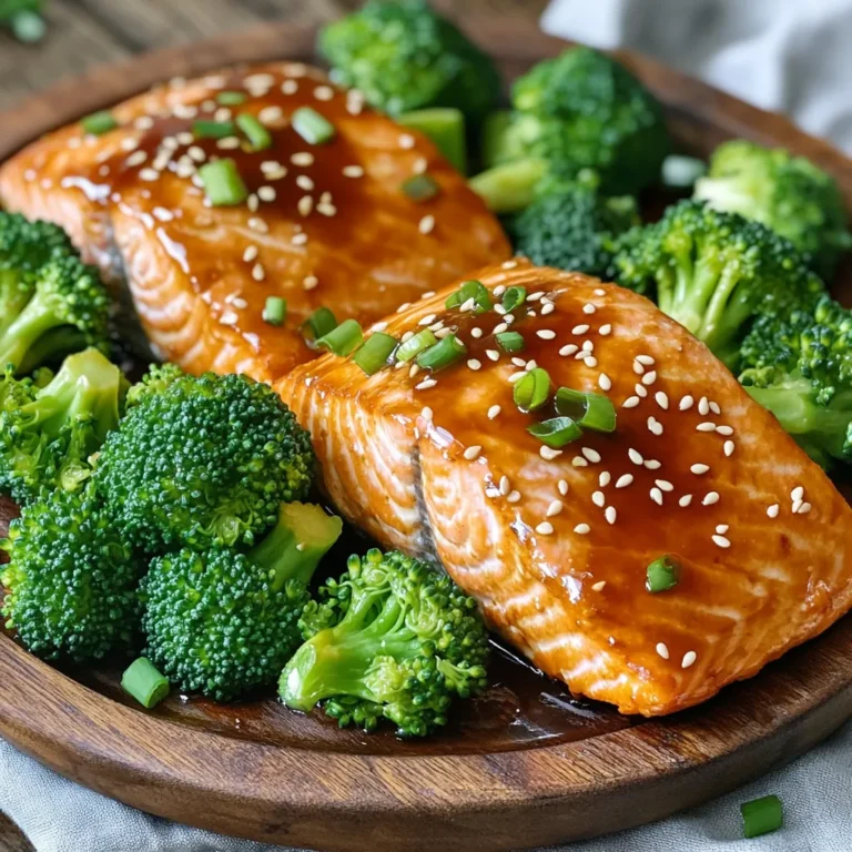 - 2 salmon fillets (about 6 oz each) - 1 cup broccoli florets - ¼ cup teriyaki sauce (store-bought or homemade) - 1 tablespoon honey - 1 teaspoon sesame oil - 1 teaspoon minced garlic - 1 teaspoon grated ginger - Salt and pepper to taste - 1 tablespoon sesame seeds (for garnish) - Chopped green onions (for garnish) To make Air Fryer Teriyaki Salmon with Broccoli, you need fresh salmon and bright green broccoli. The teriyaki sauce adds a sweet and savory flavor. Honey and sesame oil enhance the taste. Minced garlic and grated ginger bring depth to the dish. Use salt and pepper to balance all the flavors. For garnishing, sesame seeds and chopped green onions add a nice touch. This simple list gives you everything you need for a tasty meal. To start, grab a small bowl. In it, mix together the teriyaki sauce, honey, sesame oil, minced garlic, and grated ginger. This mix adds a lovely flavor to the fish. Next, take your salmon fillets and place them in a shallow dish. Pour the marinade over the fillets. Make sure to coat them well. Let the salmon marinate for at least 15-20 minutes. This time allows the flavors to soak in. While your salmon marinates, it's time for the broccoli. First, wash the broccoli florets. Then, trim them into small pieces. Place the florets in a bowl. Drizzle some olive oil over them. Next, sprinkle a pinch of salt and pepper. Toss everything together until the florets are well coated. This step adds great taste to the broccoli. Now, let’s get cooking! Preheat your air fryer to 400°F (200°C). This step usually takes about 3-5 minutes. Once it’s hot, place the salmon fillets in the air fryer basket. Be sure to place them skin-side down. Cook the salmon for about 8-10 minutes. It should be cooked through and flake easily with a fork. After 4 minutes, carefully add the broccoli florets to the air fryer basket. Cook both the salmon and broccoli together for about 6-7 minutes. It's best to shake the basket halfway through to ensure even cooking. Check the doneness of both before serving. To get the best flavor, marinate your salmon for at least 15-20 minutes. This time allows the teriyaki sauce to soak in. You can use store-bought sauce for ease, but I recommend making your own for a richer taste. A mix of soy sauce, honey, garlic, and ginger gives you a fresh twist that elevates the dish. To check if your salmon is done, use a fork. When it flakes easily, it’s ready. For broccoli, look for a bright green color and a tender bite. You want it slightly crispy, not mushy, to balance the salmon's texture. If your salmon fillets are thick, you may need to cook them longer. Adjust cooking time by a few minutes if needed. Different air fryer models may cook unevenly, so keep an eye on your food. Always check halfway through for the best results. {{image_2}} You can change up the veggies in this dish. Try using snap peas, bell peppers, or carrots. Each adds a different taste and texture. Here are some cooking times for these veggies: - Snap Peas: Cook for 4-5 minutes. - Bell Peppers: Cook for 6-8 minutes. - Carrots: Cook for 8-10 minutes. This way, you can mix and match to keep things fresh and fun. You can switch the teriyaki sauce for other sauces too. Soy sauce brings a classic flavor. If you like spice, add some chili paste or hot sauce. You can also add nuts like cashews or almonds for crunch. Seeds like sunflower or pumpkin will work well too. Try different combos to find your favorite! This dish pairs great with rice or quinoa. The grains soak up the sauce well. You can also add a salad or some roasted sweet potatoes for a complete meal. Both options add color and flavor to your plate. Feel free to get creative and make it your own! Store cooked salmon and broccoli in an airtight container. This keeps them fresh. Place the container in the fridge. Use leftovers within three days for the best taste. Let the salmon cool to room temperature before sealing. This step helps prevent moisture buildup. Reheat salmon and broccoli in the air fryer for the best texture. Set the air fryer to 350°F (175°C). Heat for about 5 minutes. Make sure to check that the salmon is warm throughout. Avoid reheating too long. Overcooking makes the salmon dry and the broccoli mushy. You can freeze salmon and broccoli if you have extra. Wrap each salmon fillet tightly in plastic wrap. Place broccoli in a freezer bag. Remove as much air as possible from the bag. This keeps them fresh for up to three months. For thawing, move the salmon and broccoli to the fridge overnight. This helps maintain the best quality. You can also use the microwave on defrost mode for a quicker option. I recommend marinating salmon for at least 15-20 minutes. This time allows the flavors to soak into the fish. If you have more time, marinate it for up to an hour for a deeper flavor. Yes, you can! Bake the salmon in an oven at 400°F (200°C) for about 12-15 minutes. Steam or sauté the broccoli on the stovetop until tender. This method still gives you a tasty dish. You can serve teriyaki salmon with white rice or brown rice for a filling meal. Quinoa or a fresh salad also pairs well. Add some pickled vegetables for extra crunch and flavor. Yes, salmon is very healthy! It is rich in omega-3 fatty acids, which are good for your heart. Eating salmon two to three times a week is a great way to boost your health. Absolutely! You can use green beans, asparagus, or bell peppers. Just remember to adjust cooking times. For example, green beans may need a bit more time, while bell peppers cook faster. This recipe combines salmon, broccoli, and teriyaki sauce for a tasty meal. We covered marinating techniques and how to cook everything in an air fryer. Remember to whisk together garlic, ginger, and the teriyaki blend for the best flavor. You can switch up the veggies too! By following these steps, you’ll enjoy a healthy dish that’s easy to make. Whether you’re a beginner or a pro in the kitchen, this meal will impress. Enjoy your cooking journey and create a delicious dish today!