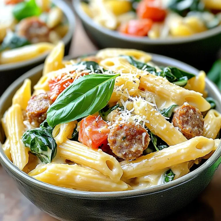 - 1 pound Italian sausage - 12 ounces penne pasta - 2 cups fresh spinach leaves - 1 can (14.5 ounces) diced tomatoes - 1 cup heavy cream - 2 tablespoons olive oil - 3 cups chicken broth - ½ cup grated Parmesan cheese - 1 teaspoon Italian seasoning - 1 medium onion, finely chopped - 3 cloves garlic, minced - Fresh basil leaves - Extra Parmesan cheese Gather these ingredients before you start cooking. The Italian sausage adds rich flavor, while the penne pasta soaks up the creamy sauce. Fresh spinach gives a pop of color and nutrition. Diced tomatoes add a nice texture and a touch of sweetness. Heavy cream makes everything smooth and dreamy. Pantry staples help tie everything together. Olive oil brings a nice base for cooking. Chicken broth adds depth to the dish. Parmesan cheese gives a salty touch that you will love. Italian seasoning brings out the flavor of the sausage. Onion and garlic add a fragrant aroma that fills your kitchen. If you want to dress up the dish, consider using fresh basil and extra Parmesan as garnishes. They add a fresh taste and make the dish look pretty. This recipe is all about balance and flavor, so make sure you have everything ready to go! To start, grab a large pot and heat some olive oil over medium heat. Add 1 pound of Italian sausage, breaking it apart with a spoon. Cook until it turns brown, about 5-7 minutes. This step builds a rich flavor. Once the sausage is browned, toss in 1 medium onion, finely chopped, and 3 cloves of minced garlic. Sauté for about 3-4 minutes until the onion becomes soft and fragrant. Next, pour in 1 can of diced tomatoes (14.5 ounces) with its juices and 3 cups of chicken broth. Stir well to mix everything. Now, add 12 ounces of penne pasta and 1 teaspoon of Italian seasoning. Make sure the pasta is fully covered by the liquid. Bring the mixture to a boil, then lower the heat to a simmer. Cover the pot and cook for about 12-15 minutes, stirring often, until the pasta is al dente and the liquid has thickened. Once the pasta is cooked, stir in 1 cup of heavy cream and 2 cups of fresh spinach leaves. Cook for another 2-3 minutes, allowing the spinach to wilt. Take the pot off the heat and mix in ½ cup of grated Parmesan cheese. Stir until it melts and blends in well. Season with salt and pepper to taste. Let it sit for a couple of minutes before serving. This helps thicken the dish and enhances the flavors. Serve in bowls, topped with fresh basil for a lovely touch. To cook pasta al dente, start with a large pot of salted water. Bring it to a boil before adding the penne pasta. Cook according to the package instructions, but check a minute early. The pasta should be firm, not mushy. To avoid sticking, stir the pasta often while it cooks. Use a wooden spoon to gently mix it with the sauce. This keeps the pasta moving and helps it absorb the flavors. Adjusting flavors with salt and pepper is key. Start with a little salt. Taste as you cook. Add more if needed, but be careful. The sausage and cheese add saltiness too. To spice it up, consider adding red pepper flakes. This gives your dish a nice kick. You can also use fresh herbs like basil or oregano for extra flavor. To ensure your sauce stays smooth, add the heavy cream at the end. Stir it in slowly over low heat. This helps it mix well without curdling. If you want a lighter option, use half-and-half or coconut milk. Both add creaminess but with less fat. You can also try using Greek yogurt for a tangy twist. {{image_2}} You can switch the sausage for chicken or turkey sausage. These options provide a lighter taste. They also cut back on fat. If you want a vegetarian meal, try using mushrooms. Mushrooms add a rich, savory flavor. They soak up all the yummy sauce. You can swap penne for other types of pasta. Fusilli or rigatoni work well too. If you need gluten-free options, choose gluten-free pasta. Many brands offer great choices. They taste just as good! Adding more veggies makes this dish even better. Try incorporating bell peppers or zucchini. Both add color and nutrients. Seasonal veggies like asparagus or cherry tomatoes can also be great additions. They bring freshness to your meal. To store your One-Pot Creamy Tuscan Sausage Pasta, let it cool first. Then, place it in an airtight container. Keep it in the fridge. It stays fresh for about 3 to 4 days. To ensure quality, avoid letting it sit out for more than two hours. When it's time to enjoy your leftovers, reheat gently. Use a pot on low heat. Stir often to keep the creaminess intact. You can add a splash of chicken broth or cream if it seems dry. This keeps the dish rich and smooth. Microwave is an option too. Heat in short bursts, stirring in between. Yes, you can freeze One-Pot Creamy Tuscan Sausage Pasta! Portion it into freezer-safe containers. It stays good for about 2 to 3 months. To thaw, place it in the fridge overnight. For reheating, use the same low heat method on the stove. Stir well to restore that creamy texture. Enjoy your delicious pasta later! The total cook time for this dish is about 30 minutes. Here’s how it breaks down: - Prep time: 10 minutes - Cook time: 20 minutes This gives you a quick and tasty meal, perfect for busy nights. Yes, you can! Here are some great options: - Rotini: It holds sauce well. - Fusilli: Fun spiral shape adds texture. - Farfalle: The bowtie shape looks nice on the plate. You can even try gluten-free pasta for a different twist. Want some heat? Here are a few ideas: - Use spicy Italian sausage instead of mild. - Add red pepper flakes while cooking. - Toss in some diced jalapeños for a fresh kick. These tips will spice up your creamy pasta beautifully. Absolutely! Here are some great swaps: - Use plant-based sausage or mushrooms for the protein. - Swap heavy cream for coconut cream or cashew cream. - Replace chicken broth with vegetable broth. With these changes, you’ll have a tasty vegan version that everyone will love. This recipe combines simple ingredients for a delicious one-pot creamy Tuscan sausage pasta. You start with key items like sausage and penne, then blend them with spinach and cream. Tips for cooking create a creamy, flavorful dish. You can swap proteins or pasta types based on preference. You can even add veggies or make it vegan. Follow storage tips for fresh leftovers. Enjoy making this dish that satisfies every time. Your cooking journey with flavors and textures starts here!