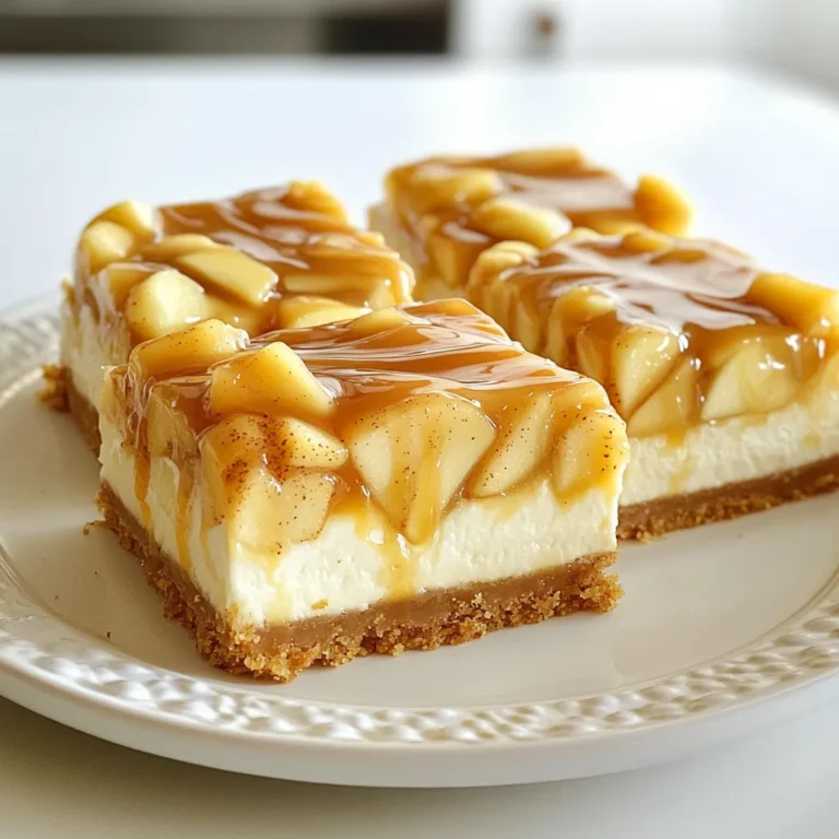 To make delicious Caramel Apple Cheesecake Bars, gather these fresh and quality ingredients: - 1 ½ cups graham cracker crumbs - ½ cup unsalted butter, melted - 3 tablespoons sugar - 2 (8 oz) packages cream cheese, softened - ¾ cup granulated sugar - 2 large eggs - 1 teaspoon vanilla extract - 2 cups peeled, diced apples (e.g., Granny Smith or Honeycrisp) - 1 teaspoon cinnamon - ½ cup caramel sauce, plus extra for drizzling - A pinch of salt I always focus on using the best ingredients. Fresh apples make a big difference. For the crust, you can use gluten-free graham crackers if needed. If you want a richer taste, use salted butter instead of unsalted. You can also swap cream cheese with vegan cream cheese for a dairy-free option. If you have allergies, you can use apple sauce in place of eggs. Feel free to be creative with your flavors! Adding nuts or even chocolate chips can make these bars even more special. To make delicious caramel apple cheesecake bars, follow these simple steps. 1. Preheating the oven and preparing the baking pan Start by preheating your oven to 350°F (175°C). Grab a 9x9-inch baking pan. Line it with parchment paper. Let the paper hang over the edges for easy removal later. 2. Mixing crust ingredients and baking In a mixing bowl, combine 1 ½ cups of graham cracker crumbs, ½ cup of melted unsalted butter, and 3 tablespoons of sugar. Add a pinch of salt. Mix until well combined. Press this mixture firmly into the bottom of the prepared pan. Bake for 10 minutes until it is lightly golden. Take it out and let it cool slightly. 3. Preparing the cheesecake filling In a large bowl, beat 2 packages of softened cream cheese with ¾ cup of granulated sugar. Mix until smooth. Add 2 large eggs, one egg at a time, mixing well after each. Stir in 1 teaspoon of vanilla extract until fully blended. 4. Layering the ingredients in the pan In a small bowl, toss 2 cups of peeled and diced apples with 1 teaspoon of cinnamon and a tablespoon of sugar. Pour half of the cream cheese mixture over the baked crust. Spread it evenly. Add the cinnamon-coated apples on top. Finally, pour the rest of the cream cheese mixture over the apples. 5. Baking and cooling process Place the pan in the preheated oven. Bake for 30-35 minutes until the center is set but slightly jiggles. Don’t worry; it will firm up as it cools. Once done, take it out and let it cool to room temperature. Drizzle with caramel sauce. Then refrigerate for at least 4 hours, or overnight for the best flavor. When ready, lift the bars out using the parchment paper and cut them into squares. Drizzle more caramel sauce just before serving. - Right Temperature: Always preheat your oven to 350°F. This helps the cheesecake bake evenly. - Baking Time: Bake for 30-35 minutes. The center should jiggle slightly when done. - Check for Doneness: Use a toothpick inserted in the center. If it comes out clean, it's ready. - Smoother Filling: Beat the cream cheese until smooth before adding other ingredients. This helps avoid lumps. - Prevent Cracks: Don’t overmix the batter. Keep mixer speed low after adding eggs to avoid too much air. - Presentation Ideas: Serve on a decorative plate. Add a sprinkle of cinnamon for a nice touch. - Pairing: Top with a dollop of whipped cream or a scoop of ice cream. This adds creaminess. - Drizzling Techniques: Use a squeeze bottle for the caramel sauce. This helps create beautiful patterns on top. These tips will help you make the best caramel apple cheesecake bars. Enjoy the process! {{image_2}} You can change the flavor of your caramel apple cheesecake bars easily. Instead of apples, try pears or berries. These fruits add a new taste and texture. Each fruit brings its own charm, making every batch unique. You can also add spices to enhance the flavor. Nutmeg adds warmth, while ginger gives a sweet kick. Just a sprinkle can transform your bars into something special. Experiment and find your favorite mix! If you need a gluten-free option, use gluten-free graham crackers for the crust. They work just as well. You won’t lose any taste or texture. For a low-sugar version, swap granulated sugar with a sweetener like stevia. It keeps the bars sweet without the extra sugar. If you want a vegan option, use vegan cream cheese. It gives a similar taste and texture. You can also use flax eggs instead of regular eggs. This way, everyone can enjoy these tasty treats! To keep your caramel apple cheesecake bars fresh, store them in the fridge. Place the bars in an airtight container. This keeps them moist and tasty. If you do not have a container, cover the bars with plastic wrap. For longer storage, you can freeze your cheesecake bars. Cut them into squares and wrap each piece in plastic wrap. Then, place them in a freezer bag. This helps prevent freezer burn. They will stay good for up to three months in the freezer. When it comes to shelf life, these bars last about five days in the fridge. Check for any signs of spoilage before eating. If you notice any changes in smell or texture, it’s best to toss them out. Enjoy your delicious bars as a sweet treat anytime! Yes, you can make these cheesecake bars a day in advance. This allows the flavors to meld together. Keep them in the fridge after they cool. To prevent cracks, mix your batter gently. Avoid over-mixing, which incorporates too much air. Also, let your bars cool slowly in the oven with the door slightly ajar after baking. If you need a substitute, use mascarpone cheese or a dairy-free cream cheese. Each option gives a nice, creamy texture, but the flavor may change slightly. Absolutely! Store-bought caramel sauce saves time and still tastes great. Just drizzle it on top before serving for a sweet finish. To reheat, place a slice in the microwave for about 10-15 seconds. This warms it gently without cooking it further. Enjoy it warm with a fresh drizzle of caramel sauce! In this article, we explored the key ingredients and step-by-step instructions for perfect cheesecake bars. We shared helpful tips for baking and serving, along with delicious variations catering to different diets. Remember to use fresh ingredients and store leftovers well for the best taste. Now, you can confidently make cheesecake bars that impress. Enjoy the process and savor each bite!