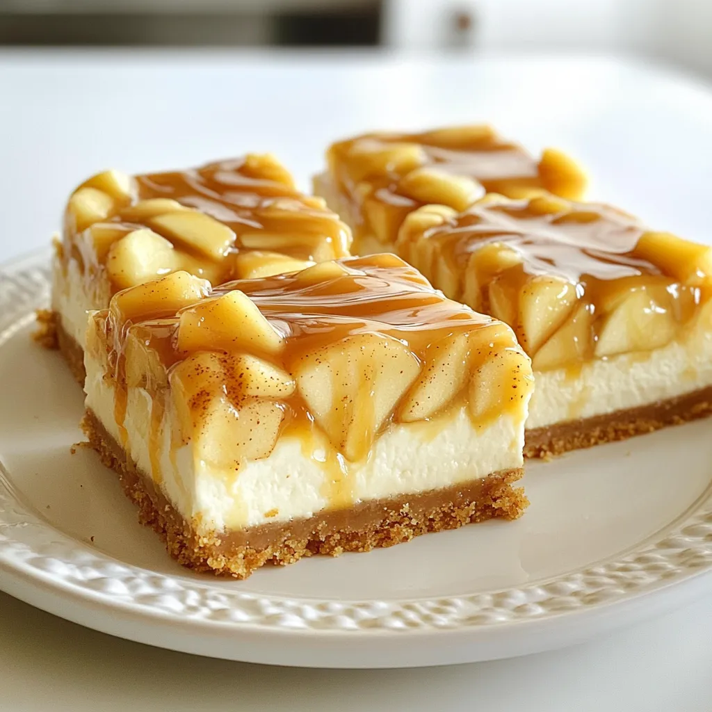 To make delicious Caramel Apple Cheesecake Bars, gather these fresh and quality ingredients: - 1 ½ cups graham cracker crumbs - ½ cup unsalted butter, melted - 3 tablespoons sugar - 2 (8 oz) packages cream cheese, softened - ¾ cup granulated sugar - 2 large eggs - 1 teaspoon vanilla extract - 2 cups peeled, diced apples (e.g., Granny Smith or Honeycrisp) - 1 teaspoon cinnamon - ½ cup caramel sauce, plus extra for drizzling - A pinch of salt I always focus on using the best ingredients. Fresh apples make a big difference. For the crust, you can use gluten-free graham crackers if needed. If you want a richer taste, use salted butter instead of unsalted. You can also swap cream cheese with vegan cream cheese for a dairy-free option. If you have allergies, you can use apple sauce in place of eggs. Feel free to be creative with your flavors! Adding nuts or even chocolate chips can make these bars even more special. To make delicious caramel apple cheesecake bars, follow these simple steps. 1. Preheating the oven and preparing the baking pan Start by preheating your oven to 350°F (175°C). Grab a 9x9-inch baking pan. Line it with parchment paper. Let the paper hang over the edges for easy removal later. 2. Mixing crust ingredients and baking In a mixing bowl, combine 1 ½ cups of graham cracker crumbs, ½ cup of melted unsalted butter, and 3 tablespoons of sugar. Add a pinch of salt. Mix until well combined. Press this mixture firmly into the bottom of the prepared pan. Bake for 10 minutes until it is lightly golden. Take it out and let it cool slightly. 3. Preparing the cheesecake filling In a large bowl, beat 2 packages of softened cream cheese with ¾ cup of granulated sugar. Mix until smooth. Add 2 large eggs, one egg at a time, mixing well after each. Stir in 1 teaspoon of vanilla extract until fully blended. 4. Layering the ingredients in the pan In a small bowl, toss 2 cups of peeled and diced apples with 1 teaspoon of cinnamon and a tablespoon of sugar. Pour half of the cream cheese mixture over the baked crust. Spread it evenly. Add the cinnamon-coated apples on top. Finally, pour the rest of the cream cheese mixture over the apples. 5. Baking and cooling process Place the pan in the preheated oven. Bake for 30-35 minutes until the center is set but slightly jiggles. Don’t worry; it will firm up as it cools. Once done, take it out and let it cool to room temperature. Drizzle with caramel sauce. Then refrigerate for at least 4 hours, or overnight for the best flavor. When ready, lift the bars out using the parchment paper and cut them into squares. Drizzle more caramel sauce just before serving. - Right Temperature: Always preheat your oven to 350°F. This helps the cheesecake bake evenly. - Baking Time: Bake for 30-35 minutes. The center should jiggle slightly when done. - Check for Doneness: Use a toothpick inserted in the center. If it comes out clean, it's ready. - Smoother Filling: Beat the cream cheese until smooth before adding other ingredients. This helps avoid lumps. - Prevent Cracks: Don’t overmix the batter. Keep mixer speed low after adding eggs to avoid too much air. - Presentation Ideas: Serve on a decorative plate. Add a sprinkle of cinnamon for a nice touch. - Pairing: Top with a dollop of whipped cream or a scoop of ice cream. This adds creaminess. - Drizzling Techniques: Use a squeeze bottle for the caramel sauce. This helps create beautiful patterns on top. These tips will help you make the best caramel apple cheesecake bars. Enjoy the process! {{image_2}} You can change the flavor of your caramel apple cheesecake bars easily. Instead of apples, try pears or berries. These fruits add a new taste and texture. Each fruit brings its own charm, making every batch unique. You can also add spices to enhance the flavor. Nutmeg adds warmth, while ginger gives a sweet kick. Just a sprinkle can transform your bars into something special. Experiment and find your favorite mix! If you need a gluten-free option, use gluten-free graham crackers for the crust. They work just as well. You won’t lose any taste or texture. For a low-sugar version, swap granulated sugar with a sweetener like stevia. It keeps the bars sweet without the extra sugar. If you want a vegan option, use vegan cream cheese. It gives a similar taste and texture. You can also use flax eggs instead of regular eggs. This way, everyone can enjoy these tasty treats! To keep your caramel apple cheesecake bars fresh, store them in the fridge. Place the bars in an airtight container. This keeps them moist and tasty. If you do not have a container, cover the bars with plastic wrap. For longer storage, you can freeze your cheesecake bars. Cut them into squares and wrap each piece in plastic wrap. Then, place them in a freezer bag. This helps prevent freezer burn. They will stay good for up to three months in the freezer. When it comes to shelf life, these bars last about five days in the fridge. Check for any signs of spoilage before eating. If you notice any changes in smell or texture, it’s best to toss them out. Enjoy your delicious bars as a sweet treat anytime! Yes, you can make these cheesecake bars a day in advance. This allows the flavors to meld together. Keep them in the fridge after they cool. To prevent cracks, mix your batter gently. Avoid over-mixing, which incorporates too much air. Also, let your bars cool slowly in the oven with the door slightly ajar after baking. If you need a substitute, use mascarpone cheese or a dairy-free cream cheese. Each option gives a nice, creamy texture, but the flavor may change slightly. Absolutely! Store-bought caramel sauce saves time and still tastes great. Just drizzle it on top before serving for a sweet finish. To reheat, place a slice in the microwave for about 10-15 seconds. This warms it gently without cooking it further. Enjoy it warm with a fresh drizzle of caramel sauce! In this article, we explored the key ingredients and step-by-step instructions for perfect cheesecake bars. We shared helpful tips for baking and serving, along with delicious variations catering to different diets. Remember to use fresh ingredients and store leftovers well for the best taste. Now, you can confidently make cheesecake bars that impress. Enjoy the process and savor each bite!