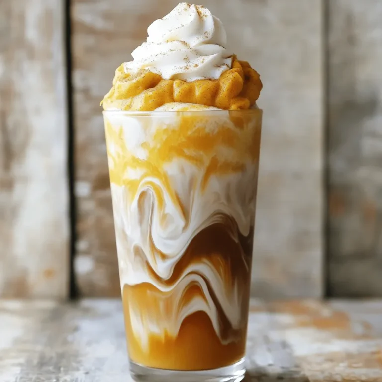 For your Copycat Pumpkin Cream Cold Brew, gather these simple items: - 2 cups cold brew coffee - 1/2 cup heavy cream - 1/4 cup pumpkin puree - 2 tablespoons maple syrup (or more to taste) - 1 teaspoon vanilla extract - 1/2 teaspoon pumpkin pie spice - 1/4 teaspoon ground cinnamon - Ice cubes - Whipped cream (for topping, optional) - Extra pumpkin pie spice (for garnish) You will need a few tools to make this drink: - Mixing bowl - Whisk or electric mixer - Glass for serving - Spoon or small spatula for swirling You can easily change some ingredients if needed: - Use almond or coconut milk in place of heavy cream for a lighter version. - Try honey instead of maple syrup for a different sweet taste. - If you don’t have pumpkin pie spice, mix cinnamon, nutmeg, and ginger for a similar flavor. - Use brewed coffee instead of cold brew if that’s what you have on hand. To start, gather your ingredients. You will need heavy cream, pumpkin puree, maple syrup, vanilla extract, pumpkin pie spice, and ground cinnamon. 1. In a mixing bowl, add the heavy cream. 2. Next, add the pumpkin puree. 3. Pour in the maple syrup. Adjust the amount based on your taste. 4. Then, add the vanilla extract, pumpkin pie spice, and ground cinnamon. 5. Whisk all the ingredients together until smooth. This mixture should be creamy and well-blended. Now it’s time to build your drink. 1. Grab a glass and fill it with ice cubes. 2. Pour the cold brew coffee over the ice. Fill the glass to your desired level. 3. Take your pumpkin cream mixture and gently spoon it on top. 4. Use a small spatula or spoon to swirl it slightly. This adds a nice look to your drink. Let’s add the finishing touches to make your drink special. 1. If you like, add a dollop of whipped cream on top of the pumpkin cream layer. This adds richness. 2. Dust some extra pumpkin pie spice on top for garnish. It gives a great aroma and taste. 3. Serve with a straw or a long spoon. This helps mix the flavors when you drink it. Enjoy your homemade pumpkin cream cold brew! To get the best flavor, use high-quality cold brew coffee. Cold brew is less bitter, and it pairs well with the pumpkin cream. Choose a pumpkin puree that has no added sugar. Fresh spices also make a big difference. Use freshly ground cinnamon and pumpkin pie spice for a warm, rich taste. Adjust the maple syrup to suit your taste. If you like it sweeter, add a bit more. A great drink needs a great look. Start with a clear glass to show off the layers. After you pour in the cold brew, gently spoon the pumpkin cream on top. Swirl it lightly for a beautiful effect. A dollop of whipped cream adds a nice touch. Dust it with extra pumpkin pie spice for a warm, inviting look. Don’t forget a straw or a long spoon for mixing! Avoid using too much cream. It can overpower the coffee and pumpkin. Don’t skip the whisking step. It ensures a smooth and creamy mix. If you make it too sweet, add more cold brew to balance the flavors. Lastly, don’t rush the presentation. Take your time to layer it nicely. A well-presented drink makes every sip more enjoyable! {{image_2}} You can easily make this drink dairy-free or vegan. Use coconut cream instead of heavy cream. This choice adds a rich taste. Almond milk or oat milk also works well. Just swap them in for the heavy cream. This keeps the drink creamy and tasty. Do you like your drinks sweeter? Add more maple syrup to your taste. Honey also works great if you prefer a different flavor. For less sweetness, reduce the maple syrup or use a sugar alternative. Adjusting sweetness makes it perfect for you. Want to mix things up? Add a splash of nutmeg or ginger for extra spice. You can also use flavored syrups like caramel or vanilla. For a fun twist, try adding a dash of cocoa powder. These small changes can create a new favorite drink. Store leftover heavy cream in an airtight container. Keep it in the fridge. Use it within a week for best taste. Pumpkin puree should also go in a sealed container. It lasts about 3 to 5 days in the fridge. For longer storage, freeze the puree in ice cube trays. Then transfer the cubes to a freezer bag. This way, you can use small amounts later. The pumpkin cream cold brew tastes best fresh. However, if you need to save it, keep it in the fridge. It stays good for up to 2 days. Before serving, stir well to mix the flavors. If you see any separation, don’t worry. Just give it a good shake or stir. If you want to enjoy the cold brew warm, heat the coffee first. Pour the cold brew into a pot and warm it over low heat. Do not boil it. Heat it gently until it’s warm but not hot. Avoid heating the pumpkin cream. It tastes best cold and creamy on top. If you prefer a warm drink, mix the warm coffee with cold pumpkin cream right before you drink it. Yes, you can use regular coffee. However, cold brew tastes smoother and less bitter. If you prefer hot coffee, brew it strong. Let it cool before making your drink. Cold brew mixes well with the pumpkin cream. This gives you that rich fall flavor. To reduce sweetness, cut back on maple syrup. Start with one tablespoon. Taste your drink before adding more. You can also replace maple syrup with unsweetened almond milk. This will keep the flavor but lower the sugar. Adjust to your liking for a perfect sip. Yes, you can prep some parts ahead. Make the pumpkin cream and store it in the fridge. Cold brew coffee can also be made in advance. Just keep it cold until you are ready to mix. This way, you save time and enjoy your drink faster. This blog post guides you through making a delicious drink. You learned about the right ingredients, key equipment, and helpful substitutions. I provided clear steps from prep to final touches, along with tips to boost flavor and avoid common mistakes. You can explore fun variations to match your taste. Also, I covered how to store leftovers and answered common questions. With this knowledge, you can create a tasty drink that impresses everyone. Enjoy the process and treat yourself to a delightful beverage.