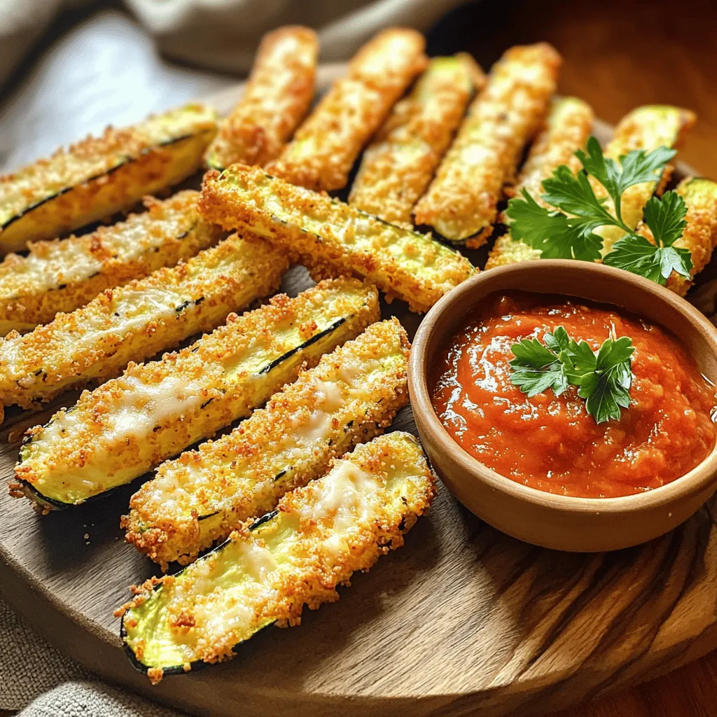 To make Air Fryer Parmesan Zucchini Fries, gather these items: - 2 medium zucchinis, cut into fry shapes - 1 cup breadcrumbs (panko or regular) - ½ cup grated Parmesan cheese - 1 teaspoon garlic powder - 1 teaspoon onion powder - ½ teaspoon paprika - Salt and pepper to taste - 2 large eggs, beaten - Cooking spray or olive oil for greasing You can swap items based on what you have. Use: - Zucchini: Yellow squash works well too. - Breadcrumbs: Crushed cornflakes or almond flour can be used for a crunch. - Parmesan cheese: Pecorino Romano adds a different flavor. - Eggs: Flaxseed meal mixed with water can act as a binder for a vegan option. - Spices: Try Italian seasoning or Cajun spice for a fun twist. Choose the best zucchini for your fries. Look for: - Firmness: Fresh zucchini should feel solid, not soft. - Skin: Look for shiny, smooth skin without blemishes. - Size: Pick medium-sized zucchinis for the best texture. Large ones may have seeds and water content. - Color: Bright green zucchinis indicate freshness. Select ones with a vibrant hue. These tips help ensure your Air Fryer Parmesan Zucchini Fries are tasty and crisp. Enjoy your cooking! Start with two medium zucchinis. Wash them well under cold water. Pat them dry with a towel. Cut each zucchini into fry shapes. Aim for even sizes to ensure they cook evenly. This shape helps them crisp up nicely. Next, gather your coating ingredients. In a shallow bowl, mix one cup of breadcrumbs with half a cup of grated Parmesan cheese. Add one teaspoon of garlic powder, one teaspoon of onion powder, and half a teaspoon of paprika. Season with salt and pepper to taste. In another bowl, beat two large eggs until smooth. Take a zucchini fry and dip it into the egg mixture. Let any extra egg drip off. Then, coat it with the breadcrumb mix. Press gently so the crumbs stick well. Repeat this for all the fries. Now, it’s time to air fry! Preheat your air fryer to 400°F (200°C). Place the coated zucchini fries in the air fryer basket in a single layer. Avoid crowding them, as this can hinder crispiness. If needed, fry in batches. Lightly spray the fries with cooking spray or drizzle a bit of olive oil on top. This will help them brown nicely. Cook for 8 to 10 minutes. Flip the fries halfway through for even cooking. Watch for a golden brown color to know they are done. After they cook, remove the fries and let them cool slightly. Enjoy your crispy, tasty snack! To get crispier zucchini fries, follow these steps: - Use Panko Breadcrumbs: They are lighter and create a crunchier texture. - Get the Zucchini Dry: Pat the cut zucchini with a paper towel. This helps remove moisture. - Spray Lightly: Use cooking spray or olive oil. It helps the crumbs stick and crisp up. - Avoid Overcrowding: Place fries in a single layer. This allows hot air to circulate evenly. - Flip Halfway: Turn fries during cooking for even browning and crispiness. Watch for these common mistakes: - Not Preheating the Air Fryer: Always preheat to ensure even cooking. - Skipping the Egg Wash: The egg helps the breadcrumbs stick well. Don't skip this step. - Using Large Pieces: Cut zucchini into thin, fry-like sizes for the best texture. - Ignoring Cooking Times: Keep an eye on your fries. Cooking too long can lead to burnt fries. Zucchini fries are versatile and pair well with many dips: - Marinara Sauce: A classic choice that complements the flavors. - Ranch Dressing: Offers a cool contrast to the warm fries. - Garlic Aioli: For a gourmet touch, try a garlic aioli dip. - Fresh Herbs: Sprinkle chopped parsley or basil for added freshness. - Cheese Sprinkles: Add a bit of extra Parmesan or feta on top before serving. {{image_2}} You can swap out Parmesan cheese for other types. Try using shredded mozzarella for a gooey texture. It melts beautifully and adds a rich flavor. You can also use pecorino Romano for a stronger taste. This cheese has a sharper note that pairs well with zucchini. Nutritional yeast is a great option for a dairy-free choice. It gives a cheesy flavor and is full of nutrients. Want to add some heat? Sprinkle some cayenne pepper or chili powder into your breadcrumb mix. This will give your fries a spicy kick. You can also mix in Italian herbs like oregano or basil. These herbs enhance the flavor and make your fries more aromatic. If you like a tangy touch, add lemon zest to the coating. The zest will brighten the dish and add freshness. If you need a gluten-free option, use gluten-free breadcrumbs. They work just as well as regular ones. You can also make your own using ground nuts or oats. Simply pulse them in a food processor until they reach a breadcrumb texture. Another choice is to use crushed rice cereal for added crunch. Just ensure that all your ingredients are gluten-free to keep your fries safe for those with gluten sensitivities. To keep your leftover zucchini fries fresh, place them in an airtight container. You can stack them but use parchment paper to separate layers. Store the container in the fridge. They will stay good for about three days. To reheat, use your air fryer for the best results. Preheat it to 350°F (175°C). Place the fries in a single layer. Heat them for about 5 minutes. This method helps regain their crispiness. You can also use a microwave, but this may make them a bit soft. If you want to freeze your zucchini fries, freeze them before cooking. Lay them out on a baking sheet in a single layer. Freeze for about an hour, then transfer to a freezer bag. This way, they won’t stick together. They can last up to three months. When ready, cook them from frozen, adding a few extra minutes to the cooking time. Yes, you can bake the zucchini fries in your oven. Preheat your oven to 425°F (220°C). Place the coated zucchini fries on a baking sheet lined with parchment paper. Bake for 20-25 minutes, flipping halfway. This gives you crispy fries, but they may not cook as fast as in an air fryer. The fries are done when they look golden brown and crispy. After 8-10 minutes in the air fryer, check for a nice crunch. If they need more time, air fry for 1-2 more minutes. Keep an eye on them to avoid burning. You can serve these fries with many tasty dips. Marinara sauce or ranch dressing works well. You can also try garlic aioli or a spicy dipping sauce for extra flavor. Add a side salad or some grilled chicken for a complete meal. This blog post covered how to make tasty air fryer zucchini fries. We looked at the key ingredients, including fresh zucchini and alternatives. I shared step-by-step instructions to prep and cook them perfectly. You learned tips for crispiness and common mistakes to avoid. In closing, these zucchini fries are easy to make and enjoy. Experiment with flavors and variations to suit your taste. You’ll have a delicious snack or side dish ready in no time.