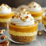 - Crust: - 1 cup graham cracker crumbs - 1/4 cup melted unsalted butter - Cream Cheese Filling: - 2 cups cream cheese, softened - 1 cup canned pumpkin puree - 3/4 cup powdered sugar - 1 teaspoon vanilla extract - 1 teaspoon pumpkin pie spice - Toppings and Garnish: - 1 cup whipped cream (for topping) - 1/4 cup chopped pecans (for garnish) Gather these ingredients to create a bold and delicious treat. The crust starts with graham cracker crumbs mixed with melted butter. This combo gives a nice crunch. The cream cheese filling is rich and creamy. You will blend softened cream cheese with pumpkin puree, powdered sugar, vanilla, and pumpkin pie spice. This mix brings warm fall flavors. Top your cups with whipped cream for extra creaminess. Finally, sprinkle chopped pecans for a delightful crunch. These simple ingredients come together to make a stunning dessert. To start, grab a medium bowl. In this bowl, combine the graham cracker crumbs and melted unsalted butter. Mix them until the mixture feels like wet sand. This step is key for a great crust. Next, take about 2 tablespoons of this mixture and spoon it into each serving cup or jar. Press down gently to create a flat layer at the bottom. Make sure it is even, so every bite has that crunchy texture. Now, let’s move on to the cream cheese filling. In a large mixing bowl, beat the softened cream cheese with an electric mixer. You want it to be very smooth, with no lumps. Once it’s creamy, gently fold in the canned pumpkin puree, powdered sugar, vanilla extract, and pumpkin pie spice. Mixing these ingredients well will give your dessert a rich and flavorful taste. The filling should be creamy and thick but still easy to scoop. Next, it’s time to layer your dessert. Use a spoon or a piping bag to fill each cup with the pumpkin cheesecake mixture. Fill each cup until it’s about 3/4 full. This allows room for toppings later. Once filled, cover the cups with plastic wrap. Refrigerate them for at least 2 hours to let them set. Chilling is important; it helps the flavors meld together and creates a perfect texture. When you’re ready to serve, don’t forget to top each cup with a generous dollop of whipped cream and sprinkle chopped pecans on top for that extra crunch. Enjoy your no-bake pumpkin cheesecake cups! - Alternative crust options: If you want a twist, try using crushed chocolate cookies or almond flour. These give a rich flavor and unique texture. Both options can add a different taste profile to your dessert. - Dairy-free or vegan alternatives: You can swap cream cheese for a dairy-free cream cheese. Use coconut cream instead of whipped cream for a vegan touch. These swaps keep the creamy feel while catering to different diets. - Ways to achieve a creamy filling: Make sure your cream cheese is at room temperature. Beat it until smooth to avoid lumps. Gently fold in the pumpkin puree and other ingredients. This ensures a rich and creamy texture that melts in your mouth. - Importance of chill time for setting: After assembling your cups, cover them and refrigerate for at least two hours. This helps the filling firm up and blend flavors. The longer they chill, the better the taste! - Pairing with drinks or other desserts: These cups go well with spiced cider or vanilla ice cream. They also taste great alongside coffee or tea for a cozy treat. The flavors of pumpkin and spice work well with these drinks. - Presentation ideas: Serve in clear cups or jars to show off the layers. Top with whipped cream and sprinkle chopped pecans for a crunchy finish. You can also add a cinnamon stick for a festive touch! {{image_2}} You can add fun twists to your no-bake pumpkin cheesecake cups. Try mixing in chocolate or caramel. Drizzling melted chocolate on top gives a rich flavor. For a sweet touch, add a layer of caramel sauce. Spices also make a big difference. You can boost the taste by adding more pumpkin pie spice. Cinnamon or nutmeg can add warmth. Experiment with flavors to find your favorite mix. Seasonal ingredients can elevate your dessert. For fall, try adding apple or pear puree. These fruits pair well with pumpkin. In spring, consider using lemon zest for brightness. Adapting the cups for holidays is a fun idea. For Halloween, use ghost-shaped candies on top. At Thanksgiving, sprinkle some cinnamon for a festive touch. Tailor the recipe to match the season and occasion. You can adjust the portion sizes for different events. Serve the cheesecake in larger bowls for a family dessert. This makes it easy for everyone to enjoy. For parties, mini versions work great. Use small jars or shot glasses for fun, bite-sized treats. These are easy to grab and share. Adjusting the size can make your dessert fit any event perfectly. To store leftover pumpkin cheesecake cups, keep them in the fridge. Use airtight containers or cover each cup with plastic wrap. This helps keep them fresh. They stay good for up to four days in the fridge. The flavors will blend and taste even better! You can freeze cheesecake cups for longer storage. To do this, first, wrap each cup tightly in plastic wrap. Then, place them in a freezer-safe bag or container. They last up to three months in the freezer. When you want to enjoy them again, move the cups to the fridge to thaw overnight. They can also thaw at room temperature for about two hours. Enjoy them chilled! If you have leftover cups, think of fun ways to use them. You can mix the filling into pancakes or swirl it into yogurt. This adds a tasty twist to your breakfast or snack. If the texture changes a bit after freezing, just top it with extra whipped cream. This helps mask any differences and keeps it delicious! These cups need at least 2 hours in the fridge to set. This time allows the filling to firm up. I suggest chilling them overnight for the best texture. The longer they chill, the better they taste! Yes, you can make these cups a day or two in advance. This makes them great for parties or family gatherings. Just cover them well with plastic wrap after you prepare them. They will stay fresh in the fridge until you are ready to serve. Absolutely! You can use gluten-free graham cracker crumbs. You can also use crushed almonds or oats for a different flavor. Just ensure they are labeled gluten-free to keep it safe for those with allergies. In this blog post, I covered how to make no-bake pumpkin cheesecake cups. We explored the key ingredients needed for the crust, filling, and toppings. I shared simple steps for preparing and assembling the dessert. Tips on ingredient swaps, perfecting texture, and serving suggestions added value. I also noted variations for flavor and storage practices. Enjoying these cheesecake cups can be perfect for many occasions. They are easy to make and fun to share!