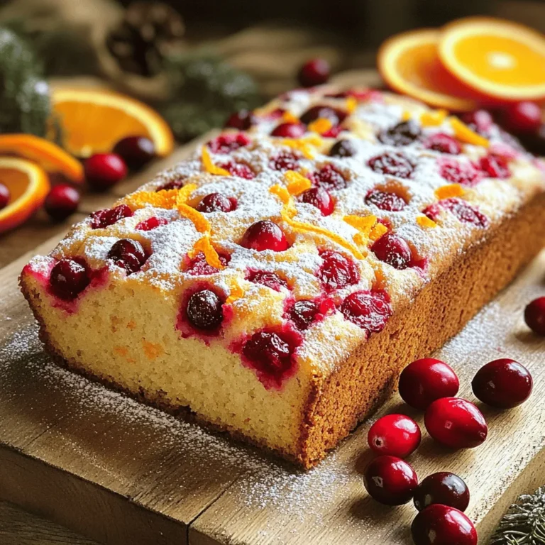 - 2 cups all-purpose flour - 1 teaspoon baking powder - 1/2 teaspoon baking soda - 1/4 teaspoon salt - 1/2 cup unsalted butter, softened - 1 cup granulated sugar - 2 large eggs - 1 tablespoon orange zest - 1/2 cup freshly squeezed orange juice - 1 cup fresh or frozen cranberries - 1 teaspoon vanilla extract - 1/2 cup chopped pecans (optional) When I bake a cranberry orange loaf, I love using fresh ingredients. Fresh cranberries give the loaf a vibrant color and a tart taste. The orange zest brings bright notes that make every bite refreshing. I always choose unsalted butter for a rich flavor. Each ingredient plays a key role. The flour gives structure, while baking powder and baking soda help it rise. Combining sugar with butter makes a light, fluffy batter. Eggs add moisture and richness. The orange juice also adds moisture and pairs well with cranberries. If I have pecans on hand, I toss them in for crunch. But they are optional. This loaf is delicious even without them. Using these ingredients, we create a delightful treat that smells amazing while baking. The scent of orange and cranberry fills my kitchen, inviting everyone to gather. 1. Preheat your oven to 350°F (175°C). Grease a 9x5 inch loaf pan with butter or line it with parchment paper. This helps the loaf come out easily. 2. In a medium bowl, whisk together the flour, baking powder, baking soda, and salt. Set this aside for later use. 1. In a large bowl, cream together the softened butter and sugar using an electric mixer. Mix until it is light and fluffy, which should take about 3-4 minutes. 2. Add the eggs to the butter mixture one at a time. Make sure to fully mix in each egg before adding the next. Then, mix in the orange zest and vanilla extract for a burst of flavor. 1. Gradually mix in the dry ingredients to the butter mixture. Alternate adding dry ingredients and orange juice. Start and end with the dry ingredients, mixing until just combined. 2. Gently fold in the cranberries and pecans, if you are using them. This will ensure they are evenly spread in the batter. 1. Pour the batter into the prepared loaf pan. Smooth the top with a spatula for a nice finish. 2. Bake in the preheated oven for 55-65 minutes. Check doneness by inserting a toothpick in the center; it should come out clean. 3. Once done, remove the loaf from the oven. Let it cool in the pan for 10 minutes. Then, transfer it to a wire rack to cool completely. How to measure ingredients accurately: Accurate measurements are key for success. Use dry measuring cups for flour and sugar. Level off the top with a straight edge. For liquids, use a clear measuring cup. Check at eye level to get it just right. Tips for fluffy loaf texture: To achieve a fluffy texture, cream the butter and sugar well. This adds air and lightness. Also, avoid overmixing the batter when adding dry ingredients. Mix until just combined for the best results. Pairing ideas with beverages: This cranberry orange loaf pairs well with many drinks. Try it with hot tea or coffee. For a refreshing twist, serve it with a glass of cold orange juice. The flavors complement each other nicely. Garnishing tips for presentation: For a lovely presentation, serve the loaf on a rustic wooden board. Dust it with powdered sugar for a sweet touch. Add fresh cranberries and orange slices on the side. This makes it look festive and appealing. Storing the loaf for freshness: To keep your loaf fresh, wrap it well in plastic wrap. Store it at room temperature for up to 3 days. If you want it to last longer, place it in the fridge for a week. Best practices for freezing: You can freeze the loaf for later enjoyment. Wrap it tightly in plastic wrap and then in foil. It can last up to 3 months in the freezer. To thaw, leave it at room temperature for a few hours before slicing. {{image_2}} You can easily make this loaf fit your needs. For gluten-free options, use a gluten-free flour blend. Look for brands that work well for baking, often labeled as a 1:1 substitute. If you want dairy-free, swap unsalted butter with coconut oil or vegan butter. Both options keep the loaf moist and tasty. Add some warmth to your loaf by mixing in spices. A teaspoon of cinnamon or ginger adds a cozy touch. These spices blend well with the orange and cranberry flavors. Want to mix things up more? Try adding blueberries or chopped apples. They add sweetness and a fun texture to each bite. You can transform this recipe into cranberry orange muffins. Just adjust baking time to about 20-25 minutes. These muffins make perfect snacks or breakfast options. For a show-stopping dessert, make a cranberry orange bundt cake. Use the same batter, but bake it in a bundt pan. This twist makes for a beautiful cake, perfect for any gathering. You can find delicious cranberry orange loaves at local bakeries. Look for spots that focus on fresh ingredients. Many bakeries offer a homemade touch that makes their loaves special. Here are a few you might enjoy: - Sweet Treats Bakery: Known for their fresh cranberry orange loaves made daily. - Morning Bliss Bakery: Offers a delightful twist on the classic recipe. - Baker’s Haven: Their version is packed with flavor and has a perfect texture. If you prefer shopping online, many great options exist. You can order cranberry orange loaves and have them delivered right to your door. Here are some top online retailers: - Goldbelly: They partner with famous bakeries to ship nationwide. - Etsy: Many local bakers sell their goods here. You might find unique flavors. - Amazon Fresh: They often have a selection of bakery items, including seasonal loaves. Specialty stores often carry artisanal options. These stores focus on quality and unique flavors. Here are a few places to check out: - Whole Foods Market: Look for their bakery section for fresh loaves. - Trader Joe's: They often have seasonal products, including cranberry orange loaves. - Local health food stores: Many offer organic and locally sourced options that are delightful. Finding the perfect cranberry orange loaf is easy with these tips! If you want to make this loaf vegan, you can use several egg substitutes. A common swap is flaxseed meal. Mix one tablespoon of flaxseed meal with three tablespoons of water. Let it sit for about five minutes until it thickens. You can also use unsweetened applesauce. A quarter cup of applesauce replaces one egg well. Both options keep the loaf moist and tasty. Yes, you can use dried cranberries in this recipe. They add a sweet and chewy texture. If you use dried cranberries, soak them in warm water for about ten minutes. This helps them plump up and prevents them from being too dry in your loaf. Fresh cranberries give a tart flavor that balances the sweetness, while dried cranberries add richness. To check if your loaf is done, look for a few signs. First, the top should look golden brown. Insert a toothpick into the center. If it comes out clean, the loaf is ready. Another sign is that the loaf should spring back a little when you touch it. If it feels too soft or wet, it needs more time in the oven. Yes, you can prepare this loaf ahead of time. You can bake it, let it cool, and then wrap it tightly in plastic wrap. It will stay fresh for about three days at room temperature. For longer storage, freeze it. Wrap it well and store it in the freezer for up to three months. Just thaw it in the fridge overnight before serving. This blog covered how to make a tasty cranberry orange loaf. We went through the ingredients, nutrition facts, and step-by-step instructions. I shared tips for baking and ideas for serving and storing. Explore flavor variations and where to buy this loaf. Whether baking at home or picking up from a bakery, enjoy this treat with friends. Get creative and try a twist on the classic recipe. You won’t regret it!