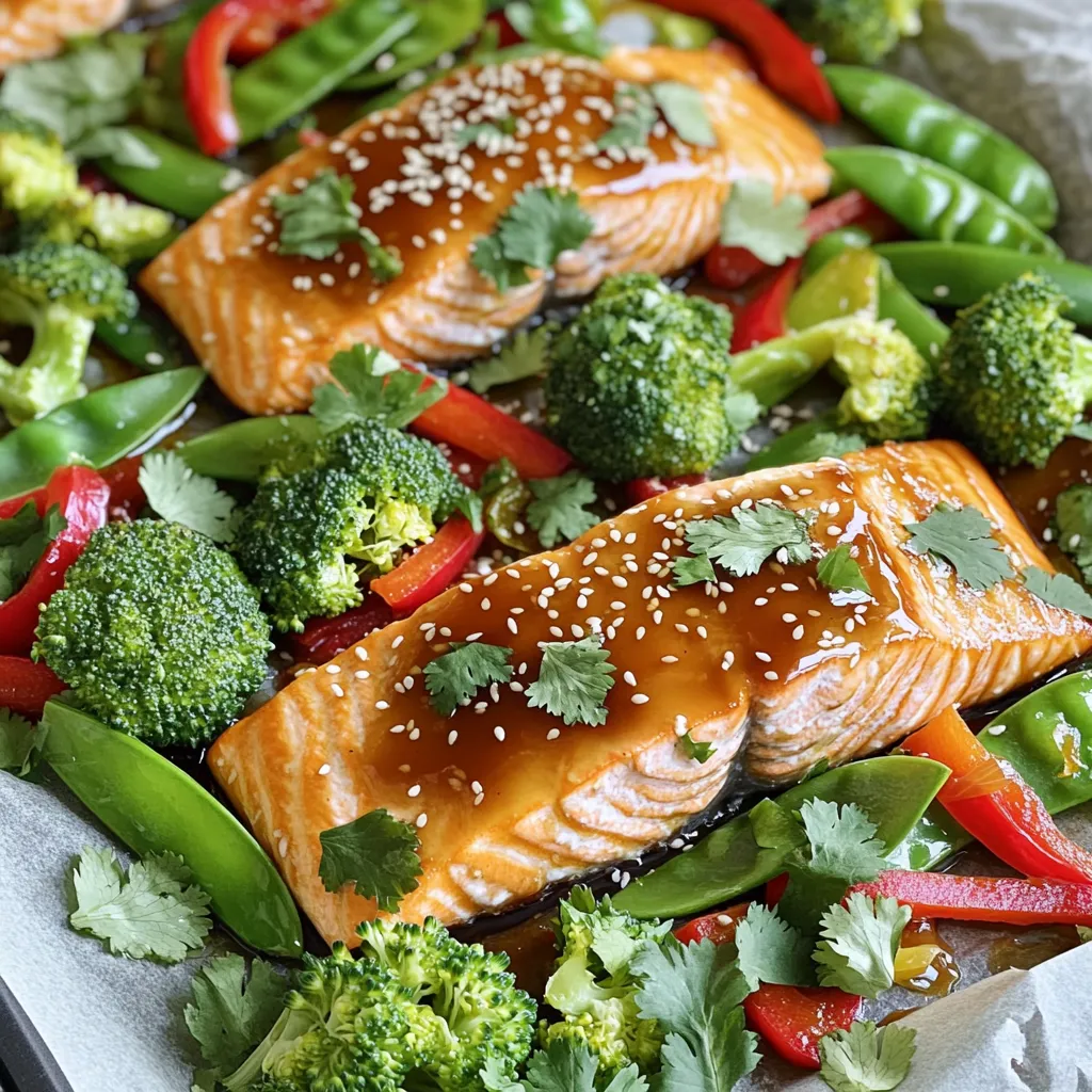 - 4 salmon fillets (skinless) - 1/4 cup soy sauce - 2 tablespoons honey - 1 tablespoon sesame oil - 2 cloves garlic, minced - 1 inch fresh ginger, grated - 1 red bell pepper, sliced into strips - 1 cup broccoli florets - 1 cup snap peas - 1 tablespoon sesame seeds - Salt and pepper to taste - Fresh cilantro or green onions for garnish Gathering the right ingredients is key to making this dish shine. The salmon fillets are the star. They are rich in flavor and healthy. The soy sauce adds saltiness, while honey brings sweetness. Sesame oil gives a nice nutty taste. Garlic and ginger add depth and zest. For veggies, the red bell pepper adds color and crunch. Broccoli gives great texture and nutrients. Snap peas bring a fresh, sweet bite. Together, they create a vibrant mix on your sheet pan. The finishing touches are important too. Sesame seeds add a bit of crunch. Salt and pepper help balance the flavors. Fresh cilantro or green onions make a nice garnish, adding color and brightness. Each ingredient plays a role in creating a delicious meal you will love. 1. Preheat your oven to 400°F (200°C). Line a large baking sheet with parchment paper. This helps with easy cleanup. 2. In a small bowl, whisk together the soy sauce, honey, sesame oil, minced garlic, and grated ginger. Mix until it’s well combined. 1. Place the salmon fillets on one side of the prepared baking sheet. Brush each fillet generously with the honey soy mixture. Season with salt and pepper to taste. 2. On the other side of the baking sheet, arrange the sliced red bell pepper, broccoli florets, and snap peas. Drizzle the leftover honey soy mixture over the veggies. Toss them to coat well. 1. Bake in the preheated oven for about 15-20 minutes. Check the salmon to see if it flakes easily with a fork. The veggies should be tender but still vibrant. 2. In the last few minutes of cooking, sprinkle sesame seeds over both the salmon and the vegetables. This adds a nice crunch and flavor. - To check if the salmon is cooked, look for a light pink center. The fish should flake easily with a fork. If it’s still translucent, cook it a bit longer. - For crisp veggies, don’t overcrowd the baking sheet. This helps them roast instead of steam. You want them tender but still crunchy. - For a lovely presentation, serve directly from the baking sheet. It adds a homey touch. If you prefer, plate the salmon on a bed of veggies. Sprinkle extra sesame seeds on top for flair. - Pair this dish with rice or quinoa. They soak up the sauce well and balance the meal. A fresh salad on the side adds a nice crunch too. - To boost flavor, consider adding a pinch of red pepper flakes. They add a nice kick. Fresh herbs like basil can also brighten the dish. - Squeeze a little lemon or lime juice over the salmon before serving. This adds a bright, zesty finish that complements the sweet and savory sauce. {{image_2}} You can switch salmon for other fish like trout or cod. Chicken works well too. Just make sure you adjust the cooking time. If you prefer a vegetarian option, try tofu or tempeh. These plant-based proteins soak up the sauce nicely. Cut them into cubes for even cooking. Use any seasonal veggies you like. Carrots, zucchini, or asparagus add great flavor. You can also use frozen vegetables if fresh ones aren’t available. Frozen veggies are quick to prep and cook well in the oven. Just be sure to thaw them before you start. Feel free to get creative with sauces. A teriyaki or hoisin sauce gives a nice twist. For a spicy kick, add some chili sauce to the mix. You can even sprinkle red pepper flakes over the dish before serving. This adds heat and flavor that everyone will enjoy. Store your leftovers in airtight containers. Glass or plastic containers work well. Make sure to let the dish cool down before sealing. This helps keep the food fresh. You can keep the salmon and veggies in the fridge for up to three days. To freeze this dish, first, let it cool completely. Place the salmon and veggies in a freezer-safe bag. Remove as much air as you can before sealing. You can freeze the dish for up to three months. When you are ready to eat, thaw it in the fridge overnight. Reheat it in the oven at 350°F (175°C) until warm. In the fridge, this dish lasts about three days. In the freezer, it can last up to three months. Watch for signs of spoilage like a sour smell or change in color. If you notice any of these signs, it's best to discard the dish. Yes, you can make this recipe ahead of time. Here are some tips for prep and serving later: - Marinate the salmon: You can marinate the salmon in the honey soy mix for up to 2 hours. - Prep the veggies: Slice and store the vegetables in the fridge. - Cooking time: When ready, bake it fresh for the best taste. You can pair this dish with several tasty sides: - Rice: White, brown, or jasmine rice works great. - Quinoa: A healthy, nutty option that adds protein. - Salad: A fresh green salad adds crunch. - Noodles: Stir-fried noodles can also be a fun choice. Yes, this recipe is great for meal prep. Here are best practices: - Portion it out: Divide salmon and veggies into meal containers. - Keep it fresh: Store in the fridge for up to 3 days. - Reheat: Use a microwave or oven for even heating. Scaling up this recipe is easy. Here’s how: - Double or triple the ingredients based on your group size. - Use multiple sheets: If you have a lot, use two baking sheets. - Check cooking time: You may need to add a few more minutes for larger amounts. You learned how to make a tasty sheet-pan honey soy salmon dish. We covered the main ingredients, easy steps, and helpful tips. Remember, you can customize this recipe to fit your tastes. Try different proteins and veggies or adjust the sauce for more flavor. This dish is perfect for busy days and meal prep. Enjoy the simple process and delicious results! Cooking should be fun and rewarding. Now, grab your ingredients and start making your own version.