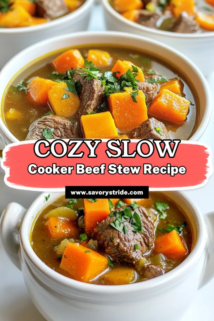 Warm up your kitchen with this delicious Slow Cooker Harvest Beef Stew recipe! Packed with tender chuck roast, hearty veggies like sweet potatoes and carrots, and flavored with aromatic herbs, this stew is the ultimate comfort food for chilly days. Perfect for meal prep, you'll love how easy it is to make. Click through to discover this cozy recipe and bring the flavors of fall to your table! #SlowCookerRecipes #BeefStew #FallCooking #ComfortFood