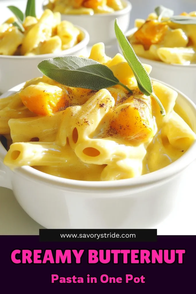 Indulge in the comfort of One-Pot Creamy Butternut Squash Pasta! This easy recipe combines pasta with creamy butternut squash, fragrant spices, and a blend of vegetable broth and cream for a delicious dish you'll love. Perfect for cozy evenings, it's ready in just 30 minutes. Click to explore this simple recipe and make mealtime a breeze! #OnePotPasta #ButternutSquash #EasyDinner #FallRecipes