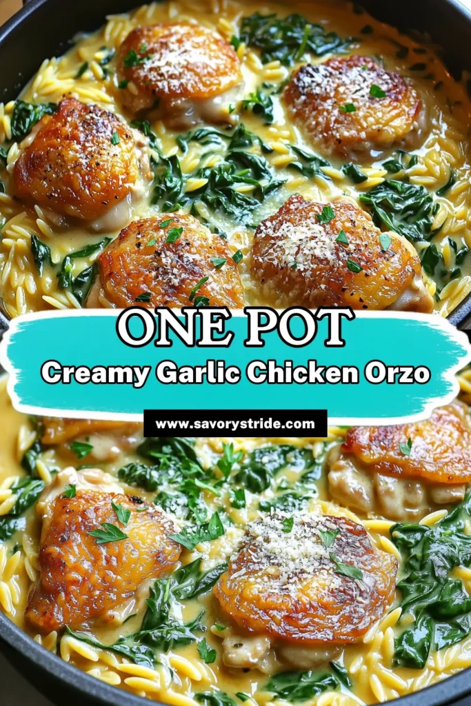Indulge in a delightful dinner with this One-Pot Creamy Garlic Butter Chicken Orzo! This easy recipe features tender chicken thighs cooked in a rich garlic-infused sauce with orzo pasta, fresh spinach, and Parmesan, all in just 30 minutes. Perfect for a busy weeknight! Click through to explore the full recipe and discover how easy it is to create comforting meals everyone will love. Don’t miss out on this delicious dish!