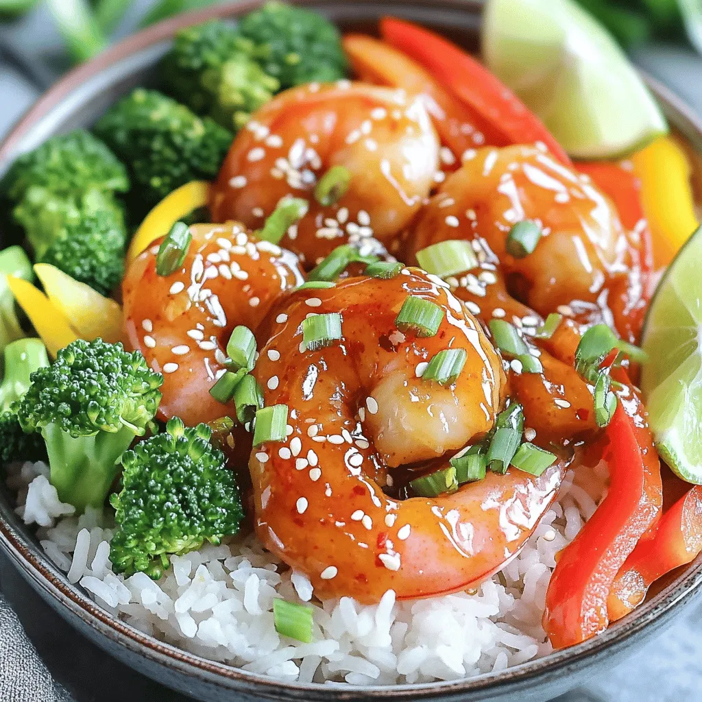 - 1 pound large shrimp, peeled and deveined - 2 tablespoons honey - 2 tablespoons sriracha sauce - 1 tablespoon soy sauce - 1 tablespoon olive oil - 1 cup broccoli florets, steamed - 1 cup bell pepper, sliced (red or yellow) - 2 green onions, sliced for garnish - Sesame seeds for garnish - 2 cups cooked jasmine rice (or quinoa) - Lime wedges for serving For this dish, freshness is key. Start with one pound of large shrimp, which gives a nice bite. Next, we mix two tablespoons of honey with the same amount of sriracha for sweet heat. Add one tablespoon of soy sauce for depth and one tablespoon of olive oil to cook the shrimp. Next, we need vegetables to balance the flavors. I love adding one cup of steamed broccoli florets for crunch and nutrients. One cup of sliced bell peppers, either red or yellow, brings color and sweetness. For garnish, slice two green onions and sprinkle sesame seeds on top. You can also serve this dish over two cups of cooked jasmine rice or quinoa for a hearty meal. A wedge of lime adds a bright touch when served. These ingredients come together to create a vibrant bowl of flavors. To start, grab a medium bowl. Measure out 2 tablespoons of honey. Then, add 2 tablespoons of sriracha sauce. Next, mix in 1 tablespoon of soy sauce. For a burst of flavor, add 1 teaspoon of minced garlic and 1 teaspoon of minced ginger. Whisk these ingredients together well. You want a smooth glaze that’s sweet, spicy, and savory. Now, heat 1 tablespoon of olive oil in a large skillet over medium-high heat. Once the oil is hot, add 1 pound of large shrimp that are peeled and deveined. Cook the shrimp for 2-3 minutes. They should turn pink and opaque. After that, pour the honey sriracha glaze over the shrimp. Toss the shrimp until they are evenly coated. Cook for an additional 2 minutes. This helps the sauce thicken and cling to the shrimp. While the shrimp cooks, prepare your serving bowls. Portion out 2 cups of cooked jasmine rice or quinoa into each bowl. Top the rice with 1 cup of steamed broccoli florets and 1 cup of sliced bell peppers. Next, add the glazed shrimp on top of the veggies and rice. Finally, garnish each bowl with sliced green onions and a sprinkle of sesame seeds. This adds color and flavor to your dish. - How to tell when shrimp are perfectly cooked: Shrimp cook quickly. They turn pink and opaque when done. Check the tail; it should curl slightly. - Ways to avoid overcooking shrimp: Cook shrimp for just 2-3 minutes per side. Remove them from heat as soon as they look pink. If they sit in the pan too long, they get tough. - Suggestions for colorful serving bowls: Bright ceramic bowls work wonders. Choose colors like teal or orange to make the dish pop. - Recommended garnishes for enhanced flavor: Add sliced green onions and sesame seeds. A wedge of lime on the side adds a zesty touch. - Suggested spices or herbs to customize the dish: Try adding a pinch of cayenne for heat. Fresh cilantro or basil adds a nice herbal note. - Using different sauces or proteins for variation: Swap sriracha for chili garlic sauce for more kick. Use chicken or tofu for a twist on flavors. {{image_2}} You can easily switch up the protein in this bowl. Try chicken or tofu instead of shrimp. Both options cook well with the honey sriracha glaze. Chicken adds a hearty touch, while tofu gives a nice plant-based twist. When it comes to veggies, you have plenty of choices. Swap in snap peas or zucchini for a crunchy bite. You can also add carrots for a pop of color and sweetness. If you need a gluten-free option, use tamari instead of soy sauce. Tamari has a similar taste and works great in this dish. For those watching carbs, you can skip the rice or quinoa. Instead, serve the shrimp and veggies over a bed of greens like spinach or lettuce. This keeps it light and fresh while still being tasty. Want to change the heat level? You can add more or less sriracha to the glaze. If you love spice, try a few extra drops. For a milder taste, reduce the sriracha and add more honey. This will balance the heat with sweetness. You can also bring in tropical flavors by adding pineapple or mango. Diced fruit adds a sweet twist that pairs well with the spicy sauce, making your bowls even more delightful. To keep your shrimp bowls fresh, follow these steps: - Allow the shrimp and veggies to cool. - Place them in airtight containers. - Use glass or BPA-free plastic containers for best results. - Store in the fridge for up to 3 days. To reheat your shrimp bowls safely, do this: - Use the microwave or a skillet on low heat. - Heat the shrimp and veggies until warm, about 1-2 minutes. - Be careful not to overcook the shrimp. It can get tough. - You can add a splash of water to keep them moist. Can you freeze honey sriracha shrimp bowls? Yes, you can! - To freeze, place cooled shrimp and veggies in freezer-safe bags. - Remove as much air as possible before sealing. - They can last up to 3 months in the freezer. - To thaw, place in the fridge overnight before reheating. - Avoid refreezing after thawing to keep the best texture. The prep time for this dish is quick. You need about 10 minutes for prep. The cooking time takes around 15 minutes. Overall, you can get this meal ready in just 25 minutes. Yes, you can use frozen shrimp. If using frozen shrimp, thaw them first. Place them in cold water for about 15-20 minutes. This keeps them fresh and tasty. Fresh shrimp gives the best flavor, but frozen works well too. This recipe is great for meal prep. You can make it ahead and store it in the fridge. Use airtight containers to keep it fresh. It stays good for 2-3 days. Just reheat in the microwave when ready to eat. You can serve many tasty sides with these bowls. Try a fresh salad or some crispy spring rolls. A glass of iced tea or lemonade also pairs well. The sweet and spicy shrimp fits nicely with light, refreshing dishes. In this post, we explored the quick and easy recipe for Minute Honey Sriracha Shrimp Bowls. We covered the main ingredients, simple steps to prepare the dish, tips for cooking, and creative variations to customize your meal. You can enjoy a tasty shrimp bowl, or swap out the shrimp for chicken or tofu. Keep your leftovers fresh and find reheating methods that work best. This dish is perfect for quick dinners and can be a fun meal prep option too. Enjoy making your shrimp bowls unique and delicious!