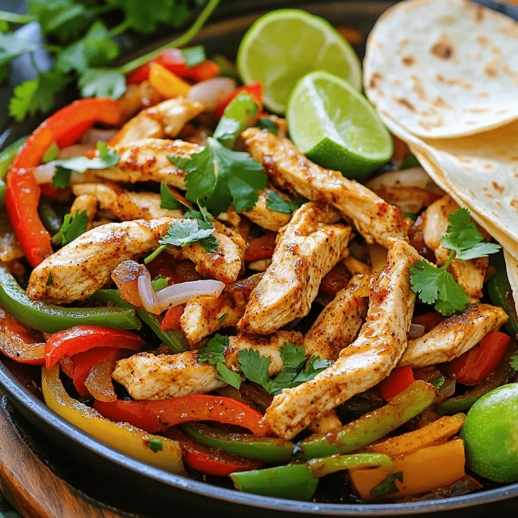 To make this dish, you need a few key ingredients. Here’s what you’ll need: - 1 lb (450g) boneless, skinless chicken breasts, sliced into thin strips - 2 tablespoons olive oil - 1 red bell pepper, sliced - 1 green bell pepper, sliced - 1 yellow onion, sliced - 3 cloves garlic, minced - 2 teaspoons chili powder - 1 teaspoon cumin - 1 teaspoon smoked paprika - Juice of 2 limes - Salt and pepper to taste These items are easy to find and pack a lot of flavor. The chicken gives protein, while the peppers and onions add crunch. Fresh herbs boost the taste of your meal. For this recipe, I recommend: - Fresh cilantro, chopped (for garnish) The cilantro adds a bright flavor and a pop of color. The spices you use also matter. Chili powder and cumin give warmth, while smoked paprika adds a hint of smokiness. Lime juice brightens it all up and balances the flavors. You can’t have fajitas without tortillas. I suggest using: - Tortillas, for serving Warm tortillas wrap around the chicken and veggies perfectly. Serve with your favorite toppings, like: - Sour cream - Guacamole - Salsa These toppings add creaminess and zest. Take a bite, and you’ll enjoy the mix of flavors and textures. It makes this dish a hit at any table! To start, I like to marinate the chicken. In a large bowl, combine sliced chicken, olive oil, minced garlic, chili powder, cumin, smoked paprika, lime juice, salt, and pepper. Mix everything well. This ensures the chicken gets all the flavors. Let it marinate for at least 15 minutes. If you have time, marinating for up to 2 hours in the fridge adds even more flavor. Next, it's time to cook the chicken. Preheat your skillet over medium-high heat. Make sure it's hot before adding the chicken. This helps achieve a nice sear. Add the marinated chicken to the hot pan. Cook for about 5-7 minutes, stirring occasionally. Watch for the chicken to turn brown and cook through. Now, let’s add the vegetables. Toss in the sliced bell peppers and onion. Keep cooking for another 5-7 minutes. Stir them occasionally until they become tender and slightly charred. Before finishing, taste the mix. Adjust the seasoning if needed. For a zesty kick, squeeze some extra lime juice on top. Once done, remove the pan from heat and prepare to serve. To make your chili lime chicken fajitas burst with flavor, marinate the chicken. Mix the chicken with olive oil, garlic, chili powder, cumin, smoked paprika, lime juice, salt, and pepper. Let it sit for at least 15 minutes. For even better taste, marinate for up to 2 hours in the fridge. This allows the spices to seep deep into the meat. When cooking, heat your pan over medium-high heat. A hot pan is key for a good sear. Once hot, add the marinated chicken without crowding the pan. This helps it brown nicely. Cook for about 5-7 minutes, stirring occasionally. Look for a golden brown color on the chicken to know it’s ready. You can easily change up this recipe based on what you have. Use chicken thighs instead of breasts for a juicier option. Swap the bell peppers for zucchini or mushrooms for a different taste. If you want a kick, add jalapeños. You can also use lime juice from a bottle if fresh limes aren't available. {{image_2}} You can make a tasty vegetarian version of these fajitas. Use the same spices and lime juice. Instead of chicken, use hearty vegetables. Bell peppers, zucchini, and mushrooms work great. You can add black beans for protein and fiber. Just sauté the veggies in the same way as the chicken. This gives you a fresh, bright meal packed with flavor. If you want some heat, go for spicy chili lime chicken fajitas. Add more chili powder or sprinkle in some cayenne pepper. You can also use fresh jalapeños for a fresh kick. The heat pairs well with the lime flavor. Just be careful not to overdo it. Adjust to your taste for the perfect spice level. You can switch up the protein in these fajitas. Try using shrimp or beef instead of chicken. The cooking time will change slightly. Shrimp cooks quickly, so only sauté for 3-4 minutes. Beef may need a bit longer, around 6-8 minutes. Each protein brings a unique flavor. Experiment to find your favorite version! To keep your leftover fajitas fresh, place them in an airtight container. Make sure to cool the fajitas to room temperature first. Store them in the fridge for up to three days. When you are ready to eat your fajitas again, reheat them gently. You can use a skillet on low heat. Stir them often to avoid burning. You can also use the microwave, but cover them with a damp paper towel. This keeps the chicken moist. If you want to save fajitas for later, freezing is a good option. Place the cooled fajitas in a freezer-safe bag. Squeeze out as much air as you can before sealing. They can last up to three months in the freezer. To thaw, move them to the fridge overnight. Reheat them using the tips above for the best taste. Yes, you can use frozen chicken. Just remember to thaw it first. Thawing helps the chicken cook evenly. You can leave it in the fridge overnight. If you are in a hurry, put the chicken in cold water. Change the water every 30 minutes until it thaws. Once thawed, you can follow the recipe as usual. Chicken fajitas taste great with many sides. Here are some ideas: - Rice: White or brown rice works well. - Beans: Black beans or pinto beans add protein. - Salad: A fresh green salad pairs nicely. - Guacamole: Creamy guacamole is always a hit. - Sour cream: Adds coolness to the spice. - Salsa: Choose your favorite salsa for extra flavor. To spice up your fajitas, add more chili powder or diced jalapeños. You can also use hot sauce for an extra kick. If you prefer milder fajitas, reduce the chili powder. You can skip the jalapeños and use bell peppers only. Adjusting the spice level is easy, so make it as you like! Flour tortillas are the most common choice for fajitas. They are soft and hold the filling well. Corn tortillas can also work if you prefer a gluten-free option. Choose the size that fits your appetite. Warm them up before serving for the best taste! This blog post covered how to make delicious one-pan chili lime chicken fajitas. We explored key ingredients, step-by-step cooking methods, and helpful tips. You learned variation ideas for different tastes and how to store leftovers. In closing, this recipe brings fun and flavor to your meals. Whether you choose chicken or a veggie twist, fajitas let you customize your plate. Get cooking and enjoy every bite!