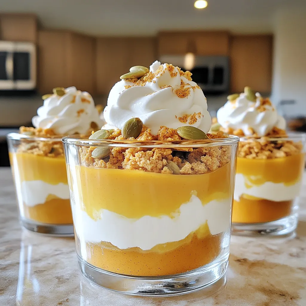To make these no-bake pumpkin cheesecake cups, you need the following: - 1 cup graham cracker crumbs - 1/4 cup unsalted butter, melted - 2 cups cream cheese, softened - 1 cup pumpkin puree - 1 cup powdered sugar - 1 tsp vanilla extract - 1 tsp ground cinnamon - 1/2 tsp ground nutmeg - 1/2 tsp ground ginger - 1 cup whipped cream (store-bought or homemade) - Extra whipped cream for topping - Crushed graham crackers and pumpkin seeds for garnish These ingredients create a rich and creamy dessert that tastes like fall. For the best taste, use high-quality cream cheese. It gives the cheesecake a smooth texture. Fresh pumpkin puree also enhances flavor. You can buy it or make it at home. Use unsalted butter for the crust to control the saltiness. Fresh spices, like ground cinnamon and ginger, add warmth and depth. You can customize your cups with fun add-ins. Consider adding a splash of maple syrup for sweetness. A pinch of clove can give a warm spice note. For toppings, try adding crushed pecans or walnuts for crunch. You can also use chocolate shavings for a sweet twist. Get creative and make this dessert your own! To start, grab a bowl. Add 1 cup of graham cracker crumbs to it. Then, melt 1/4 cup of unsalted butter in the microwave or on the stove. Pour the melted butter into the bowl with crumbs. Mix them well until you see a sandy texture. Next, take your serving cups. Spoon the crumb mixture into each cup. Press the crumbs down firmly with your fingers or a small spoon. This step is key for a solid base. After that, place the cups in the refrigerator. Let them chill while you prepare the filling. Now, move to a large mixing bowl. Add 2 cups of softened cream cheese to it. Beat the cream cheese with a mixer until it is smooth and creamy. This takes about one minute. Next, add 1 cup of pumpkin puree to the bowl. Then, add 1 cup of powdered sugar, 1 teaspoon of vanilla extract, 1 teaspoon of ground cinnamon, 1/2 teaspoon of ground nutmeg, and 1/2 teaspoon of ground ginger. Beat the mixture until everything blends well. It should look smooth and orange. Now, take 1 cup of whipped cream. Gently fold it into the pumpkin mixture. Use a spatula for this step. Be careful not to mix too hard. You want to keep the fluffy texture. Now comes the fun part! Take your chilled cups from the fridge. Use a spoon or a piping bag to add the pumpkin cheesecake filling. Fill each cup to the top, making sure to keep it neat. Once they are filled, return the cups to the fridge. Let them chill for at least 2 hours. This helps the layers set nicely. When you are ready to serve, add a dollop of extra whipped cream on top. Sprinkle crushed graham crackers and pumpkin seeds for a tasty crunch. Enjoy your beautiful and delicious pumpkin cheesecake cups! When making no-bake pumpkin cheesecake cups, avoid overmixing the cream cheese. This can lead to a gummy texture. Also, don’t skip chilling the crust. If you don’t chill it, it will not hold together well. Lastly, make sure to use softened cream cheese. Cold cream cheese will not blend smoothly. To get a creamy texture, whip the cream cheese until smooth first. Add the pumpkin puree and other ingredients slowly. This helps keep the mixture light and fluffy. When folding in the whipped cream, use a gentle hand. This keeps air in the mixture for that perfect creaminess. For a fun presentation, layer your cheesecake cups neatly. Start with the crust, then add the pumpkin filling. Top each cup with a dollop of whipped cream. Sprinkle crushed graham crackers and pumpkin seeds on top for a nice crunch. Use clear cups to show off those beautiful layers. {{image_2}} You can change up these no-bake pumpkin cheesecake cups in fun ways. Try adding chocolate for a rich taste. Mix in melted chocolate chips or cocoa powder for a chocolate twist. For a maple flavor, add maple syrup to the pumpkin mixture. This gives a warm, cozy taste perfect for fall. If you want a dairy-free or vegan version, use vegan cream cheese instead of regular cream cheese. You can also swap the whipped cream for coconut whipped cream. Use a plant-based butter for the crust. This keeps the recipe creamy and delicious while fitting your diet. For a healthier treat, use whole grain graham crackers or oats for the crust. Instead of powdered sugar, you can use honey or maple syrup for a natural sweetener. You can reduce the sugar to fit your needs. Adding Greek yogurt can make the filling tangy and boost protein. These swaps help make the dessert a little lighter without losing flavor. To keep your pumpkin cheesecake cups fresh, cover them tightly. You can use plastic wrap or a lid. This helps avoid any strange smells from your fridge. Store them in the fridge where it's cool. They should stay great for up to four days. Want to save some for later? You can freeze these cups! Wrap each cup tightly in plastic wrap. Then, place them in a freezer-safe bag or container. This keeps them from getting freezer burn. They can last up to three months in the freezer. When you're ready to eat, let them thaw in the fridge overnight. These tasty treats can last in the fridge for about four days. After that, the texture may change. The whipped cream might lose its fluffiness. For the best taste and texture, try to eat them within the first few days. Always check for any signs of spoilage before serving. Yes, you can make these cheesecake cups ahead of time. I often prepare them the night before. This allows the flavors to blend well. Just store them in the fridge until you're ready to serve. They taste even better after chilling overnight. To make a firmer filling, use less whipped cream. You can also add a bit of gelatin. First, dissolve the gelatin in warm water. Then, mix it into your cheese and pumpkin blend. This gives the filling a nice, firm texture. Refrigerate for a longer time if you want it even firmer. If you don’t have graham cracker crumbs, try crushed cookies. Digestive biscuits work well too. You can also use vanilla wafers for a sweet twist. For a gluten-free option, almond flour is a great choice. Just mix it with melted butter, like you would with graham crackers. You now have all the tools to make delicious pumpkin cheesecake cups. We covered the key ingredients, easy steps, helpful tips, and tasty variations. Remember to avoid common mistakes and focus on texture for the best results. These cups can be stored or frozen, making them perfect for any occasion. Embrace your creativity with flavors and enjoy sharing your treats. Making your own dessert can be fun and rewarding. Now, get started and impress yourself and your guests!
