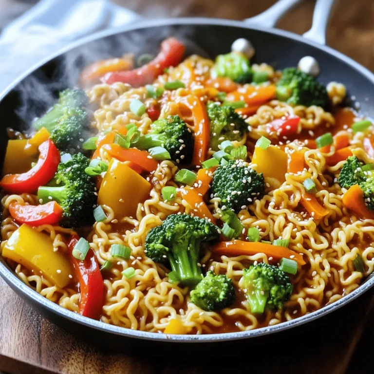 - 2 packs of instant ramen noodles - 1 tablespoon gochujang (Korean chili paste) - 1 tablespoon soy sauce - 1 tablespoon sesame oil - 1 tablespoon vegetable oil - 1 cup bell peppers (mix of red, yellow, and green), sliced - 1 cup broccoli florets - 1 medium carrot, julienned - 2 green onions, chopped - 2 cloves garlic, minced - 1 teaspoon ginger, grated - Salt and pepper to taste - Sesame seeds, for garnish This dish starts with instant ramen noodles. They are easy and quick to use. You can find them in many stores. Next, we add gochujang, a spicy Korean chili paste. It gives the dish a rich flavor. The soy sauce adds a nice salty taste. The fresh vegetables make this dish colorful and healthy. Bell peppers, broccoli, and carrots add crunch and taste. They also bring vitamins and fiber to your meal. Aromatics like garlic and ginger give a warm flavor. Green onions add a fresh bite at the end. Salt and pepper let you adjust the taste to your liking. Lastly, sesame seeds make a nice garnish. They add a little crunch and look great on top. This combination of ingredients makes for a fast, tasty meal. You can easily switch out veggies or add protein like chicken or tofu. Enjoy making this quick and savory dish! To cook instant ramen noodles, start by boiling water in a pot. Once the water is at a rolling boil, add the noodles. Cook them according to the package instructions, usually around 3-4 minutes. Once they are soft, drain the noodles and set them aside. This step is key. You want them ready to mix with the other ingredients later. For the sauce, mix gochujang, soy sauce, and sesame oil in a small bowl. Stir well until it is smooth. The sauce should be thick but not too sticky. This balance helps coat the noodles and veggies evenly. Set the sauce aside for later. Next, heat vegetable oil in a large skillet or wok over medium-high heat. Add minced garlic and grated ginger to the oil. Sauté them for about 30 seconds. When they smell nice, you know it’s time to move on. This step brings out the flavors of the aromatics. Now, toss in the sliced bell peppers, broccoli florets, and julienned carrot. Stir-fry these for about 3-4 minutes. Keep the heat high and stir often to cook them evenly. You want them tender-crisp, meaning they should still have a bit of bite. Add the cooked ramen noodles to the skillet. Drizzle the prepared gochujang sauce over the noodles. Toss everything together for about 2 minutes. This ensures all the flavors mix well and coat the noodles and veggies evenly. After mixing, taste your dish. Adjust the salt and pepper as needed for flavor. Once it’s just right, remove it from the heat. Garnish with chopped green onions and sesame seeds. This adds a nice touch and makes the dish pop visually. You can easily adjust the heat level of your dish. Start with the gochujang. If you want more spice, add more gochujang. Be careful; a little goes a long way! You can also sprinkle in some chili flakes or a dash of sriracha. This will give your ramen extra heat and flavor. Stir-frying needs high heat. This cooks the food quickly and keeps it crisp. Use a large skillet or wok for best results. A non-stick surface helps prevent sticking. Remember to preheat your pan before adding oil. This ensures a nice sear on your ingredients. Pair your spicy gochujang ramen with proteins like chicken or tofu. They add a great texture and flavor. You can also serve it with side salads or kimchi. These add freshness and a nice crunch. Don't forget to sprinkle sesame seeds on top for a bit of crunch and flair! {{image_2}} You can change up the vegetables to match the season. Try using zucchini, snap peas, or asparagus. Each adds its own flavor and crunch. Adding greens like spinach or kale boosts the nutrition of your dish. Toss them in near the end of cooking. They will wilt and blend well with the other veggies. To make your stir fry heartier, think about adding protein. Shrimp cooks quickly, just a few minutes in the pan. Beef adds great flavor; slice it thin for fast cooking. If you prefer plant-based options, tofu is a great choice. For tofu, press it first to remove the moisture. This helps it absorb the flavors better. Adjust cooking times based on what protein you choose. If you need a gluten-free meal, look for gluten-free ramen. Many stores offer these alternatives now. You can also use rice noodles if you prefer. Just be sure to check the labels for any hidden gluten. For a celiac-friendly dish, use tamari instead of soy sauce. This keeps the flavor while avoiding gluten. To keep your Spicy Gochujang Ramen Stir Fry fresh, let it cool down first. Then, place it in an airtight container. This helps keep the flavors intact. Store it in the fridge for up to three days. If it sits longer, it might lose its taste and texture. When you're ready to eat your leftovers, reheat them gently. You can use a microwave or a skillet. If using a microwave, heat in short bursts. Stir it often to warm it evenly. If using a skillet, add a splash of water or oil to keep it moist. This will help maintain the texture and flavor. You can freeze this dish if you want to save it for later. Allow it to cool and then use a freezer-safe container. Write the date on the container so you remember when you made it. It can last up to three months in the freezer. When you're ready to eat, thaw it overnight in the fridge. Reheat it using the methods above. Enjoy your tasty meal later! Yes, you can make this dish ahead. Cook the ramen and veggies, then store them separately. Keep the sauce in a jar. When you are ready to eat, just heat everything up. This way, your meal stays fresh and tasty. If you don't have gochujang, you can use sriracha or chili paste. These will add heat but change the flavor a bit. Mixing in a little miso paste can also give you a rich taste. To make it less spicy, use less gochujang. You can also add more veggies to balance the heat. Adding coconut milk can also help cool things down. This dish lasts about three days in the fridge. Store it in an airtight container. When you're ready to eat, just reheat it in a pan or microwave. Absolutely! You can use any veggies you like. Try adding snap peas, zucchini, or mushrooms. Get creative and use what you have at home. This dish combines instant ramen and fresh veggies, making it simple and tasty. Follow the steps to cook the noodles, mix the sauce, and stir-fry your ingredients. You can personalize it with different proteins or veggies, and adjust spice levels to your taste. Remember to store leftovers properly for later meals. Enjoy your delicious creation, knowing you made it your own!