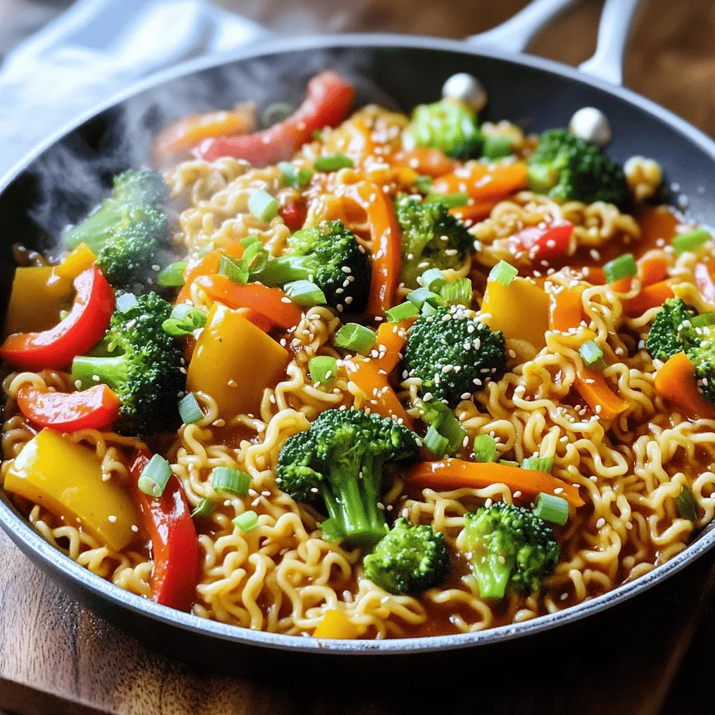 - 2 packs of instant ramen noodles - 1 tablespoon gochujang (Korean chili paste) - 1 tablespoon soy sauce - 1 tablespoon sesame oil - 1 tablespoon vegetable oil - 1 cup bell peppers (mix of red, yellow, and green), sliced - 1 cup broccoli florets - 1 medium carrot, julienned - 2 green onions, chopped - 2 cloves garlic, minced - 1 teaspoon ginger, grated - Salt and pepper to taste - Sesame seeds, for garnish This dish starts with instant ramen noodles. They are easy and quick to use. You can find them in many stores. Next, we add gochujang, a spicy Korean chili paste. It gives the dish a rich flavor. The soy sauce adds a nice salty taste. The fresh vegetables make this dish colorful and healthy. Bell peppers, broccoli, and carrots add crunch and taste. They also bring vitamins and fiber to your meal. Aromatics like garlic and ginger give a warm flavor. Green onions add a fresh bite at the end. Salt and pepper let you adjust the taste to your liking. Lastly, sesame seeds make a nice garnish. They add a little crunch and look great on top. This combination of ingredients makes for a fast, tasty meal. You can easily switch out veggies or add protein like chicken or tofu. Enjoy making this quick and savory dish! To cook instant ramen noodles, start by boiling water in a pot. Once the water is at a rolling boil, add the noodles. Cook them according to the package instructions, usually around 3-4 minutes. Once they are soft, drain the noodles and set them aside. This step is key. You want them ready to mix with the other ingredients later. For the sauce, mix gochujang, soy sauce, and sesame oil in a small bowl. Stir well until it is smooth. The sauce should be thick but not too sticky. This balance helps coat the noodles and veggies evenly. Set the sauce aside for later. Next, heat vegetable oil in a large skillet or wok over medium-high heat. Add minced garlic and grated ginger to the oil. Sauté them for about 30 seconds. When they smell nice, you know it’s time to move on. This step brings out the flavors of the aromatics. Now, toss in the sliced bell peppers, broccoli florets, and julienned carrot. Stir-fry these for about 3-4 minutes. Keep the heat high and stir often to cook them evenly. You want them tender-crisp, meaning they should still have a bit of bite. Add the cooked ramen noodles to the skillet. Drizzle the prepared gochujang sauce over the noodles. Toss everything together for about 2 minutes. This ensures all the flavors mix well and coat the noodles and veggies evenly. After mixing, taste your dish. Adjust the salt and pepper as needed for flavor. Once it’s just right, remove it from the heat. Garnish with chopped green onions and sesame seeds. This adds a nice touch and makes the dish pop visually. You can easily adjust the heat level of your dish. Start with the gochujang. If you want more spice, add more gochujang. Be careful; a little goes a long way! You can also sprinkle in some chili flakes or a dash of sriracha. This will give your ramen extra heat and flavor. Stir-frying needs high heat. This cooks the food quickly and keeps it crisp. Use a large skillet or wok for best results. A non-stick surface helps prevent sticking. Remember to preheat your pan before adding oil. This ensures a nice sear on your ingredients. Pair your spicy gochujang ramen with proteins like chicken or tofu. They add a great texture and flavor. You can also serve it with side salads or kimchi. These add freshness and a nice crunch. Don't forget to sprinkle sesame seeds on top for a bit of crunch and flair! {{image_2}} You can change up the vegetables to match the season. Try using zucchini, snap peas, or asparagus. Each adds its own flavor and crunch. Adding greens like spinach or kale boosts the nutrition of your dish. Toss them in near the end of cooking. They will wilt and blend well with the other veggies. To make your stir fry heartier, think about adding protein. Shrimp cooks quickly, just a few minutes in the pan. Beef adds great flavor; slice it thin for fast cooking. If you prefer plant-based options, tofu is a great choice. For tofu, press it first to remove the moisture. This helps it absorb the flavors better. Adjust cooking times based on what protein you choose. If you need a gluten-free meal, look for gluten-free ramen. Many stores offer these alternatives now. You can also use rice noodles if you prefer. Just be sure to check the labels for any hidden gluten. For a celiac-friendly dish, use tamari instead of soy sauce. This keeps the flavor while avoiding gluten. To keep your Spicy Gochujang Ramen Stir Fry fresh, let it cool down first. Then, place it in an airtight container. This helps keep the flavors intact. Store it in the fridge for up to three days. If it sits longer, it might lose its taste and texture. When you're ready to eat your leftovers, reheat them gently. You can use a microwave or a skillet. If using a microwave, heat in short bursts. Stir it often to warm it evenly. If using a skillet, add a splash of water or oil to keep it moist. This will help maintain the texture and flavor. You can freeze this dish if you want to save it for later. Allow it to cool and then use a freezer-safe container. Write the date on the container so you remember when you made it. It can last up to three months in the freezer. When you're ready to eat, thaw it overnight in the fridge. Reheat it using the methods above. Enjoy your tasty meal later! Yes, you can make this dish ahead. Cook the ramen and veggies, then store them separately. Keep the sauce in a jar. When you are ready to eat, just heat everything up. This way, your meal stays fresh and tasty. If you don't have gochujang, you can use sriracha or chili paste. These will add heat but change the flavor a bit. Mixing in a little miso paste can also give you a rich taste. To make it less spicy, use less gochujang. You can also add more veggies to balance the heat. Adding coconut milk can also help cool things down. This dish lasts about three days in the fridge. Store it in an airtight container. When you're ready to eat, just reheat it in a pan or microwave. Absolutely! You can use any veggies you like. Try adding snap peas, zucchini, or mushrooms. Get creative and use what you have at home. This dish combines instant ramen and fresh veggies, making it simple and tasty. Follow the steps to cook the noodles, mix the sauce, and stir-fry your ingredients. You can personalize it with different proteins or veggies, and adjust spice levels to your taste. Remember to store leftovers properly for later meals. Enjoy your delicious creation, knowing you made it your own!