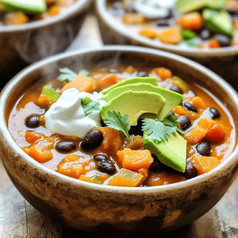 - 1 can (15 oz) black beans, rinsed and drained - 1 can (15 oz) pumpkin puree - 1 medium onion, diced - 2 cloves garlic, minced - 2 medium carrots, diced - 1 bell pepper (any color), diced - 1 can (14 oz) diced tomatoes with green chilies - 1 cup vegetable broth - 1 tablespoon chili powder - 1 teaspoon cumin - 1 teaspoon smoked paprika - ½ teaspoon cinnamon - Salt and pepper to taste - 1 tablespoon olive oil For a burst of flavor, consider these optional toppings: - Diced avocado - Fresh cilantro - Sour cream - Shredded cheese Each ingredient plays a key role in making this chili warm and filling. The black beans provide protein and texture. Pumpkin adds creaminess and a slight sweetness. Onions and garlic bring depth, while spices create warmth. Using vegetable broth enhances the overall flavor. Feel free to adjust spices to suit your taste. Add more chili powder for heat or more cumin for earthiness. Topping with avocado and cilantro adds freshness and visual appeal. Enjoy experimenting with different flavors! Start by heating 1 tablespoon of olive oil in a skillet over medium heat. Add 1 medium diced onion. Sauté for about 5 minutes until the onion turns translucent. This step releases the onion's sweetness. After that, add 2 minced garlic cloves. Cook for an additional minute until fragrant. Be careful not to burn the garlic. Stir often to keep it from sticking. Now, it’s time to layer everything in the slow cooker. Start with the sautéed onions and garlic. Next, add 1 can of rinsed black beans, 1 can of pumpkin puree, and 1 can of diced tomatoes with green chilies. Don’t forget the diced carrots and bell pepper. Pour in 1 cup of vegetable broth. Sprinkle in 1 tablespoon of chili powder, 1 teaspoon of cumin, 1 teaspoon of smoked paprika, and ½ teaspoon of cinnamon. Finally, add salt and pepper to taste. Stir everything together well. This mixing helps the flavors blend nicely. Cover the slow cooker. Set it to low heat for 6-8 hours. If you're in a hurry, set it to high heat for 3-4 hours. The low heat allows flavors to develop fully. Check the chili near the end of cooking. All the vegetables should be tender. Taste it, and adjust the seasoning if needed. Enjoy the rich aroma filling your kitchen! To make your chili pop, try adding a pinch of cayenne pepper. It gives a nice kick. You can also mix in fresh herbs, like cilantro or parsley, for a bright flavor. If you want more depth, use smoked salt instead of regular salt. Adjust the heat by adding more chili powder or diced jalapeños. Start small and taste as you go. If your vegetables are undercooked, check your slow cooker settings. Cooking on high might help. For a bland taste, add more salt or spices. A splash of lime juice can brighten flavors. If your chili is too watery, mix in a tablespoon of cornmeal or masa harina. Let it cook for an extra 15 minutes to thicken. Pair your chili with cornbread or tortilla chips. A simple green salad makes a great side too. Serve the chili in deep bowls for a cozy feel. Top each bowl with avocado, cilantro, sour cream, and cheese for a beautiful presentation. This will invite everyone to dive in! {{image_2}} You can change the beans or veggies to mix up the flavor. If you want, use kidney beans or pinto beans instead of black beans. You can add corn for some sweetness or zucchini for extra veggies. If you like meat, try adding ground turkey or beef. For a plant-based option, use lentils for protein. This chili is all about what you enjoy! Want to cook faster? You can use a stovetop or instant pot. For the stovetop, just heat a large pot over medium heat. Sauté the onion and garlic, then add all the other ingredients. Let it simmer for about 30 minutes. If you prefer the instant pot, combine all the ingredients and cook on high for 10 minutes. Both methods make delicious chili! This pumpkin black bean chili is great for everyone. It's gluten-free and vegan. To keep it healthy, you can use low-sodium vegetable broth. If you're watching calories, skip the cheese and sour cream. You can also use Greek yogurt for a creamy topping that adds protein. This chili fits many diets! To store your leftover chili, cool it down first. Then, use an airtight container. Place it in the fridge if you plan to eat it soon. For longer storage, freeze it. Divide the chili into smaller portions for easy access later. When reheating, use a pot on low heat or the microwave. Stir occasionally to keep the flavors rich. Adding a splash of broth can help restore moisture. When stored in the fridge, your pumpkin black bean chili lasts about 3 to 5 days. In the freezer, it can last up to 3 months. Always check for signs of spoilage. If it has an off smell or unusual color, discard it. Safety first! Enjoy this cozy dish while it’s fresh and delicious. Yes, you can make this chili in advance. It tastes even better after a day. To prep, cook the chili and let it cool. Store it in an airtight container in the fridge. It will last for about three to four days. When ready to eat, reheat it on the stove or in the microwave. Stir well to combine flavors before serving. Absolutely! Freezing this chili is easy. Place it in a freezer-safe container. Leave some space at the top for expansion. It can stay fresh for about three months. To thaw, move it to the fridge overnight. Reheat it on low heat in a pot, stirring often. Add a splash of water or broth if it seems thick. This chili pairs well with many dishes. Try serving it with cornbread for a warm, cozy meal. You can also serve it with a simple salad for freshness. Rice or quinoa make great sides, adding texture and nutrition. For an extra twist, top the chili with avocado, cilantro, sour cream, or cheese. These toppings bring creaminess and flavor to each bite. In this blog post, we explored how to create a delicious pumpkin black bean chili. We discussed the key ingredients, step-by-step cooking instructions, and helpful tips for flavor and troubleshooting. Now, you can confidently cook and customize your chili with various swaps. Remember, storage and reheating techniques can keep your meal fresh. Whether you make it in advance or serve it hot, enjoy the many flavors and textures! Happy cooking!