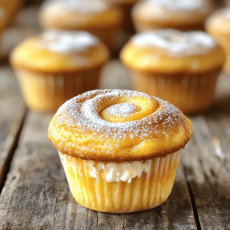 - 1 ½ cups all-purpose flour - 1 teaspoon baking powder - ½ teaspoon baking soda - ½ teaspoon salt - 1 teaspoon ground cinnamon - ½ teaspoon nutmeg - 1 cup canned pumpkin puree - 1 cup sugar - ½ cup vegetable oil - 2 large eggs - 1 teaspoon vanilla extract - 4 oz cream cheese, softened - ¼ cup powdered sugar - 1 teaspoon lemon juice For those with common allergens or dietary needs, here are some substitutions: - Use gluten-free flour for a gluten-free version. - Swap vegetable oil for applesauce to cut fat. - Replace eggs with flaxseed meal mixed with water for a vegan option. - Use dairy-free cream cheese for a dairy-free treat. These ingredients create a tasty balance of flavors. The pumpkin gives moisture, while the spices add warmth. The cream cheese filling takes these muffins to the next level. Enjoy making these delightful treats! 1. Preheat your oven to 350°F (175°C). This step is key for even baking. 2. Prepare your muffin tin by lining it with paper liners. You can also grease the tin with non-stick spray. This keeps your muffins from sticking. 3. In a medium bowl, mix the dry ingredients. Combine 1 ½ cups flour, 1 teaspoon baking powder, ½ teaspoon baking soda, ½ teaspoon salt, 1 teaspoon cinnamon, and ½ teaspoon nutmeg. Whisk well until they blend smoothly. 4. In a large bowl, combine the wet ingredients. Add 1 cup of pumpkin puree, 1 cup of sugar, ½ cup vegetable oil, 2 large eggs, and 1 teaspoon vanilla extract. Mix until the mixture is smooth and creamy. 1. Fill the muffin cups halfway with the pumpkin batter. Use a spoon for easy pouring. 2. Take about 1 teaspoon of the cream cheese mixture and add it on top of the batter. 3. Cover with more pumpkin batter until the cups are about ¾ full. This ensures the muffins rise nicely during baking. 1. Bake in the preheated oven for 18-20 minutes. The time may vary, so keep an eye on them. 2. To check for doneness, insert a toothpick into the center of a muffin. If it comes out clean, the muffins are ready. If not, bake for a few more minutes. Baking these muffins fills your kitchen with a warm, inviting smell. Enjoy the process and get ready for a tasty treat! To keep your muffins moist and fluffy, watch your mixing. Overmixing can lead to dense muffins. Mix until just combined. This keeps them light. Use fresh baking powder and soda. They lose power over time. Common mistakes can ruin your muffins. Make sure your oven is at the right temperature. An oven thermometer can help. If you open the oven door too soon, the muffins may sink. Wait until the timer goes off. For the cream cheese filling, softening it is key. Let it sit at room temperature for a bit. This makes it easy to mix. Aim for a smooth, creamy consistency. If it’s too thick, add a tiny splash of milk. To jazz up the flavor, think outside the box. Try adding a dash of vanilla extract or a sprinkle of cinnamon. You could even mix in some chocolate chips for a fun twist. Present the muffins warm for the best taste. Dust them lightly with powdered sugar for a nice touch. You can also drizzle a bit of cream cheese glaze on top. It adds sweetness and looks great. Pair these muffins with a hot cup of coffee or tea. The warm drinks complement the spices in the muffins. You could also serve them with a dollop of whipped cream for a treat! {{image_2}} You can make pumpkin cream cheese muffins even more fun. Here are some ideas: - Adding nuts or chocolate chips: Chopped walnuts or pecans add a nice crunch. You can also stir in chocolate chips for a sweet twist. Both options bring a new texture and flavor to your muffins. Just fold them in gently before baking. - Incorporating different spices: While cinnamon and nutmeg are classic, you can mix it up. Try adding ginger or allspice for a warm flavor. A pinch of cloves can also enhance the taste. Experimenting with spices can make your muffins unique and delicious. If you have dietary needs, you can still enjoy these muffins. Here are some great options: - Gluten-free or dairy-free options: To make these muffins gluten-free, use a 1:1 gluten-free flour blend. For a dairy-free version, swap cream cheese for a dairy-free cream cheese. This way, everyone can enjoy them. - Vegan substitutions for eggs and cream cheese: You can replace eggs with flaxseed meal or applesauce. For the cream cheese, try using silken tofu blended until smooth. Both swaps keep muffins moist and tasty while meeting dietary needs. To keep your pumpkin cream cheese muffins fresh, store them at room temperature. Place them in an airtight container. This helps keep moisture in and prevents them from drying out. If you plan to eat them later, refrigerate the muffins. Just place them in a container with a lid. This keeps the cream cheese filling safe and tasty. You can also freeze the muffins for longer storage. Wrap each muffin in plastic wrap, then place them in a freezer bag. This helps avoid freezer burn and keeps them fresh. These muffins stay fresh for about 3 to 4 days at room temperature. In the fridge, they last about a week. If frozen, you can enjoy them for up to 3 months. Watch for signs of spoilage. If you see mold or if they smell off, it’s best to toss them. A dry texture or hard edges also mean it’s time to say goodbye. Can I use fresh pumpkin instead of canned? Yes, you can use fresh pumpkin. Just cook it, mash it, and drain excess water. Fresh pumpkin adds a nice flavor and texture. How can I tell when the muffins are done? Insert a toothpick into a muffin's center. If it comes out clean, the muffins are ready. They should be golden brown and spring back when touched. Can I make the batter ahead of time? You can prepare the batter a day early. Store it in the fridge, but mix gently before using. Freshly baked muffins taste best, so bake them when you can. Overview of calories and macros Each muffin has around 200 calories. They have about 8 grams of fat and 3 grams of protein. The sugar content is about 12 grams per muffin. Tips for making muffins healthier - Use whole wheat flour instead of all-purpose flour. - Reduce sugar by a quarter to half. - Swap vegetable oil for applesauce. - Add nuts or seeds for extra fiber and healthy fats. These changes boost nutrition while keeping muffins tasty. In this post, we covered how to make delicious muffins with cream cheese filling. We detailed each ingredient and provided helpful substitutions. The step-by-step guide makes assembly and baking simple. You learned tips for moist muffins and creative flavor options. Lastly, we shared storage tips and addressed common questions. Now, you'll be ready to bake muffins that impress. Enjoy the process and share your tasty results!