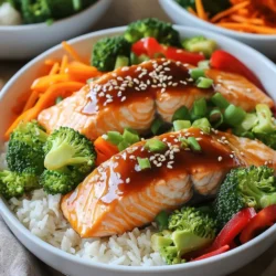 - 2 salmon fillets (about 6 oz each) - 1/4 cup teriyaki sauce (store-bought or homemade) - 1 tablespoon sesame oil The star of this dish is the salmon. It cooks fast and tastes great. Teriyaki sauce gives it a sweet and salty kick. Sesame oil adds a nutty flavor, making the dish rich. - 1 cup cooked jasmine rice - 1 cup broccoli florets - 1/2 red bell pepper, sliced Jasmine rice forms a fluffy base for the bowl. Broccoli florets bring color and crunch. Red bell pepper adds sweetness and a nice pop. - 1/4 cup shredded carrots - 2 green onions, sliced - Sesame seeds Garnishes make your bowl look pretty. Shredded carrots add color and slight crunch. Green onions give a fresh taste. Sesame seeds add a nice finish. To start, mix the teriyaki sauce and sesame oil in a bowl. Add a pinch of salt and pepper for extra taste. Place the salmon fillets in the bowl. Make sure they are fully covered in the marinade. Let the salmon sit for at least 15 minutes. This step makes the fish flavorful and moist. While the salmon marinates, it’s time to prep the veggies. First, bring a pot of water to a boil. Once boiling, add the broccoli florets. Blanch them for about 2 minutes. After that, quickly move them to a bowl of ice water. This keeps the bright green color. Next, grab a non-stick skillet. Heat it over medium heat. Add a splash of sesame oil. Sauté the broccoli, sliced red bell pepper, and shredded carrots for about 3-5 minutes. You want them tender but still crisp. Now, let’s get the air fryer ready. Preheat it to 400°F (200°C) for about 5 minutes. Once hot, place the marinated salmon fillets in the air fryer basket, skin side down. Air fry the salmon for 7-9 minutes. It should cook through and flake easily with a fork. For more flavor, brush the fillets with extra teriyaki sauce halfway through. Now comes the fun part—putting it all together! Start with a base of cooked jasmine rice in each bowl. Next, add your sautéed vegetables on one side. Finally, place the cooked salmon fillet right on top of the rice. For extra flair, garnish with sliced green onions and a sprinkle of sesame seeds. You can also drizzle with more teriyaki sauce if you like it saucy! To ensure your salmon cooks evenly, place the fillets skin side down in the air fryer. This helps the skin crisp up nicely. Use a meat thermometer to check for doneness. Salmon is ready when it reaches 145°F (63°C) and flakes easily with a fork. If you don’t have a thermometer, check the color. It should be opaque and pink in the center. To enhance the flavor and texture of your vegetables, blanch the broccoli for two minutes in boiling water. This keeps its bright color and crunch. You can also sauté the red bell pepper and shredded carrots for added sweetness. For seasonal vegetables, feel free to swap in zucchini, snap peas, or asparagus. They all work well with teriyaki sauce. You can use store-bought teriyaki sauce for quick prep. Look for brands without added sugars or preservatives. If you want to go homemade, mix soy sauce, honey, garlic, and ginger for a simple sauce. A good homemade recipe can give your salmon a fresh and unique flavor. {{image_2}} You can switch the salmon with chicken or tofu. Chicken works well with teriyaki sauce. Simply cut it into strips and marinate like the salmon. Cook it in the air fryer until it is crispy and cooked through. Tofu absorbs flavors well. Press it to remove extra water, then marinate it. Air fry until golden on the outside. Both options taste great and keep the dish healthy. If you want to change the base, try quinoa or brown rice instead of jasmine rice. Quinoa is a complete protein and cooks quickly. Rinse it before cooking to remove any bitterness. Brown rice has a nutty flavor and is more filling. It takes longer to cook, so plan ahead. Both grains pair nicely with teriyaki sauce and add texture. You can spice up your teriyaki bowls with extra sauces or spices. Try adding chili flakes for heat or garlic powder for depth. A drizzle of sriracha gives a nice kick. You can also experiment with different sauces like sweet chili or hoisin. Mixing these flavors keeps the meal exciting and fresh each time you make it. To keep your salmon bowls fresh, store them in airtight containers. Place each bowl in the fridge within two hours of cooking. Make sure to separate the salmon from the rice and vegetables. This helps prevent sogginess. Leftovers can last for up to three days in the fridge. When reheating, use the microwave for quick results. Place the salmon and veggies on a plate. Cover them with a damp paper towel. Heat in short bursts of 30 seconds. Check if they are warm. You want them to be hot but not dry. Alternatively, use an air fryer at 350°F for about five minutes. This method keeps everything moist. You can freeze the salmon and veggies, but it's best to freeze them separately. Wrap the salmon tightly in plastic wrap and then foil. It can last for up to three months in the freezer. For the veggies, place them in freezer bags, removing as much air as possible. When ready to eat, thaw in the fridge overnight before reheating. Cook salmon in an air fryer for 7-9 minutes at 400°F (200°C). This time works well for fillets that are about 6 oz each. Check for doneness by seeing if the salmon flakes easily with a fork. If you want more flavor, brush on extra teriyaki sauce halfway through cooking. Yes, making teriyaki sauce at home is simple. Here’s a quick recipe: - 1/4 cup soy sauce - 2 tablespoons honey or brown sugar - 1 tablespoon rice vinegar - 1 teaspoon garlic, minced - 1 teaspoon ginger, minced Combine all these ingredients in a bowl. Whisk until mixed. You can adjust the sweetness or saltiness to your taste. This homemade sauce adds a fresh touch to your salmon bowls. You can get creative with your veggies! Here are some great options: - Broccoli florets - Bell peppers (any color) - Shredded carrots - Snap peas - Zucchini slices - Green beans Feel free to swap in any seasonal vegetables you enjoy. Using a mix can add color and flavor to your teriyaki salmon bowls. This blog post covered key ingredients for tasty salmon bowls. You learned to marinate salmon and prep crisp veggies. Using an air fryer ensures perfect cooking. I shared helpful tips for flavor and storage. Feel free to swap proteins and grains based on your taste. These bowls are easy to make, healthy, and flavorful. Dive into this dish, and enjoy every bite! Use these steps to impress your friends and family with your cooking skills.