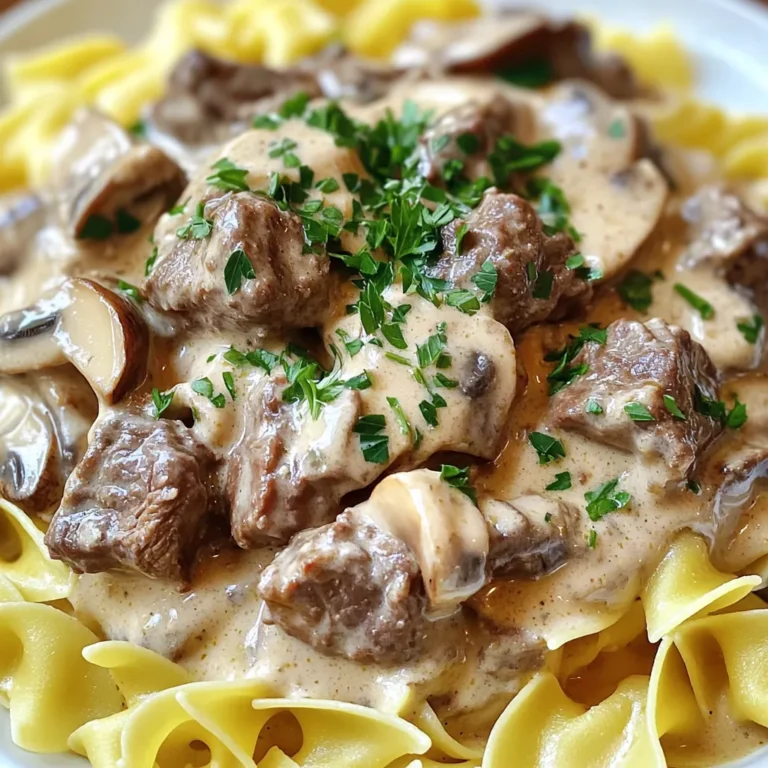 To make a tasty slow cooker beef stroganoff, gather these key items: - 2 lbs beef stew meat, cut into 1-inch pieces - 1 medium onion, finely chopped - 3 cloves garlic, minced - 8 oz mushrooms, sliced (button or cremini) - 4 cups beef broth - 1 tablespoon Worcestershire sauce - 1 teaspoon Dijon mustard - 1 teaspoon paprika - ½ teaspoon black pepper - ¼ teaspoon salt (adjust to taste) - 1 cup sour cream - 3 tablespoons cornstarch - 3 tablespoons water - Fresh parsley, chopped (for garnish) - Egg noodles (for serving) You can boost the taste of your beef stroganoff with these extras: - A splash of red wine for depth - A teaspoon of dried thyme or oregano - Fresh chives or green onions for garnish - A pinch of cayenne pepper for heat If you want to swap ingredients, here are some ideas: - Use chicken or turkey instead of beef for a lighter dish. - Swap sour cream for Greek yogurt for a tangy twist. - Replace beef broth with vegetable broth for a vegetarian option. - Try using flour instead of cornstarch to thicken the sauce. These substitutions can help you adapt the recipe to your taste or what you have on hand. First, gather all your ingredients. You need: - 2 lbs beef stew meat, cut into 1-inch pieces - 1 medium onion, finely chopped - 3 cloves garlic, minced - 8 oz mushrooms, sliced - 4 cups beef broth - 1 tablespoon Worcestershire sauce - 1 teaspoon Dijon mustard - 1 teaspoon paprika - ½ teaspoon black pepper - ¼ teaspoon salt - 1 cup sour cream - 3 tablespoons cornstarch - 3 tablespoons water - Fresh parsley, chopped (for garnish) - Egg noodles (for serving) Next, chop your onion and mince the garlic. This adds a great base flavor. Slice the mushrooms to add texture to the dish. In your slow cooker, add the beef stew meat, chopped onion, garlic, and mushrooms. Pour the beef broth over these ingredients. Then, add Worcestershire sauce, Dijon mustard, paprika, black pepper, and salt. Stir the mixture gently to combine everything well. Cover your slow cooker. Cook on low for 8 hours or high for 4 hours. The beef should become tender. Once cooking is done, mix the cornstarch and water in a small bowl to make a slurry. Add this to the slow cooker and stir well. Cook on high for an extra 30 minutes. This will thicken your stroganoff. After this, stir in the sour cream until blended. Reduce the heat to low and keep warm. Cook the egg noodles according to the package instructions. Drain them and set aside. To serve, place the stroganoff over a bed of noodles. Garnish with chopped fresh parsley for a nice touch. Enjoy your meal! To boost flavor in your beef stroganoff, use fresh herbs like thyme or rosemary. Adding a splash of white wine can deepen the taste. For a richer sauce, try using beef stock instead of broth. You can also sauté the mushrooms and onions before adding them to the slow cooker. This step adds a nice caramelized flavor. One common mistake is overcooking the beef. If you cook it too long, it may turn dry. Always check for tenderness after the recommended time. Another mistake is not adjusting the salt. Taste the dish before serving and add more if needed. Lastly, don’t forget to mix the cornstarch with water well. If lumps form, your sauce won’t thicken properly. For the best beef stroganoff, choose high-quality beef stew meat. Cut it into uniform pieces for even cooking. Be sure to layer ingredients in the slow cooker, starting with the meat and then the veggies. This helps all flavors meld well. When adding sour cream, do so off the heat to keep its creamy texture. Serve over egg noodles to soak up all the delicious sauce. {{image_2}} You can make beef stroganoff without meat. Try using mushrooms, tofu, or tempeh. These options add texture and flavor. For a hearty dish, use lentils or chickpeas. They soak up the sauce well. Replace beef broth with vegetable broth for a full vegetarian experience. Mushrooms are key in this dish. Button mushrooms are common, but cremini adds a deeper taste. Shiitake mushrooms boost umami flavor and pair well with the sauce. You can mix different types of mushrooms for extra depth. Try portobello for a meaty bite or oyster mushrooms for a unique twist. You can change the flavor with different herbs and spices. Try adding thyme for a warm taste. Rosemary gives a nice aroma. For a kick, add red pepper flakes. You can also experiment with garlic powder or onion powder for more flavor. A splash of white wine can enhance the sauce, too. To keep your beef stroganoff fresh, let it cool first. Place the leftover stroganoff in an airtight container. Store it in the fridge. It will stay good for up to three days. If you want to keep it longer, freezing is a good option. Always label the container with the date. This helps you remember when you made it. If you decide to freeze your beef stroganoff, use freezer-safe containers. Make sure to leave some space at the top for expansion. You can freeze it for up to three months. When you are ready to eat it, thaw it in the fridge overnight. This way, it defrosts slowly and keeps its flavor. When reheating, use a saucepan on low heat. Stir often to avoid sticking. If the sauce seems thick, add a splash of beef broth or water. This helps bring back the creaminess. You can also microwave it, but use short bursts of heat. Stir in between to ensure even warming. Enjoy your stroganoff as if it was fresh! It takes about 8 hours on low or 4 hours on high to cook beef stroganoff. The slow cooking makes the beef tender and full of flavor. This long cooking time allows the spices and broth to blend well. You can set it in the morning and come back to a warm meal. Yes, you can use other cuts of beef. Chuck roast works well because it becomes tender. You can also try sirloin or flank steak. Just cut them into 1-inch pieces like the recipe says. Each cut gives a slightly different taste and texture. Beef stroganoff pairs well with egg noodles, rice, or mashed potatoes. The creamy sauce is great for soaking into these sides. You can also add a side salad or steamed vegetables for balance. A crusty bread can help you enjoy the sauce too! Yes, this recipe is great for meal prep. It stores well in the fridge for a few days. You can make it ahead and reheat it when you need a quick meal. Just keep the noodles separate so they don’t get mushy. Absolutely! You can add vegetables like peas, carrots, or bell peppers. Just chop them into small pieces and add them to the slow cooker. They will cook down nicely and add extra flavor. Adding veggies makes the meal even healthier. In this blog post, we explored how to make beef stroganoff. We covered essential and optional ingredients. You learned about cooking prep, step-by-step slow cooker methods, and serving tips. My best practices can help you avoid common mistakes and enhance flavor. We discussed tasty variations like vegetarian options and different mushrooms. Finally, proper storage and reheating methods ensure great meals later. With this guide, you're ready to cook a delicious beef stroganoff. Enjoy your cooking journey!