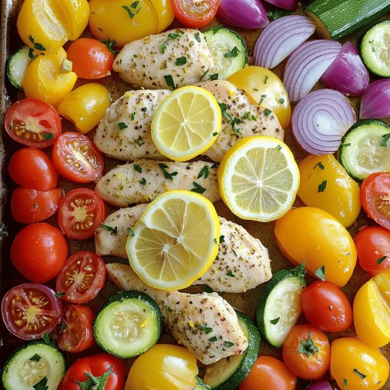 - 4 boneless, skinless chicken breasts - 2 lemons (one for juice, one for slices) - 4 tablespoons olive oil - 3 cloves garlic, minced - 1 teaspoon dried thyme - 1 teaspoon dried oregano - 1 teaspoon paprika - Salt and black pepper to taste - 1 bell pepper (red or yellow), sliced - 1 zucchini, sliced into half moons - 1 cup cherry tomatoes, halved - 1 red onion, cut into wedges The key to this dish is fresh ingredients. The chicken is the star. Use boneless, skinless breasts for easy eating. The lemons provide that zesty flavor. You’ll need one for juice and one for slices. Fresh herbs like thyme and oregano make it aromatic. Paprika adds a nice touch of color. The veggies are colorful and healthy. Bell peppers give sweetness, while zucchini adds texture. Cherry tomatoes burst with flavor. Red onion brings a mild sharpness. Together, they create a bright, beautiful dish. - Fresh parsley - Lemon wedges Garnishing is simple but effective. Fresh parsley adds a pop of green. It also enhances the flavors. Lemon wedges bring a fresh, bright touch. When you serve the meal, these garnishes make it even more appealing. They invite everyone to dig in. To begin, preheat your oven to 400°F (200°C). This step is key. It ensures even cooking for both the chicken and veggies. While the oven heats, prepare the chicken marinade. In a bowl, whisk the juice from one lemon, olive oil, minced garlic, dried thyme, oregano, paprika, salt, and black pepper. Mix until everything is well blended. How long should you marinate the chicken? Let it sit for at least 30 minutes. If you want more flavor, marinate it for up to 2 hours in the fridge. For thorough marination, make sure the chicken is well coated in the marinade. Use a resealable bag or a dish. This helps the flavors soak in better. Now it’s time to arrange your ingredients on the sheet pan. Spread out the marinated chicken in the center. Surround it with the sliced bell pepper, zucchini, halved cherry tomatoes, and red onion. Don’t forget to top the chicken with lemon slices for extra zest. For baking, place the sheet pan in the preheated oven. Bake for 25-30 minutes. Check that the chicken reaches an internal temperature of 165°F (75°C). The veggies should be tender and slightly caramelized at this point. To boost the taste of this dish, try adding more herbs. You can use fresh thyme or oregano for a stronger flavor. If you like a little heat, add a pinch of red pepper flakes. Marination is key. Let your chicken soak in the marinade for at least 30 minutes. For the best flavor, marinate it for up to 2 hours in the fridge. To keep the chicken juicy, do not overcook it. The chicken is done when it reaches 165°F. Let it rest after baking. This helps keep the juices inside. For the veggies, cut them into similar sizes. This way, they cook evenly. Also, use high heat to get a nice caramelization. You can serve the dish right from the pan. This gives a fun, rustic look. If you want something fancier, plate each item separately. Add a sprinkle of fresh parsley on top and a lemon wedge on the side. This adds color and freshness to your meal. {{image_2}} You can swap herbs to change the taste. Try rosemary or basil for a new twist. Each herb adds a unique flavor. For example, rosemary gives a piney taste, while basil adds a sweet note. Think about the dish you want when choosing herbs. Thyme and oregano work well together. Or, use dill for a fresh, bright flavor. Feel free to mix in seasonal veggies. Asparagus, carrots, or broccoli are great choices. They add color and nutrients. Using leftover veggies is smart too. Toss in whatever you have on hand. Just cut them into similar sizes for even cooking. Always consider what’s fresh in your local market. This makes your meal vibrant and tasty. If you want to change the protein, use turkey or tofu. Both cook well and take up flavors nicely. For turkey, adjust the cooking time to about 30-35 minutes. Tofu needs about 25 minutes. Make sure you press it first to remove extra water. This helps it absorb the marinade better. You can mix and match proteins to fit your needs. To store leftovers, let the dish cool down first. Place the chicken and veggies in an airtight container. This keeps them fresh. You can store them in the fridge for up to three days. Always remember to label your container with the date you cooked it. If you want to freeze the meal, let it cool completely. Divide the chicken and veggies into portions. Use freezer-safe bags or containers. Squeeze out the air to prevent freezer burn. This meal can last up to three months in the freezer. When you're ready to eat, thaw it in the fridge overnight. For reheating, the best method is the oven. Preheat it to 350°F (175°C). Place the chicken and veggies in a baking dish. Cover with foil to keep moisture in. Heat for about 15-20 minutes until warm. You can also use the microwave if you're short on time. Just make sure to cover it to keep it juicy. This helps keep the dish fresh and tasty. Yes, you can use frozen chicken, but it needs more time to cook. If you use frozen chicken, do not marinate it. Instead, cook it straight from the freezer. Cooking time will increase by about 50%. Always check the internal temperature to ensure it reaches 165°F (75°C). The best way to check chicken is by using a meat thermometer. Insert the thermometer into the thickest part of the chicken breast. You want it to read 165°F (75°C). If you do not have a thermometer, cut into the chicken. The juices should run clear, and the meat should no longer be pink. To make this recipe gluten-free, focus on the ingredients you choose. Use gluten-free olive oil and check for gluten in seasonings. Most herbs and spices are gluten-free, but always verify the labels. Enjoy this dish with gluten-free sides like rice or quinoa for a complete meal. This blog post provides a clear guide to making a tasty sheet pan meal. We explored essential ingredients, preparation steps, cooking tips, and variations to enhance your dish. Remember, marination is key for flavor. You can easily adapt the recipe with different proteins and veggies too. Whether you want to serve it right from the pan or plate it beautifully, the choice is yours. Enjoy your cooking adventure, and let your creativity shine through this simple yet delicious meal!