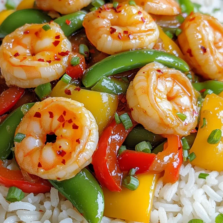 - 1 lb large shrimp, peeled and deveined - 2 tablespoons chili crisp oil (or regular chili oil) - 2 cups mixed bell peppers (red, yellow, green), sliced - 1 cup snap peas, trimmed - 3 cloves garlic, minced - 1 inch fresh ginger, grated - 3 green onions, chopped - 2 tablespoons soy sauce - 1 tablespoon oyster sauce (or mushroom sauce for vegetarian option) - 1 teaspoon sesame oil - ½ teaspoon crushed red pepper flakes - Salt and pepper to taste This dish is full of bold flavors and colors. It starts with fresh shrimp that you will rinse and dry. I like to peel and devein them myself for better taste and texture. Next, you need chili crisp oil. This oil gives the dish its spicy kick. If you can’t find chili crisp oil, regular chili oil works too. It adds a nice depth of flavor. You will also want a mix of bell peppers. The red, yellow, and green peppers not only look great but add sweetness and crunch. Aromatics play a big role in this recipe. Garlic and ginger add warmth and zest. They will make your kitchen smell amazing while cooking. Finally, green onions will give a fresh finish to the dish. For sauces, soy sauce is a must. It adds saltiness and umami. Oyster sauce gives extra richness. You can switch it out for mushroom sauce if you prefer a vegetarian option. Don’t forget sesame oil for a nutty taste. The crushed red pepper flakes let you control the spice level. Make sure to season with salt and pepper. This simple step enhances all the flavors in your stir fry. With these ingredients, you are ready to create a quick and flavorful meal. First, rinse the shrimp under cold water. This helps remove any grit. After rinsing, dry them well with a paper towel. This step is key for a good sear. Now, season the shrimp lightly with salt and pepper. This simple seasoning enhances the shrimp's natural flavor. Next, heat 2 tablespoons of chili crisp oil in a skillet. Use medium-high heat until the oil shimmers. This shows that it’s hot enough. Add 3 cloves of minced garlic and 1 inch of grated ginger to the pan. Sauté these for about 30 seconds. You want them to be fragrant, but watch closely. You don't want to burn them! Now, add the seasoned shrimp to the skillet. Stir-fry them for about 2 to 3 minutes. They should turn pink and opaque when cooked. Once they look good, remove the shrimp from the skillet and set them aside. This keeps them juicy and tender. In the same pan, add 2 cups of sliced bell peppers and 1 cup of snap peas. Stir-fry these for about 4 to 5 minutes. You want them to be tender-crisp. This gives a nice bite and bright color to your dish. Now, return the cooked shrimp to the skillet. Pour in 2 tablespoons of soy sauce, 1 tablespoon of oyster sauce, and 1 teaspoon of sesame oil. Toss everything together. Make sure the shrimp and veggies are well coated with the sauce. Finally, sprinkle in ½ teaspoon of crushed red pepper flakes. Toss again to mix. Adjust the seasoning with salt and pepper as needed. Cook for an additional 2 minutes. This step brings all the flavors together. Remove from heat and stir in chopped green onions. Now, it's ready to serve! Stir-frying needs high heat. This helps cook shrimp and veggies fast. Use a large skillet or wok. If the pan is too full, cook in batches. This keeps everything crisp and tasty. Want to change the spice? Add more or less crushed red pepper flakes. You can also use honey or brown sugar for sweetness. A splash of lime juice can add a nice tang. Taste as you go to get it just right. Serve your stir fry over fluffy jasmine rice or quinoa. This makes the dish filling and delicious. For garnish, add chopped green onions and a drizzle of chili crisp oil. This adds color and extra flavor to your meal! {{image_2}} If you want to switch up the protein, there are great options. Chicken works well in this stir fry. Just cut it into bite-sized pieces and cook it the same way as the shrimp. Tofu is another fantastic choice for a vegetarian or vegan dish. Use firm tofu, press it to remove water, and cut it into cubes. Sauté it until golden brown for the best texture. You can change the veggies to fit your taste or what you have at home. Broccoli and carrots add crunch and color. Zucchini or snap peas give a fresh bite. Feel free to mix and match! Use seasonal produce for the best flavor. In spring, add asparagus; in fall, try pumpkin or squash. Adjusting the sauce can create new flavors. For a sweeter touch, add honey or brown sugar. If you like it spicier, increase the chili crisp oil or add fresh chili peppers. You can also try a splash of rice vinegar for a tangy twist. Experiment to find your favorite taste! To store leftovers, let the stir fry cool down first. Place it in a container with a tight lid. Use glass or plastic containers that are safe for the fridge. This helps keep the shrimp and veggies fresh. If you want to freeze the dish, use a freezer-safe container. Make sure to leave some space at the top, as it will expand. For best results, freeze the stir fry within two hours of cooking. When you are ready to eat, thaw it in the fridge overnight before reheating. You can warm it in a pan or microwave until hot. In the fridge, this dish lasts about 3 to 4 days. Look for signs of spoilage, like off smells or a slimy texture. If you see any of this, it's best to throw it away. Keeping an eye on your leftovers will help you enjoy them safely! Yes, you can make this stir fry ahead of time. To prep, chop your veggies and shrimp. Store them in separate containers. This helps keep everything fresh. You can also mix the sauces together and store them in a jar. When you are ready to eat, heat a pan and add your ingredients. Stir-fry them for about 5 to 7 minutes. This makes a quick meal on busy days. This stir fry pairs well with a few simple sides. Here are some ideas: - Cooked jasmine rice - Quinoa - Steamed broccoli - Fried rice - A simple salad These sides complement the bold flavors of the shrimp stir fry. To lessen the spice, use less chili crisp oil. You can also skip the crushed red pepper flakes. Adding more vegetables can help balance the heat. Try adding some extra bell peppers or snap peas. They add crunch and flavor without the spice. Another option is to serve the stir fry with a cooling side, like yogurt or sour cream. Yes, you can make this dish gluten-free. Look for gluten-free soy sauce or tamari. You can also use a gluten-free oyster sauce or skip it entirely. Always check labels to ensure your ingredients are safe. Adjust the other seasonings as needed to enhance the flavor without gluten. This blog post covered a flavorful Spicy Chili Crisp Shrimp Stir Fry. You learned about key ingredients, including shrimp, bell peppers, and tasty sauces. I shared easy steps to make the dish and helpful tips for perfecting your stir-fry. Remember, you can customize the recipe to suit your taste. Feel free to experiment with different proteins and veggies. With proper storage, your leftovers can stay fresh. Now, you have all the tools to create a delicious meal. Happy cooking!
