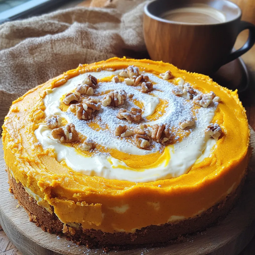 - 2 cups all-purpose flour - 1 cup granulated sugar - 1/2 cup brown sugar, packed - 1 tablespoon baking powder - 1 teaspoon baking soda - 1 teaspoon ground cinnamon - 1/2 teaspoon nutmeg - 1/2 teaspoon salt - 1 cup canned pumpkin puree - 1/2 cup vegetable oil - 2 large eggs - 1 teaspoon vanilla extract - 8 oz cream cheese, softened - 1/4 cup powdered sugar - 1 teaspoon lemon juice - Optional toppings: 1/2 cup chopped walnuts or pecans I love gathering these ingredients for my Pumpkin Cream Cheese Swirl Coffee Cake. Each item plays a key role in making the cake rich and flavorful. First, I focus on the dry ingredients. The all-purpose flour gives the cake its structure. Granulated sugar and brown sugar add sweetness and moisture. Baking powder and baking soda help the cake rise. The spices, cinnamon and nutmeg, fill the cake with warmth. Salt balances the flavors perfectly. Next, I prepare the wet ingredients. Canned pumpkin puree adds a lovely orange hue and rich flavor. Vegetable oil keeps the cake moist. Eggs bind everything together, while vanilla extract adds a hint of warmth. Lastly, I whip up the cream cheese mixture. Softened cream cheese becomes creamy and rich when mixed with powdered sugar and lemon juice. This mixture creates a delightful swirl in the cake. If you like, add chopped walnuts or pecans for extra crunch. With these ingredients ready, you're set to create a delicious coffee cake that will impress everyone! - Preheat the oven to 350°F (175°C). - Grease a 9x13 inch baking pan or line it with parchment paper. - In a large bowl, combine these dry ingredients: - 2 cups all-purpose flour - 1 cup granulated sugar - 1/2 cup brown sugar, packed - 1 tablespoon baking powder - 1 teaspoon baking soda - 1 teaspoon ground cinnamon - 1/2 teaspoon nutmeg - 1/2 teaspoon salt - Mix well to blend everything together. - In another bowl, whisk together: - 1 cup canned pumpkin puree - 1/2 cup vegetable oil - 2 large eggs - 1 teaspoon vanilla extract - Mix until smooth and creamy. - Pour the wet ingredients into the dry ingredients. - Stir until just combined. Be careful not to overmix. - In a small bowl, beat together: - 8 oz cream cheese, softened - 1/4 cup powdered sugar - 1 teaspoon lemon juice - Beat until the mixture is creamy and smooth. - Pour half of the pumpkin batter into the prepared pan. Spread it evenly. - Drop spoonfuls of the cream cheese mixture over the batter. - Top with the remaining pumpkin batter. - Use a knife or skewer to swirl the cream cheese into the top layer gently. - Bake in the preheated oven for 35-40 minutes. - Check doneness by inserting a toothpick into the center. It should come out clean. - Allow the cake to cool in the pan for about 15 minutes before moving it to a wire rack. To get a great swirl, start by using a knife or a skewer. After pouring the cream cheese mixture on the pumpkin batter, gently drag the knife through both layers. This will create beautiful patterns. Don’t overdo it! A few swirls are enough to blend the flavors without losing the layers. Proper measurements matter a lot in baking. Use dry measuring cups for flour and sugar. Scoop the flour gently, then level it off with a knife. Too much flour can make the cake dry. For sugar, pack the brown sugar firmly into the cup. This helps get the right sweetness and texture. Overmixing can ruin your cake’s texture. Mix the wet and dry ingredients until just combined. It’s okay if there are a few lumps! This keeps the cake light and fluffy. Another tip? Always check your oven temperature with an oven thermometer. An incorrect temp can lead to uneven baking. {{image_2}} You can change the flavor of your coffee cake easily. Adding spices like ginger or allspice gives it a warm kick. A splash of almond or orange extract can brighten the taste. You can even mix in chocolate chips for a sweet twist. Be creative! Each change makes the cake unique and fun. If you need a gluten-free cake, you can use gluten-free flour. Many brands work well as a one-to-one substitute. Just be sure to check the blend you choose. Some blends have added gums that help with texture. This way, everyone can enjoy the cake without worry. Not a fan of nuts? You can leave them out. The coffee cake remains delicious without them. If you want some crunch, try using seeds like pumpkin or sunflower seeds. They add a nice texture and keep the cake nut-free. Everyone can enjoy a slice! You can keep your coffee cake fresh. First, let it cool completely. Then, wrap it tightly in plastic wrap. Place it in the refrigerator. This keeps it moist and tasty. Enjoy it within five days for the best flavor. Freezing is great for longer storage. Cut the coffee cake into pieces. Wrap each piece in plastic wrap. Then, place the wrapped pieces in a freezer bag. Squeeze out the air to prevent freezer burn. You can freeze it for up to three months. When you are ready to eat, just thaw it in the fridge overnight. Reheating is simple. You can use the microwave for a quick fix. Heat a piece for about 20 seconds. If you prefer, use an oven. Preheat it to 350°F (175°C). Place the cake on a baking sheet. Heat it for about 10 minutes. This keeps the cake soft and fresh. Enjoy your delicious slice with a warm cup of coffee! Yes, you can use fresh pumpkin. Fresh pumpkin gives a brighter flavor. To use it, roast the pumpkin first. Cut it in half, remove the seeds, and bake it until soft. Then, scoop out the flesh and puree it. This method takes more time but can be worth it for the taste. To test if the cake is done, use a toothpick. Insert it into the center of the cake. If it comes out clean or with a few crumbs, the cake is ready. If it has wet batter on it, bake for a few more minutes. Keep checking every five minutes until it is done. Yes, you can make this cake in advance. Bake it and let it cool completely. Then, wrap it tightly in plastic wrap. Store it in the fridge for up to three days. You can also freeze it for up to three months. Just thaw it in the fridge before serving. This coffee cake pairs well with many drinks. A hot cup of coffee is a classic choice. You can also serve it with spiced chai for extra warmth. Fresh fruit, like apples or pears, makes a nice side too. For a sweet touch, add a dollop of whipped cream on top. In this post, we explored the ingredients, steps, and tips for making Pumpkin Cream Cheese Swirl Coffee Cake. You learned about choosing the right dry and wet ingredients, preparing the cream cheese mixture, and the baking process. Remember to measure carefully and avoid overmixing. Try different flavor variations or gluten-free options to suit your taste. Storing and reheating your cake properly ensures you can enjoy it longer. With these pointers, you can bake confidently and impress your friends and family with your tasty creation.