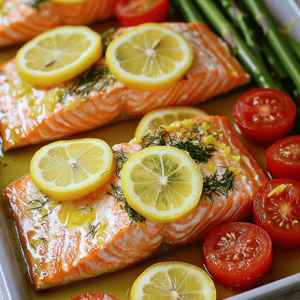 - 4 salmon fillets - 2 tablespoons olive oil - 3 tablespoons fresh lemon juice - 2 teaspoons lemon zest - 2 tablespoons fresh dill, chopped - 1 teaspoon garlic powder - Salt and pepper to taste - 1 cup cherry tomatoes, halved - 1 cup asparagus, trimmed - 1 lemon, sliced into rounds (for garnish) The main ingredients in this dish bring a fresh burst of flavor. The salmon fillets are the star, offering a rich, buttery taste. Olive oil adds healthy fats. Fresh lemon juice and zest brighten the dish, giving it a tangy kick. Fresh dill adds a lovely herbal note. Garlic powder rounds out the flavor profile. Salt and pepper enhance everything, making all the tastes pop. The vegetables are just as important. Cherry tomatoes add sweetness and juiciness. Asparagus brings a nice crunch and earthy flavor. The lemon slices not only look pretty but also add more zest when cooked. This combination makes a colorful, healthy meal that anyone can enjoy. When you gather these ingredients, think about their freshness. Fresh herbs and ripe veggies make a big difference. Using quality ingredients helps create a dish you will love. First, preheat your oven to 400°F (200°C). This step is key to getting a nice, even cook on your salmon and veggies. While the oven heats, grab a large sheet pan and line it with parchment paper. This makes cleanup easy and helps prevent sticking. In a small bowl, whisk together the olive oil, fresh lemon juice, lemon zest, chopped dill, garlic powder, salt, and pepper. This lemon dill mixture brings bright flavor to the salmon. Once mixed, take your salmon fillets and coat them with half of this mixture. Make sure they are covered well to soak up every bit of that flavor. Now, it's time to arrange everything on the sheet pan. Place the salmon fillets on one side, skin-side down. On the other side, add the halved cherry tomatoes and the trimmed asparagus. They will roast alongside the salmon. Drizzle the remaining lemon dill mixture over the veggies. Toss them lightly to make sure they get a good coating. For an extra touch, place lemon slices on top of both the salmon and veggies. Bake the sheet pan in your preheated oven for 15-20 minutes. Check for doneness. The salmon should flake easily with a fork, and the vegetables should be tender. Once done, take the pan out of the oven. Serve immediately, and if you like, sprinkle some extra fresh dill on top for added flavor. Enjoy your meal! To make your lemon dill salmon shine, adjust seasonings to your taste. Start with salt and pepper. You can add more garlic powder for depth. Fresh herbs give better flavor than dried ones. Fresh dill really pops in this dish, while dried dill works, too. Set your oven to 400°F (200°C) for the best results. This heat cooks the salmon evenly. Keep an eye on the internal temperature. Salmon is done when it reaches 145°F (63°C). Use a food thermometer for a perfect cook. Using parchment paper helps with cleanup. It keeps the salmon and veggies from sticking. Simply toss it after cooking for quick cleanup. For a quick clean, soak the pan in warm soapy water. This helps remove any stuck bits easily. {{image_2}} You can mix up the vegetables in this recipe. Try broccoli, bell peppers, or zucchini. Root veggies like carrots work well too. Seasonal changes also guide your choices. In summer, use fresh corn or green beans. In fall, consider squash or Brussels sprouts. This keeps your meal fresh and exciting. Want more flavor? Add spices like paprika or cumin. Fresh herbs like parsley or basil can brighten the dish. You can also use marinades. Try a soy sauce mix or a honey mustard blend. These options add a new twist to the classic taste. If you can’t find salmon, use trout or cod. Both fish cook well and taste great. Adjust cooking times if needed. For thinner fish, reduce the baking time to 12-15 minutes. Thicker cuts may need a few extra minutes. Always check for doneness by flaking the fish with a fork. To keep your leftover Lemon Dill Salmon fresh, follow safe storage practices. First, let the salmon cool completely. This step prevents condensation in the container. Then, store it in an airtight container. Glass containers work well, but BPA-free plastic is also a good choice. Label the container with the date. This helps you remember how long it has been stored. Keep the salmon in the fridge and use it within three days for the best taste. When it comes to reheating salmon, choose the oven or a skillet. The oven is great for keeping the salmon moist. Preheat the oven to 275°F (135°C). Place the salmon on a baking sheet and cover it with foil. Heat for about 15 minutes or until warm. If you use a skillet, add a splash of water or broth. Cover the skillet to create steam. This helps keep the salmon juicy while it heats. Avoid the microwave for reheating; it can dry out the fish and ruin the flavor. Bake salmon at 400°F for 15-20 minutes. The time varies based on thickness. Salmon is done when it flakes easily with a fork. For best results, check it at 15 minutes. Yes, you can use frozen salmon. Thaw it in the fridge overnight. If you're in a hurry, place it in cold water for about an hour. Cook it straight from frozen if needed. Just add a few extra minutes to the bake time. This recipe is very healthy. Salmon is rich in omega-3 fatty acids. These fats support heart health and brain function. The cherry tomatoes and asparagus add vitamins and fiber. For low-calorie cooking, use olive oil sparingly. You can also skip the salt or use a salt substitute. Enjoy this meal guilt-free! This post shared how to bake salmon with fresh veggies. We covered main ingredients like salmon, lemon, and dill. I also gave you clear steps for marinating and baking. Remember to adjust spices for your taste and pick seasonal veggies. Salmon is healthy and tasty, making it a great meal option. Follow the tips for easy cleanup and perfect flavor. Enjoy your cooking journey and the delicious results!