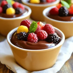 - 1 cup cottage cheese - 1/4 cup unsweetened cocoa powder - 1/4 cup honey or maple syrup The main ingredients are simple yet powerful. Cottage cheese gives the mousse its creamy base. I love using low-fat cottage cheese, but regular works too. The unsweetened cocoa powder adds rich chocolate flavor. Honey or maple syrup sweetens the mousse. Adjust it to fit your taste. - 1 teaspoon vanilla extract - 1/2 teaspoon instant coffee granules - 1/2 cup dark chocolate chips - Fresh berries for garnish - Mint leaves for garnish Optional ingredients can take this mousse to the next level. Adding vanilla extract boosts the flavor, making it more complex. Instant coffee granules enhance the chocolate taste. I often use dark chocolate chips for extra richness. For a fresh touch, top with berries and mint leaves. These garnishes add color and a burst of flavor. - Blending the cottage cheese mixture Start by gathering all your ingredients. In a blender or food processor, add: - 1 cup cottage cheese - 1/4 cup unsweetened cocoa powder - 1/4 cup honey or maple syrup - 1 teaspoon vanilla extract - 1/2 teaspoon instant coffee granules (optional) - A pinch of salt Blend on high until smooth and creamy. This takes about 1-2 minutes. Make sure to scrape down the sides as needed. - Melting the chocolate In a microwave-safe bowl, place 1/2 cup dark chocolate chips. Heat in 20-second bursts, stirring in between. Keep heating until smooth and fully melted. - Mixing melted chocolate with cottage cheese Allow the melted chocolate to cool slightly. Then, add it to your blended cottage cheese mixture. Blend again until the two are well mixed and uniform. Taste your mousse. Adjust the sweetness if needed by adding more honey or maple syrup. - Serving and chilling the mousse Spoon your mousse into serving dishes or ramekins. Cover and refrigerate for at least 1 hour to set. Before serving, top each dessert with fresh berries and a sprig of mint for a beautiful finish. Enjoy your delicious, high-protein treat! To make your mousse creamier, blend it well. Start with the cottage cheese and cocoa powder. I suggest blending at high speed for one to two minutes. This helps break down the cottage cheese lumps. Scrape down the sides of the blender as needed. If you want an even smoother texture, try using a food processor. Just remember, blending is key to that silky finish! You can easily adjust the sweetness to your taste. Start with the quarter cup of honey or maple syrup. Blend it in and taste the mousse. If you like it sweeter, add more syrup. Remember, the chocolate also adds sweetness, so taste as you go. This way, you can create a mousse that satisfies your sweet tooth perfectly! For a beautiful presentation, serve the mousse in individual cups or ramekins. This makes each serving neat and fun. Top each cup with fresh berries for color and flavor. A sprig of mint adds a nice touch too. You can also drizzle a bit of extra chocolate on top if you like. These small details make your mousse look extra special! {{image_2}} You can make this mousse even more tasty. Try adding peanut butter or almond extract. Both flavors mix well with chocolate. This twist gives your mousse a nutty taste. Just add about one tablespoon of your chosen flavor. Blend it in with the other ingredients. You'll enjoy a richer, creamier dessert. If you want a dairy-free mousse, you can use a plant-based alternative. Silken tofu works great as a substitute for cottage cheese. It gives a smooth texture and still packs protein. Just blend the silken tofu the same way as cottage cheese. This keeps your mousse creamy and delicious. You can add fun mix-ins to your mousse, too. Nuts or dried fruit make great options. Chopped walnuts or almonds add nice crunch. Dried cherries or cranberries bring a sweet and tart flavor. Just fold them in after blending to keep their texture. These additions make your mousse unique and fun to eat. To keep your high-protein cottage cheese chocolate mousse fresh, store it in airtight containers. This helps prevent it from absorbing smells from your fridge. Use plastic wrap if you don’t have containers. Make sure it touches the mousse to keep air out. This storage method keeps the mousse creamy and tasty. You can freeze this mousse if you want to save some for later. First, spoon it into freezer-safe containers, leaving space at the top for expansion. Seal the containers tightly. To defrost, move it to the fridge overnight. Avoid microwaving it to defrost, as this can change the texture. In the fridge, your mousse stays fresh for about 3 to 5 days. If frozen, it can last up to 2 months. Just remember to check for any signs of freezer burn when you’re ready to eat it. Enjoy your treat while it's still at its best! Serve high-protein chocolate mousse in small cups or ramekins. This gives a neat look. Top each serving with fresh berries and a mint leaf for color. You can drizzle extra honey or syrup on top for added sweetness. Keep it simple, and let the mousse shine! Yes, you can make this mousse ahead of time. Just prepare it and refrigerate for at least one hour. It stays fresh for up to three days in the fridge. This makes it great for parties or quick snacks. Just remember to cover it well to keep it fresh! To boost chocolate flavor, add a bit of instant coffee granules. This enhances the taste without being too strong. You can also use dark chocolate chips with a higher cocoa content. For a rich twist, try adding a bit of espresso or chocolate liqueur. This blog post showed how to make a high-protein chocolate mousse. We covered key ingredients, including cottage cheese and cocoa powder. You learned preparation steps, combining techniques, and final serving tips. I shared ways to improve texture and adjust sweetness. You also found flavor variations and storage info. This mousse is easy to make and can fit many diets. Enjoy the yummy, creamy treat, and feel free to mix it up!