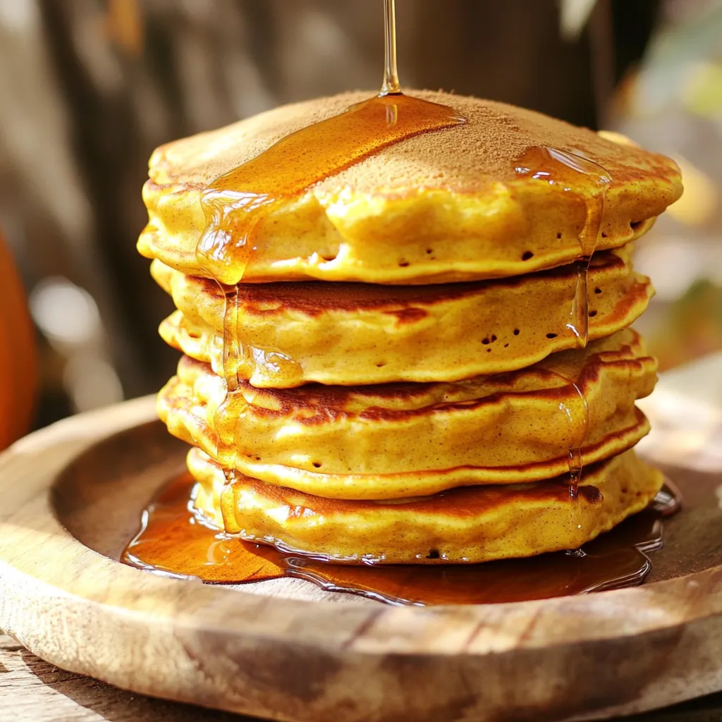For perfect pumpkin spice pancakes, you need a mix of dry and wet ingredients. Dry Ingredients: - 1 cup all-purpose flour - 1 tablespoon baking powder - 1 teaspoon ground cinnamon - 1/2 teaspoon ground nutmeg - 1/2 teaspoon ground ginger - 1/4 teaspoon ground cloves - 1/2 teaspoon salt Wet Ingredients: - 1 cup pumpkin puree (canned or fresh) - 2 tablespoons brown sugar - 1 large egg - 1 cup milk (dairy or non-dairy) - 2 tablespoons melted butter or coconut oil These ingredients combine to give your pancakes a rich flavor and fluffy texture. The pumpkin puree brings moisture and a lovely orange hue. A great maple glaze makes your pancakes shine. Here are some options. Maple Syrup Options: - Pure maple syrup is best for flavor. - Use grade A for a lighter taste or grade B for a stronger flavor. Optional Flavor Enhancements: - Add a pinch of cinnamon for warmth. - Mix in a touch of vanilla extract for sweetness. Playing with these ingredients can boost your glaze. This simple syrup adds a sweet finish to your pancakes. Enjoy the warm, cozy taste! To start, we need to mix the dry ingredients. In a large bowl, add: - 1 cup all-purpose flour - 1 tablespoon baking powder - 1 teaspoon ground cinnamon - 1/2 teaspoon ground nutmeg - 1/2 teaspoon ground ginger - 1/4 teaspoon ground cloves - 1/2 teaspoon salt Whisk these together until they blend well. This step ensures even flavor in every bite. Next, we combine the wet ingredients in another bowl. You will need: - 1 cup pumpkin puree - 2 tablespoons brown sugar - 1 large egg - 1 cup milk (dairy or non-dairy) - 2 tablespoons melted butter or coconut oil Mix these until smooth. Then, pour the wet mix into the dry mix. Stir gently until just combined. It’s fine if some lumps remain; overmixing can make pancakes tough. Now, let’s cook those pancakes! Preheat a non-stick skillet over medium heat. Lightly grease it with some butter or oil. Once the skillet is hot, pour about 1/4 cup of batter for each pancake. Cook for 3-4 minutes. You will see bubbles form on the surface, and the edges will look set. Carefully flip the pancakes. Cook for another 2-3 minutes until they turn golden brown. Keep the pancakes warm in a low oven while you finish the rest of the batter. For the maple glaze, heat maple syrup in a saucepan over low heat. Warm it just until it gets nice and cozy. If you want to add a twist, mix in a sprinkle of pumpkin spice to the syrup. This gives the glaze a special flavor that matches the pancakes. Serve your pancakes stacked high, drizzled with the warm maple glaze. Enjoy every bite of this delightful dish! To make great pancakes, avoid overmixing the batter. Mix until just combined. A few lumps are okay. Overmixing makes pancakes tough. Use the right cooking temperature. Preheat your skillet to medium heat. A non-stick skillet works best. If the pan is too hot, pancakes will burn. If too cool, they won’t cook through. You can add fun toppings to your pancakes. Try whipped cream, nuts, or fresh fruit. Each adds a unique taste. Spice variations can also elevate your pancakes. You can mix in a pinch of cardamom or allspice. This gives your pancakes a new twist. Experiment with flavors you love! Presentation matters! Stack the pancakes high for a nice look. Drizzle the warm maple glaze over the top. Add a sprinkle of cinnamon for color. Pair your pancakes with a side of crispy bacon or sausage. The savory flavor contrasts well with the sweet pancakes. You can also serve them with hot coffee or spiced tea for a cozy breakfast experience. {{image_2}} Gluten-free alternatives: You can swap the all-purpose flour for a gluten-free mix. Look for one that has a good blend of flours. Almond flour works too, but it may change the texture slightly. Vegan substitutions: To make these pancakes vegan, use a flax egg instead of a regular egg. Mix one tablespoon of ground flaxseed with three tablespoons of water and let it sit for a few minutes. For milk, any non-dairy milk works well. Coconut oil can replace the butter for a rich flavor. Adding chocolate chips: If you love chocolate, fold in some chocolate chips to the batter. They add a sweet surprise in each bite and pair well with the pumpkin spice. Using different spices: Try mixing in other spices like cardamom or allspice. These can add a unique twist to the flavor profile. You can also adjust the cinnamon and nutmeg amounts to suit your taste. Pancake sandwiches: For a fun twist, make pancake sandwiches. Spread a layer of peanut butter, Nutella, or cream cheese between two pancakes. This makes for a tasty breakfast or snack. Incorporating fruit: Top your pancakes with fresh fruit like sliced bananas or berries. You can also add cooked apples or pears for a warm, delicious touch. To keep leftover pancakes fresh, stack them with parchment paper in between. Place the stack in an airtight container. You can also wrap each pancake in plastic wrap. This method keeps them from sticking together. Store the pancakes in the fridge for up to three days. When you're ready to enjoy them again, you can reheat them easily. Place the pancakes on a microwave-safe plate. Heat for about 30 seconds to one minute, depending on your microwave. If you prefer a crispy texture, warm them in a skillet over low heat for a few minutes. Flip them once for even heating. For maple glaze, store any leftover syrup in a sealed container. Keep it in the fridge for up to two weeks. If you use pure maple syrup, it can last much longer. Just make sure the cap is tight to keep it fresh. You can use leftover glaze in many ways. Drizzle it over oatmeal or yogurt for breakfast. You can also use it to sweeten tea or coffee. Another fun idea is to pour it over ice cream for a tasty dessert. Can I make the batter in advance? Yes, you can. Prepare the batter and store it in the fridge. Use it within 24 hours for best results. Just stir it gently before cooking. This saves time on busy mornings. Do I need to use pumpkin puree? Yes, pumpkin puree is key for flavor and moisture. You can use canned or fresh. If you want a different taste, try applesauce. It won’t taste the same, but it will be delicious. How can I thicken my maple glaze? To thicken your glaze, heat it gently and let it reduce. This will concentrate the flavors. You can also add a bit of cornstarch mixed with water. Stir until it thickens to your liking. What can I substitute for maple syrup? If you don’t have maple syrup, honey works well. Agave nectar is another great option. Both add sweetness and flavor. Just keep in mind that the taste will change a bit. Can I freeze pancakes? Yes, you can freeze pancakes. Let them cool, then stack and wrap them tightly. Use parchment paper between layers. This keeps them from sticking together. They’ll taste great when reheated. How to tell when pancakes are done cooking? Pancakes are done when bubbles form on the surface. The edges should look set. Flip them carefully and cook until golden brown. This usually takes about 3-4 minutes per side. You now have all the tools to make great pumpkin spice pancakes and maple glaze. You learned about essential ingredients, step-by-step instructions, and helpful tips for the best texture. Dietary adaptations and flavor variations let you be creative. Storing pancakes and glaze is easy, so nothing goes to waste. Enjoy the process and have fun with your pancakes. This dish can bring warmth and joy to any meal. So go ahead, whip them up, and delight in your creation!
