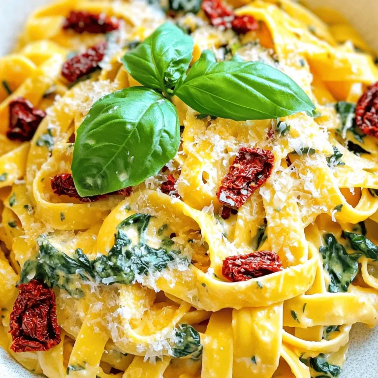 - 10 oz (280g) fettuccine or pasta of choice - 1 tablespoon olive oil - 3-4 cloves garlic, minced - 1 cup sun-dried tomatoes, chopped (preferably in oil) When I make Creamy Tuscan Sun-Dried Tomato Pasta, I start with the pasta. Fettuccine works great, but any pasta you love will work, too. Cook it just until al dente for a nice bite. Next, I heat olive oil in a skillet. I add minced garlic and let it sizzle. The smell is amazing! Then I stir in sun-dried tomatoes. They give a rich, tangy flavor that makes this dish special. - 1 cup heavy cream - 1 cup vegetable broth - 1 teaspoon Italian seasoning - Salt and pepper to taste - 1/2 cup freshly grated Parmesan cheese For the creamy sauce, I pour in heavy cream and vegetable broth. This mix makes the sauce rich and smooth. I sprinkle in Italian seasoning, salt, and pepper for taste. The final touch is freshly grated Parmesan cheese. It melts into the sauce, adding a delicious depth of flavor. - 1 cup spinach leaves - Fresh basil leaves for garnish I love adding spinach to my pasta. It gives a nice color and adds nutrition. Just toss it into the skillet until it wilts. For a fresh finish, I top my pasta with basil leaves. They add a bright, herby note that elevates the whole dish. 1. Boiling Water and Salt: Start by filling a large pot with water. Add a generous amount of salt. This helps flavor the pasta. Bring the water to a rolling boil over high heat. 2. Cooking Time and Method: Once boiling, add 10 oz of fettuccine or your favorite pasta. Cook according to the package instructions until it is al dente, which usually takes about 8-10 minutes. Drain the pasta and keep a cup of the cooking water for later. 1. Heating Olive Oil: In a large skillet, heat 1 tablespoon of olive oil over medium heat. Let it warm for a minute, so it’s ready for the garlic. 2. Minced Garlic Technique: Add 3-4 cloves of minced garlic to the skillet. Sauté for 1-2 minutes. You want the garlic to become fragrant but not browned, as burnt garlic can taste bitter. 1. Adding Sun-Dried Tomatoes: Stir in 1 cup of chopped sun-dried tomatoes. Cook for another 2-3 minutes. This step allows the tomatoes to release their flavors into the oil. 2. Creating the Cream Sauce: Pour in 1 cup of heavy cream and 1 cup of vegetable broth. Add 1 teaspoon of Italian seasoning, then season with salt and pepper to taste. Stir gently and bring the mixture to a gentle simmer. 1. Combining with Cooked Pasta: Add the cooked pasta to the skillet. Toss it well to coat with the creamy sauce. If the sauce feels too thick, use the reserved pasta water to achieve your desired consistency. 2. Adding Spinach and Cheese: Stir in 1 cup of fresh spinach leaves and 1/2 cup of freshly grated Parmesan cheese. Cook for 2-3 minutes until the spinach wilts and the cheese melts into the sauce. 1. Garnishing Tips: Before serving, garnish with fresh basil leaves for a pop of color and flavor. 2. Serving Temperature: Serve the pasta hot. It tastes best when fresh and warm, enhancing the creamy texture and rich flavors. To make your sauce creamy, use pasta water. Reserve some before draining your pasta. If the sauce is too thick, add a splash of this water. It helps create a silky texture. Balancing flavors is key. Taste your sauce before serving. If it needs more flavor, add salt, pepper, or Italian seasoning. This way, every bite bursts with taste. Prep ingredients in advance. Chop garlic and sun-dried tomatoes ahead of time. This cuts down cooking time. You can also measure out the cream and broth for quick access. Using store-bought items can save time too. Look for pre-chopped sun-dried tomatoes or ready-made sauces. They can help you whip up dinner fast without losing flavor. Want to boost your dish? Add proteins like chicken or shrimp. Cook them separately, then mix them in. This adds heartiness and makes your meal more filling. Fresh herbs can elevate your pasta. Try adding basil or parsley just before serving. They bring freshness and a pop of color to your creamy dish. {{image_2}} You can switch up the pasta for this dish. Fettuccine works well, but other options exist. - Gluten-Free Options: Use gluten-free pasta made from rice or corn. These options hold up well in sauce. - Whole Wheat Pasta Suggestions: Whole wheat pasta adds a nutty flavor. It is also healthier than regular pasta. The creamy sauce is rich, but you can change it for different tastes. - Substituting Cream with Dairy-Free Options: If you want a dairy-free sauce, use coconut milk or cashew cream. Both provide creaminess without dairy. - Adding Tomato Sauce for a Different Flavor: For a tangy twist, add a cup of tomato sauce. It gives a vibrant taste to your dish. Seasonal veggies and herbs can change the dish’s flavor. - Incorporating Seasonal Vegetables: Add zucchini, bell peppers, or asparagus in spring. They add freshness and color to the pasta. - Changing Up Herbs for Different Seasons: Use basil in summer and thyme or rosemary in winter. Each herb brings its own charm to the dish. - Use airtight containers. Glass or plastic works well. - Keep the pasta in the fridge. It stays fresh for up to three days. - Cool the pasta before freezing. This helps keep the texture. - Store in freezer-safe bags or containers. Remove excess air to prevent freezer burn. - To reheat, thaw overnight in the fridge. Then warm on the stove over low heat. Add a splash of water for creaminess. - Keep sun-dried tomatoes in a cool, dark place. If opened, store in the fridge. Use within a week. - Store cheese in its original packaging. Wrap it in wax paper for better freshness. - For fresh herbs, place them in a glass of water. Cover lightly with a bag. This keeps them fresh longer. You can use several options to keep your dish creamy. Here are some possible alternatives: - Coconut milk: This adds a rich flavor and works well in savory dishes. - Cashew cream: Blend soaked cashews with water to create a smooth texture. - Greek yogurt: This gives a tangy taste and is a healthier choice. - Silken tofu: Blend it until smooth for a dairy-free creamy option. Each choice brings its own flavor. Adjust seasonings to match your preference. Yes, you can easily make this dish vegan. Here are some options for dairy-free ingredients: - Replace heavy cream with coconut milk or cashew cream. - Use nutritional yeast instead of Parmesan for a cheesy taste. - Choose a vegan broth for the vegetable broth. - Opt for a plant-based pasta if desired. These swaps keep the dish tasty and creamy without animal products. Reheating creamy pasta can be tricky. Here’s a step-by-step guide: 1. Use a skillet: This helps keep the texture nice. 2. Add a splash of water or broth: This prevents it from drying out. 3. Heat over low to medium heat: Stir gently to warm the pasta evenly. 4. Check for creaminess: If it feels dry, add more liquid. This method keeps your pasta smooth and creamy, just like when you first made it. Several dishes complement Creamy Tuscan Pasta well. Here are some suggestions: - Garlic bread: This adds a crunchy side that balances the creaminess. - Mixed green salad: A fresh salad gives a nice contrast in texture. - Grilled vegetables: They add color and nutrition to your meal. - White wine: A crisp Pinot Grigio pairs nicely with the flavors. These pairings enhance your dining experience and add variety to your meal. This blog post covered how to create a delicious creamy Tuscan pasta dish. You learned about key ingredients, from fettuccine to fresh herbs, and the steps to prepare it. We discussed tips to enhance flavor and variations to suit your taste. In every bite, you can enjoy rich flavors and creamy texture. With practice, you can customize the recipe to make it your own. Now, you’re ready to impress at your next meal!