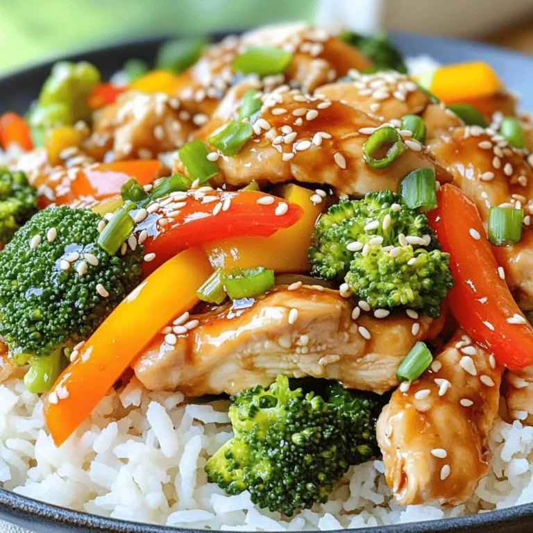 To make this tasty dish, you need just a few key items: - 1 lb (450g) boneless, skinless chicken breasts, thinly sliced - 2 tablespoons vegetable oil - 1 bell pepper, sliced (any color) - 1 cup broccoli florets - 1 small carrot, julienned - 3 green onions, chopped - 1 tablespoon ginger, minced - 2 cloves garlic, minced - 1/4 cup low-sodium soy sauce - 1/4 cup honey - 1 tablespoon rice vinegar - 1 tablespoon cornstarch mixed with 2 tablespoons water (slurry) - Sesame seeds for garnish Each of these ingredients plays a role in building flavor. The chicken is the star, while the veggies add color and crunch. The sauce blends sweet and salty for a punch of taste. You can add a few extra touches to make your meal shine: - Sesame seeds - Chopped green onions - Crushed red pepper for heat These garnishes can add a nice finish to your dish. They also bring a pop of flavor and texture. To cook this stir fry, you will need: - A large skillet or wok - A sharp knife for slicing - A cutting board - Measuring cups and spoons Using the right tools helps you cook more efficiently. A large skillet or wok allows for even cooking, keeping everything nice and hot. Start by slicing 1 pound of boneless, skinless chicken breasts. Aim for thin pieces for quick cooking. Heat 2 tablespoons of vegetable oil in a large skillet or wok over medium-high heat. Once hot, add the chicken slices. Cook for about 4 to 5 minutes. Stir often to avoid sticking. The chicken should turn golden brown and be cooked all the way through. After the chicken is cooked, add 1 tablespoon of minced ginger and 2 cloves of minced garlic. Sauté for about 30 seconds until you smell the aroma. Next, toss in 1 sliced bell pepper, 1 cup of broccoli florets, and 1 small julienned carrot. Stir-fry these veggies with the chicken for 3 to 4 minutes. You want them to be tender but still crisp. In a small bowl, mix 1/4 cup of low-sodium soy sauce, 1/4 cup of honey, and 1 tablespoon of rice vinegar. Pour this mixture over the chicken and veggies in the skillet. Let it simmer for 2 to 3 minutes. This helps the flavors blend and the sauce to thicken. Then, stir in a cornstarch slurry made from 1 tablespoon of cornstarch mixed with 2 tablespoons of water. Cook for about 1 minute until the sauce thickens further. Finally, remove the skillet from heat and fold in the chopped green onions. Enjoy your colorful, tasty stir-fry! When cooking chicken, start with thin slices. This helps it cook fast and evenly. Heat your pan well before adding the chicken. Use medium-high heat to get a nice sear. Avoid overcrowding the skillet; this can lead to steaming, not browning. Stir often to ensure all sides cook. Check for doneness; the chicken should be golden and no longer pink. To keep veggies crisp and tender, add them at the right time. Put them in the pan after the chicken cooks. Stir-fry for just a few minutes. This helps them stay bright and crunchy. Cut your vegetables into similar sizes for even cooking. You can also add a splash of water to the pan. This creates steam and helps cook them without burning. Teriyaki sauce is sweet and savory, so add flavors that match. Consider adding sesame oil for a nutty taste. You can also mix in some red pepper flakes for heat. Fresh herbs like cilantro or basil can bring freshness. For a crunch, sprinkle sesame seeds on top before serving. If you want a tangy kick, a squeeze of lime works well too. {{image_2}} You can swap out veggies in this dish. Use any fresh or frozen vegetables you like. Try snap peas, zucchini, or mushrooms. Mix colors for a pretty plate. Each vegetable brings a new taste. This way, you can pick what you enjoy most. Not in the mood for chicken? Use beef, shrimp, or tofu instead. Thinly slice beef or shrimp for quick cooking. For tofu, press it to remove water, then cut it into cubes. Each protein changes the flavor and texture. Feel free to experiment and find your favorite! To make this dish gluten-free, use tamari instead of soy sauce. Tamari is a great choice and tastes similar. For a vegan option, replace chicken with tofu and honey with maple syrup. Both changes keep the dish tasty and healthy. Enjoy your meal while sticking to your diet! To keep your Minute Teriyaki Chicken Stir Fry fresh, store it in an airtight container. Let it cool to room temperature before sealing. This helps to avoid steam buildup. Leftovers can last in the fridge for 3 to 4 days. Label the container with the date to track freshness. When you are ready to eat, reheat the stir fry on the stovetop. Use a medium heat to warm it up. Stir frequently to heat evenly. You can also use a microwave. Place the stir fry in a microwave-safe dish, cover it, and heat for 1 to 2 minutes. Check and stir halfway through to ensure it warms through. If you want to freeze your stir fry, use a freezer-safe container. Portion out individual servings for easy meals later. Leave some space at the top of the container as the food may expand when frozen. It’s best to eat frozen stir fry within 2 to 3 months for the best taste. To reheat from frozen, thaw it in the fridge overnight and then follow the reheating guidelines. To make Teriyaki sauce, mix together: - 1/4 cup low-sodium soy sauce - 1/4 cup honey - 1 tablespoon rice vinegar Whisk these ingredients in a bowl until smooth. This sauce gives your chicken a sweet and savory kick. For more depth, add a bit of minced ginger or garlic. Yes, you can use frozen vegetables. They save time and are easy to add. Just remember that frozen veggies may release some water. This can thin your sauce a bit, so you might need to cook it longer for a thicker texture. You can serve this stir fry over: - Steamed jasmine rice - Noodles - Quinoa These sides soak up the sauce well. You can also add a side salad or steamed vegetables for extra crunch and color. This blog post covered how to make Minute Teriyaki Chicken Stir Fry. We looked at key ingredients, step-by-step cooking methods, and useful tips to improve your dish. I shared ideas for variations and how to store leftovers for future meals. Cooking is fun and easy with this recipe. Experiment with flavors and make it your own. Enjoy your stir fry!