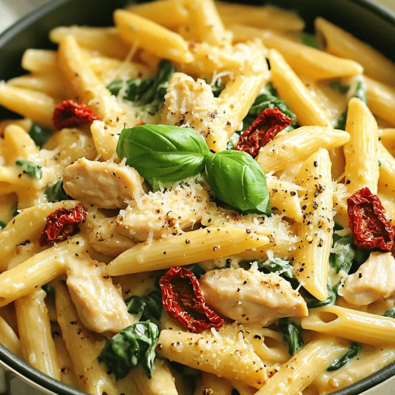 To make One-Pot Tuscan Chicken Pasta, you will need: - 2 tablespoons olive oil - 1 pound chicken breasts, diced - 1 teaspoon Italian seasoning - 1 teaspoon garlic powder - Salt and pepper to taste - 1 cup sun-dried tomatoes, chopped - 3 cups chicken broth - 12 ounces penne pasta - 1 cup heavy cream - 2 cups fresh spinach - 1 cup grated Parmesan cheese - 1/4 cup fresh basil, chopped (for garnish) Each of these ingredients adds a key flavor to the dish. The chicken gives it a hearty base. The sun-dried tomatoes add a burst of flavor. The cream makes the sauce rich and creamy. You can enhance your dish with these optional items: - Red pepper flakes for heat - Fresh garlic for a stronger taste - Lemon juice for brightness - Kalamata olives for a salty kick These ingredients can change the taste and make your meal unique. You can mix and match to find your favorite version. If you don't have an ingredient, you can substitute with these options: - Chicken breasts can be swapped for chicken thighs. - Heavy cream can be replaced with half-and-half or coconut cream. - Sun-dried tomatoes can be substituted with fresh cherry tomatoes. - Penne pasta can be switched for any pasta shape you like. These substitutions keep the dish tasty while using what you have at home. Don’t be afraid to experiment and find what works best for you! To start, gather all your ingredients. You will need: - 2 tablespoons olive oil - 1 pound chicken breasts, diced - 1 teaspoon Italian seasoning - 1 teaspoon garlic powder - Salt and pepper to taste - 1 cup sun-dried tomatoes, chopped - 3 cups chicken broth - 12 ounces penne pasta - 1 cup heavy cream - 2 cups fresh spinach - 1 cup grated Parmesan cheese - 1/4 cup fresh basil, chopped (for garnish) Next, measure your olive oil and place it in a large pot. Dice the chicken into bite-sized pieces. This helps the chicken cook evenly. Heat the olive oil over medium heat. Once the oil is hot, add the diced chicken. Season it with Italian seasoning, garlic powder, salt, and pepper. Sauté the chicken for about 5 to 7 minutes. Cook until it's browned and no longer pink. Now, stir in the chopped sun-dried tomatoes. Let this cook for another 2 minutes. This adds flavor and color to your dish. Pour in the chicken broth and bring the mixture to a boil. Once it boils, add the penne pasta. Stir it well so the pasta is covered in broth. Lower the heat, cover the pot, and let it simmer for 12 to 15 minutes. Stir occasionally to stop the pasta from sticking. Check if the pasta is al dente before moving on. Once the pasta is cooked, stir in the heavy cream. Then, add the fresh spinach. Stir until the spinach wilts. This will take just a minute. Now, remove the pot from the heat. Mix in the grated Parmesan cheese until it melts and creates a creamy sauce. Taste the dish. You can add more salt and pepper if you like. Serve the pasta hot. Garnish with chopped fresh basil for a nice touch. Enjoy your meal! To make One-Pot Tuscan Chicken Pasta, keep these tips in mind: - Use a large pot or Dutch oven. This gives enough space for pasta and sauce. - Heat the olive oil until it's hot, but not smoking. This helps brown the chicken. - Stir often to cook the chicken evenly. This way, it’s juicy and tasty. No one likes sticky pasta. Here’s how to keep it from clumping: - Stir the pasta while it cooks. This helps separate the pieces. - Make sure the pot has enough liquid. The chicken broth should cover the pasta well. - If you notice sticking, add a splash of water or broth. Stir it until it loosens up. Enhancing flavors can take your dish to the next level. Here are some ideas: - Add a squeeze of lemon juice for a fresh, bright taste. - Toss in some crushed red pepper for heat. - Top with more fresh basil or even a sprinkle of lemon zest before serving. - Try using different herbs, like oregano or thyme, to change the flavor profile. {{image_2}} You can easily make this dish vegetarian. Instead of chicken, use diced mushrooms or zucchini. Both add great flavor and texture. You could also include chickpeas for protein. Swap the chicken broth for vegetable broth for a full veggie meal. Toss in some artichokes for a tasty twist. This gives you a rich, hearty dish without meat. To make this meal dairy-free, replace heavy cream with coconut cream or cashew cream. You can blend soaked cashews with water to get a smooth mix. For cheese, use nutritional yeast or a dairy-free cheese blend. These swaps keep the dish creamy while catering to dairy-free diets. Check the labels to ensure they fit your needs. While penne works great, feel free to switch to other pasta types. Fusilli, farfalle, or rigatoni can all be tasty options. Whole grain or gluten-free pasta can also work well. Just remember to adjust cooking time based on the pasta type you choose. Each type brings its own unique texture and flavor to the dish. To store leftovers, let the pasta cool down first. Then, scoop it into an airtight container. Seal it tightly to keep out air. You can store it in the fridge for up to three days. If you want to keep it longer, freezing is a great option. When you want to reheat, take the pasta out of the fridge. Place it in a pot over low heat. Add a splash of chicken broth or cream to prevent drying. Stir often until it’s hot. If you use a microwave, put it in a bowl and cover it. Heat it for one to two minutes, stirring halfway. To freeze the pasta, use a freezer-safe container. Make sure to leave some space at the top. The pasta will expand as it freezes. Label the container with the date so you know when you made it. It can stay in the freezer for up to three months. When ready to eat, thaw it in the fridge overnight before reheating. Yes, you can make this dish ahead of time. Cook the pasta and chicken as directed. Once done, let it cool. Store it in the fridge for up to three days. When you're ready to eat, reheat it on the stove. If the pasta seems dry, add a splash of broth or cream. To spice up your dish, add red pepper flakes. Start with a pinch and taste as you go. You can also use spicy Italian sausage instead of chicken. Another option is to add diced jalapeños or a dash of hot sauce while cooking. Balance the heat with a bit of extra cream. This dish pairs well with a simple green salad. A side of garlic bread also complements it nicely. For a light touch, try serving it with steamed veggies. You can also serve it with a glass of white wine, like Pinot Grigio, to enhance the meal. This blog covered all you need for One-Pot Tuscan Chicken Pasta. We listed key ingredients and fun options to add flavor. I shared step-by-step instructions from prep to final touches. Helpful tips ensure great cooking and no sticking. You learned tasty variations, including vegetarian and dairy-free choices. Lastly, I shared how to store leftovers to enjoy later. Now, you're ready to make this dish a favorite!