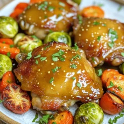 - 4 chicken thighs (bone-in, skin-on) - 2 tablespoons honey - 2 tablespoons Dijon mustard - 1 tablespoon olive oil - 1 teaspoon garlic powder - 1 teaspoon smoked paprika - Salt and pepper to taste The chicken thighs bring great flavor and juiciness. Bone-in and skin-on pieces cook evenly. They also stay moist while baking. The honey adds a sweet touch. Dijon mustard gives it that tangy kick. Olive oil helps blend the flavors and keeps the chicken tender. Garlic powder and smoked paprika add depth. Salt and pepper enhance all the tastes. - 1 cup baby carrots - 1 cup Brussels sprouts, halved - 1 cup red bell pepper, sliced Baby carrots give a nice crunch and natural sweetness. Brussels sprouts bring a nutty flavor when roasted. Red bell peppers add color and sweetness. These veggies complement the chicken well. They soak up the honey mustard sauce as they cook. - Fresh parsley - Additional seasonings Fresh parsley brightens up the dish. It adds a pop of color and freshness. You can also add more spices if you like. Feel free to mix in herbs like thyme or rosemary. These can add more flavor and make it special. To start, grab a small bowl. In it, whisk together 2 tablespoons of honey, 2 tablespoons of Dijon mustard, and 1 tablespoon of olive oil. Add 1 teaspoon of garlic powder, 1 teaspoon of smoked paprika, and some salt and pepper. Mix it well until all the ingredients blend smoothly. This marinade adds flavor and moisture to the chicken. Marinating time is key. I suggest letting the chicken sit for at least 15 minutes. If you have more time, let it marinate for up to 2 hours in the fridge. This will deepen the flavors and make your dish even tastier. Now, let’s focus on the veggies. Take a large sheet pan and spread out 1 cup of baby carrots, 1 cup of halved Brussels sprouts, and 1 cup of sliced red bell pepper. Drizzle them with a little olive oil. This helps them cook well and adds flavor. Sprinkle some salt and pepper for seasoning. Use your hands to toss the vegetables. Make sure they are coated evenly with oil and spices. This step is important for good flavor and texture. Preheat your oven to 400°F (200°C). This is the perfect temperature for roasting. Once the oven is hot, place the marinated chicken thighs on top of the veggies, skin side up. Pour the remaining honey mustard mixture over everything. Bake the pan for 30 to 35 minutes. Check the chicken to ensure it's cooked through. The internal temperature should reach 165°F (75°C). You can use a meat thermometer for this. If you want extra crispy skin, broil for 2 to 3 minutes at the end. Just watch it closely to avoid burning. After baking, let the dish rest for 5 minutes before serving. This helps all the flavors settle. Don’t forget to garnish with fresh parsley for a nice touch! To get crispy chicken skin, use the broiler. After baking the chicken and veggies, switch your oven to broil. Broil for 2-3 minutes, but watch it closely. The skin will turn golden brown. This extra step adds great texture without much effort. Want to boost the flavor? Try adding fresh herbs like rosemary or thyme. You can also sprinkle in some red pepper flakes for heat. These spices blend well with honey mustard. Experiment with your favorite herbs to make it your own. Timing is key for your veggies. Start by baking the chicken and add the veggies halfway through. This way, they cook just right. The carrots and Brussels sprouts will be tender, but not mushy. Keep an eye on them for the best results. {{image_2}} You can easily swap chicken thighs for other meats. Pork, for example, works well. Use pork chops or tenderloin for a juicy dish. Turkey thighs are another great choice. They absorb flavors just like chicken. For a lighter option, consider fish. Salmon or white fish cooks quickly and pairs nicely with honey mustard. Seasonal veggies can change your dish's taste. In spring, use asparagus or peas. They add freshness and color. Summer brings zucchini and tomatoes, which are juicy and sweet. Fall is perfect for squash and root vegetables. Try sweet potatoes or beets for a hearty addition. Winter offers hearty greens like kale or collards, which hold up well in the oven. You can adjust the honey mustard sauce to your taste. For a milder flavor, use less mustard. If you like it sweet, add more honey. Want some heat? Mix in a pinch of cayenne or red pepper flakes. For a tangy twist, add a splash of apple cider vinegar or lemon juice. Each change gives a new flavor to your dish. After you enjoy your Honey Mustard Sheet Pan Chicken Veggies, store any leftovers right away. Place the chicken and veggies in an airtight container. This keeps them fresh and safe to eat. Refrigerate within two hours of cooking. Leftovers will last for about three to four days in the fridge. Label the container with the date, so you know when to use it. When it’s time to enjoy your leftovers, reheating is key. You want to keep the chicken moist and the veggies tasty. The best way is to use an oven. Preheat it to 350°F (175°C). Place the chicken and veggies on a baking sheet. Heat for about 15 to 20 minutes. Check if the chicken is warm in the center. You can also use a microwave. Heat in short bursts. Stir the veggies to make sure they heat evenly. If you want to save some for later, freezing works great! First, let the dish cool completely. Then, place it in a freezer-safe container or bag. Be sure to remove as much air as possible. This helps prevent freezer burn. You can freeze the dish for up to three months. When you're ready to eat, thaw it in the fridge overnight. Reheat it as mentioned above for the best taste. Yes, you can use boneless chicken. Boneless chicken is quicker to cook. It also absorbs the honey mustard flavor well. However, bone-in chicken has more flavor and stays juicier. If you choose boneless, reduce cooking time by about 10-15 minutes. Always check that the chicken reaches 165°F (75°C) to ensure it is safe to eat. Honey mustard chicken pairs well with many sides. Here are some great options: - Rice: White or brown rice soaks up the sauce. - Quinoa: This adds a nutty flavor and healthy protein. - Mashed potatoes: Creamy mashed potatoes balance the dish nicely. - Salad: A fresh green salad brightens up the meal. - Roasted potatoes: Crispy potatoes add texture and flavor. These sides add variety and enhance the meal experience. To make this dish gluten-free, choose gluten-free Dijon mustard. Regular mustard may contain gluten. You can also use gluten-free soy sauce if you want to add umami flavor. Ensure all other ingredients, like spices and oils, are gluten-free. With these simple swaps, you can enjoy this tasty meal without worries. This blog post covered how to make honey mustard sheet pan chicken. We explored the key ingredients like chicken thighs, honey, and vegetables. I shared clear steps from making the marinade to baking the dish. Tips for crispy chicken skin and storage info ensure good results every time. Try the variations to mix it up. This dish offers tasty options with easy prep. Enjoy your cooking!