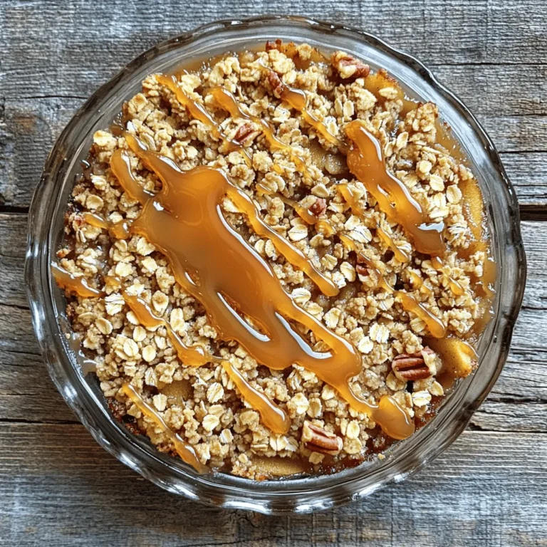 To make a delicious caramel apple crisp oat topping, gather these ingredients: - 1 cup rolled oats - 1/2 cup all-purpose flour - 1/2 cup packed brown sugar - 1/2 teaspoon ground cinnamon - 1/4 teaspoon salt - 1/2 cup unsalted butter, melted - 1/2 cup chopped pecans (optional) - 1/4 cup caramel sauce, for drizzling Each ingredient has a role. The rolled oats give texture. The all-purpose flour helps bind it all. Brown sugar adds sweetness and richness. Ground cinnamon brings warmth and spice. Salt balances the flavors. Melted butter creates that perfect crumbly topping. Pecans, if you choose to add them, give a lovely crunch. Finally, the caramel sauce adds a sweet finish. Make sure all your ingredients are fresh. This ensures the best taste. Enjoy the process of measuring and mixing. Each step gets you closer to a tasty treat! Start by preheating your oven to 350°F (175°C). This step gets your kitchen ready for baking. A hot oven helps the topping become golden and crunchy. In a large bowl, mix together the rolled oats, all-purpose flour, packed brown sugar, ground cinnamon, and salt. Stir until the dry items blend well. Next, pour in the melted butter. Mix until everything is crumbly. If you want, fold in the chopped pecans for extra crunch. The nuts add a nice flavor boost. Spread the oat mixture evenly on a baking sheet lined with parchment paper. Bake for 15-20 minutes. Keep an eye on it! Stir halfway through to make sure it bakes evenly. You want it golden brown and fragrant. Once done, take it out and let it cool for a few minutes. While the topping is still warm, drizzle it with caramel sauce. Use as much or as little as you like. This sweet touch makes it even better! You can use the topping on your favorite apple crisp or even over ice cream. It adds a delicious crunch and flavor. Enjoy your treat! To get that nice crunch, bake the oats just right. Stir halfway through baking. This helps them cook evenly. You want them golden brown. If they are too soft, they won’t have that crisp texture. A good crunch makes every bite great! Fresh ingredients make a big difference. Use new rolled oats, fresh pecans, and quality butter. Old oats can taste stale. Fresh spices, like cinnamon, also bring out the flavor. If you can, use local apples for your crisp. They add a fresh taste that you will love! This caramel apple crisp oat topping is very versatile. It’s perfect on warm apple crisp or ice cream. Try it on yogurt for a tasty breakfast. Drizzling extra caramel sauce on top is a fun option. You can even mix in chocolate chips for a sweet twist! {{image_2}} If you want a nut-free topping, skip the pecans. You can still enjoy a great crunch. Use the same oats and flour mix. The flavor will remain rich and tasty. This is perfect for those with nut allergies. You’ll still get that caramel and cinnamon goodness. To make this topping gluten-free, switch to gluten-free flour. Many brands offer a good all-purpose gluten-free mix. Ensure the oats are certified gluten-free too. It keeps the texture light while still being safe for gluten-sensitive folks. Your dessert will taste just as delicious. Want to amp up the flavor? Here are some ideas: - Add a dash of vanilla extract to the butter mix. - Try mixing in some shredded coconut for sweetness. - Use different spices like nutmeg or allspice for a warm twist. - You can even sprinkle in some chocolate chips after baking. These small changes make a big impact on taste. Enjoy experimenting! To store your leftover caramel apple crisp oat topping, let it cool completely. Once cool, place it in an airtight container. Store it in the fridge for up to one week. This way, you keep all the flavors intact. If you want to enjoy it later, make sure it is well covered. When you're ready to enjoy your topping again, you can reheat it easily. Preheat your oven to 350°F (175°C). Spread the topping on a baking sheet. Heat it for about 5-10 minutes until warm. This will help regain some of its crispiness. You can also microwave it for 20-30 seconds if you prefer a quicker method. If you want to store it longer, freezing is a great option. First, let the topping cool completely. Then, place it in a freezer-safe bag or container. Press out any air before sealing. It can last in the freezer for up to three months. To use it later, thaw it in the fridge overnight before reheating. This keeps the texture and taste as fresh as possible. Yes, you can use quick oats. They cook faster and may be softer. However, rolled oats give a better texture. They are chewier and hold their shape well. If you want a crunchier topping, stick with rolled oats. They add a nice bite to your crisp. To make homemade caramel sauce, you need just three ingredients: sugar, butter, and cream. Start by melting one cup of sugar in a pan over medium heat. Stir until it turns a golden color. Then, add 6 tablespoons of butter and mix well. Slowly pour in half a cup of cream while stirring. Keep stirring until it is smooth. Let it cool before using. This sauce is rich and sweet. For apple crisp, I recommend using firm apples. Granny Smith, Honeycrisp, or Fuji are great choices. They hold up well during baking and provide a nice balance of sweet and tart flavors. Using a mix of apples can add depth to your dish. Always choose fresh apples for the best taste. This blog post reviewed how to make a tasty apple crisp. We discussed the ingredients, steps, tips, variations, storage, and answered common questions. Following these steps will help you create a delicious dessert. Remember, using fresh ingredients makes a big difference. Enjoy sharing this crisp with friends and family. I hope you find joy in making it your own!