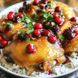 - 6 bone-in chicken thighs, skinless - 1 cup fresh cranberries (or frozen) - 1/2 cup balsamic vinegar - 1/4 cup honey - 1 tablespoon Dijon mustard - 3 cloves garlic, minced - 1 teaspoon dried thyme - 1 teaspoon dried rosemary - Salt and pepper to taste - 1 tablespoon olive oil - Fresh parsley, chopped (for garnish) These ingredients come together to create a hearty dish. The chicken thighs are the star, providing rich flavor and moisture. The fresh or frozen cranberries add a tart note that pairs well with the sweet honey and tangy balsamic vinegar. - Additional herbs like oregano or basil - Red pepper flakes for heat - Orange zest for brightness These optional ingredients can enhance the dish. Adding fresh herbs or a hint of spice can elevate the overall flavor. A touch of orange zest can bring a fresh twist to the sauce. - Chicken thighs can be swapped for boneless thighs or chicken breasts. - Maple syrup can replace honey for a different sweetness. - Use apple cider vinegar if you don’t have balsamic vinegar. These substitutions can help you make the dish your own. Adjusting the ingredients based on what you have can lead to exciting new flavors. Enjoy experimenting! Start with a mixing bowl. Combine the balsamic vinegar, honey, and Dijon mustard. Add minced garlic, thyme, rosemary, salt, and pepper. Whisk it all together until smooth. This marinade is key to building flavor. The sweet and tangy mix will make the chicken shine. You can also taste it; adjust salt or honey as needed. Next, heat olive oil in a large skillet. Once hot, season the chicken thighs with salt and pepper. Place them in the skillet, browning each side for about 4 to 5 minutes. This step adds depth to the flavor. If you’re short on time, you can skip this step. The slow cooker will still work wonders on the chicken. Transfer the browned chicken thighs to the slow cooker. Pour the marinade over the top. Then, add fresh cranberries on top of the chicken. Cover the slow cooker and set it to low for 6 to 7 hours or high for 3 to 4 hours. The chicken will become tender and soak up all the flavors. When it's done, shred the chicken slightly with a fork or serve it whole. Don't forget to garnish with fresh parsley. It adds a nice touch! To get tender chicken, use bone-in thighs. They stay moist during cooking. If you want, brown the chicken first for added flavor. This step is optional but gives a nice crust. Make sure not to overcook the chicken; it should be juicy and fall-off-the-bone tender. Check the internal temp; it should reach 165°F. You can boost the flavor with fresh herbs. Try adding some fresh thyme or rosemary. A pinch of red pepper flakes adds a bit of heat. For a sweeter taste, add more honey or a splash of orange juice. This adds a nice zing that pairs well with the cranberries. Serve the chicken on a bed of fluffy rice or creamy mashed potatoes. Drizzle the rich cranberry balsamic sauce over the top. For a colorful touch, sprinkle fresh parsley on each plate. You can also pair this dish with roasted vegetables for a complete meal. Consider serving it alongside a bright salad for a fresh contrast. {{image_2}} You can swap chicken thighs for other proteins. Try bone-in chicken breasts for a leaner choice. If you prefer pork, use pork chops or tenderloin. Each option absorbs the sauce well and stays juicy. For beef lovers, consider using chuck roast. Just adjust the cooking time for larger cuts. To make this dish vegan, use jackfruit as a meat substitute. It has a great texture and soaks up flavors. Alternatively, use tofu or tempeh. Marinate them in the same cranberry balsamic sauce. Cook in the slow cooker for about 3-4 hours on low heat. Serve over rice or quinoa for a complete meal. You can change the sauce to keep things fresh. Try a maple syrup and soy sauce mix for a sweet and salty twist. You can also use orange juice instead of balsamic vinegar for a bright citrus flavor. Adding herbs like oregano or basil gives it a Mediterranean flair. Experimenting with spices like cumin or smoked paprika adds a fun kick. After you enjoy your meal, let the chicken cool down for about 30 minutes. Place the chicken and sauce in an airtight container. Store it in the fridge for up to four days. Keep the chicken separate from any sides. This way, everything stays fresh. If you want to save some for later, freezing is a good option. First, let the chicken cool completely. Then, place it in a freezer-safe bag or container. Make sure to remove as much air as possible. You can freeze it for up to three months. When you're ready to eat, thaw it in the fridge overnight. To reheat, you have a few options. For the best results, use the oven. Preheat it to 350°F (175°C). Place the chicken in a baking dish, cover it with foil, and heat for about 20 minutes. You can also use the microwave. Just heat it in short bursts, stirring in between, until warm. Enjoy your tasty leftovers! Yes, you can use boneless chicken thighs. They will cook faster. Boneless thighs may lack some flavor but will still taste great. If you choose this option, reduce cooking time by about an hour. Check for doneness often. To make this dish low-sugar, swap honey for a low-calorie sweetener. Options like stevia or monk fruit can work well. You can also cut the amount of honey in half. Use fresh cranberries without added sugar. Always taste as you go. Adjust the flavors to your liking. I love serving this dish with fluffy rice or creamy mashed potatoes. Both options soak up the delicious sauce. You can also add roasted veggies for color and nutrition. A simple green salad on the side adds freshness. Don't forget to drizzle extra sauce over everything! This blog post covered ingredients, cooking steps, and helpful tips for cranberry balsamic chicken thighs. You learned how to prepare the marinade and brown the chicken. We discussed variations, storing leftovers, and even answered common questions. Cooking is fun and opens up so many flavors. Try new ingredients or spices to make it your own. Enjoy the journey of cooking and share your tasty results!