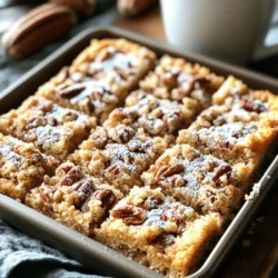 - 2 cups all-purpose flour - 1 cup brown sugar - 1/2 cup granulated sugar - 1/2 cup unsalted butter, softened - 1/2 cup maple syrup - 1 cup buttermilk (or substitute with milk + 1 tbsp vinegar) - 2 large eggs - 1 tablespoon vanilla extract - 1 tablespoon baking powder - 1 teaspoon baking soda - 1/2 teaspoon salt - 1 cup chopped pecans - 1 teaspoon cinnamon - 1/4 cup powdered sugar (for dusting) You can swap buttermilk with regular milk. Just add 1 tablespoon of vinegar to it. This helps mimic the tangy taste. For maple syrup, honey or agave nectar works well too. While these swaps change the flavor a bit, they still keep the cake delicious. Using fresh and high-quality ingredients makes a big difference. Fresh eggs and pure maple syrup enhance the taste. Good butter adds richness to the cake. Quality pecans give a nice crunch and flavor. When you choose the best, your cake will taste better. Trust me, it shows in every bite! Start by preheating your oven to 350°F (175°C). Grease a 9x13 inch baking pan. In a large bowl, mix softened butter, brown sugar, and granulated sugar. Cream these until light and fluffy. Add eggs one by one, mixing well. Then, pour in the maple syrup and vanilla extract. In another bowl, whisk together flour, baking powder, baking soda, salt, and cinnamon. Gradually mix the dry ingredients into the wet mix. Alternate with buttermilk, starting and ending with dry. Mix until just combined. Gently fold in chopped pecans. Pour the batter into the greased pan. Spread it evenly with a spatula. For the crumble, mix 1/2 cup flour, 1/4 cup brown sugar, chopped pecans, and 1 teaspoon cinnamon in a small bowl. Cut in 2 tablespoons butter until it looks like coarse crumbs. Sprinkle this over the batter. Bake your cake for 30-35 minutes. A toothpick should come out clean when it is done. Let the coffee cake cool in the pan for about 10 minutes. Then transfer it to a wire rack to cool completely. Dust the top with powdered sugar before serving. Enjoy it warm or at room temperature. Pair it with coffee or tea for a delightful treat. For a nice touch, sprinkle extra pecans on top before serving. To make a fluffy coffee cake, start with room temperature ingredients. This helps the butter mix well with the sugars. Cream the butter and sugars until light and fluffy. This step is key. It adds air to the batter. When mixing in the eggs, add them one at a time. This helps them blend in smoothly. When you mix dry and wet ingredients, do it gently. Overmixing makes the cake dense, which we want to avoid. One common mistake is using cold butter. Cold butter does not cream well and can lead to a heavy cake. Another mistake is skipping the cooling time. Letting the cake cool helps set its structure. If you cut it too soon, it may crumble. Also, avoid using too much flour. Measure it correctly by spooning it into the cup and leveling it off. Too much flour can make the cake dry. Using the right tools can make your baking easier. Here are some must-haves: - Mixing Bowls: Use large bowls for mixing wet and dry ingredients. - Electric Mixer: A hand mixer or stand mixer helps cream butter and sugars well. - Measuring Cups and Spoons: Accurate measurements are key to a good cake. - Rubber Spatula: This helps fold in pecans and mix without overworking the batter. - Baking Pan: A 9x13 inch pan is perfect for this recipe. - Cooling Rack: Use this to cool your cake evenly after baking. These tools will help you make a great Maple Pecan Coffee Cake Crumble every time! {{image_2}} You can easily boost the flavor of your maple pecan coffee cake. Adding chocolate chips gives a sweet twist. Try using dark or semi-sweet chocolate for a rich taste. You can also mix in spices like nutmeg or ginger for warmth. Just a pinch can change the whole flavor. Another fun idea is to swirl in some fruit puree, like raspberry or blueberry, before baking. This adds both flavor and color. To make a gluten-free version, swap the all-purpose flour with a gluten-free blend. Look for a blend that includes xanthan gum. This helps mimic the texture of regular flour. You can also use almond flour or coconut flour, but be aware they may change the taste. Make sure your baking powder is gluten-free too. This way, everyone can enjoy this delicious cake. Depending on the event, you can switch up the toppings. For a festive touch, try a drizzle of caramel sauce. It pairs well with the maple flavor. If you're feeling fancy, sprinkle some edible flowers on top for a stunning look. For a cozy feel, serve the cake with warm apple slices and a scoop of ice cream. Each topping adds a unique twist to your coffee cake experience. To keep your Maple Pecan Coffee Cake fresh, store it in an airtight container. Place it at room temperature for up to three days. If you want to keep it longer, you should refrigerate it. Just remember to wrap it well in plastic wrap or foil to avoid drying out. You can freeze this coffee cake for up to three months. First, let it cool completely. Then, slice the cake into pieces. Wrap each slice tightly in plastic wrap, then in foil. Place them in a freezer bag. Label the bag with the date. When you’re ready to enjoy, just thaw it in the fridge overnight. To reheat the coffee cake, simply microwave a slice for 15-20 seconds. For a warm and crispy top, place the cake in a preheated oven at 350°F (175°C) for about 10 minutes. Enjoy it fresh, as it brings out the best flavors and texture! Yes, you can use other nuts. Walnuts or almonds work well too. Just chop them into small pieces. This change adds a new flavor. Each nut brings its own taste and crunch. You can even mix nuts for a fun twist. Yes, you can make it dairy-free! Replace buttermilk with plant-based milk and vinegar. Almond milk or soy milk both work nicely. The texture will stay moist and tender. Just ensure your butter is dairy-free. Check the cake with a toothpick. Insert it into the center; it should come out clean. The edges should be golden brown and pull away from the pan. Another sign is a slight spring when you touch the top. This means it is ready to enjoy! This blog post covered how to make a delicious maple pecan coffee cake. We explored the key ingredients needed and tips for swaps when necessary. I shared step-by-step baking instructions and ways to ensure your cake turns out fluffy. Remember, quality ingredients matter for flavor. Don’t forget to explore variations and storage tips. Enjoy your baking journey!