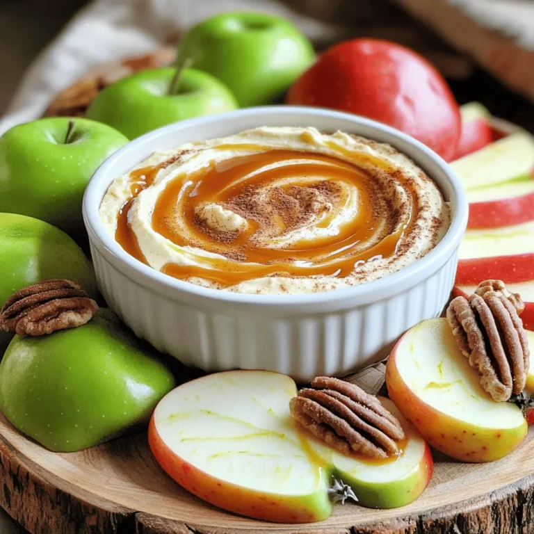 To make a tasty caramel apple dip, you need a few key items: - 2 medium apples (like Granny Smith or Fuji), cored and sliced - 1 cup caramel sauce (you can buy it or make your own) - 1/2 cup cream cheese, softened - 1/4 cup powdered sugar - 1 teaspoon vanilla extract - 1/2 teaspoon ground cinnamon These ingredients create a smooth and sweet dip that pairs perfectly with the crunch of apples. You can make the dip even better with some extras: - 1/4 cup chopped pecans or walnuts Adding nuts gives the dip a nice crunch and flavor. You can choose to mix them in or sprinkle them on top for garnish. Choosing the right apples is key for this dip. I recommend using: - Granny Smith for tartness - Fuji for sweetness These apples balance the sweetness of the caramel and cream cheese. You'll enjoy each bite! Start by taking a mixing bowl. Add the softened cream cheese, powdered sugar, and vanilla extract. Use a hand mixer or whisk to mix until it’s smooth. This step is key for a creamy base. Now, slowly pour in the caramel sauce. Keep mixing as you add it. This helps blend everything well. Next, sprinkle in the ground cinnamon. Mix again until all is combined. If you want, fold in chopped pecans or walnuts. They add a nice crunch. Transfer the dip into a nice serving bowl. Drizzle some extra caramel sauce on top. This makes it look great. Arrange the apple slices around the dip on a platter. Add fresh apple slices on top for color. For a special touch, sprinkle a bit of cinnamon on top. Use colorful apples to make your dish pop! To get the right texture for your caramel apple dip, start with softened cream cheese. If it is too cold, it will be hard to mix. Use a hand mixer or a whisk to blend it well. Add the powdered sugar and vanilla extract next. Mix until smooth and creamy. Pour in the caramel sauce slowly while mixing. This helps keep the dip creamy. If you want a bit of crunch, fold in chopped pecans or walnuts at the end. To make your dip even better, serve it with fresh apple slices. Use a mix of red and green apples for color. Sprinkle a little ground cinnamon on top for extra spice. You can also drizzle more caramel sauce over the dip for a sweet touch. If you like a nutty flavor, add whole pecans or walnuts on top. This will make your dip look fancy and taste great! If you are short on time, use store-bought caramel sauce. It saves you a lot of work. You can also prepare the dip a day ahead. Just store it in the fridge until you are ready to serve. To save time with slicing apples, use an apple corer. It makes the job quick and easy. Remember to cut the apples just before serving to keep them fresh and crisp! {{image_2}} You can switch nuts in your dip for new flavors. I love using chopped pecans or walnuts. They add a nice crunch. If you want something different, try almonds or hazelnuts. They give a unique taste. You can even use nut-free options like seeds. Sunflower seeds work well and add a fun twist. You can play with flavors to make your dip special. Add a pinch of sea salt for a salty-sweet combo. For a fun twist, mix in some peanut butter. It pairs great with the caramel. You can also use different spices, like nutmeg or ginger. Each will change the taste in a fun way. If you like, swap vanilla extract with almond extract for a nutty flavor. While apple slices are great, you can dip other treats too. Pretzel sticks add a salty crunch. You can also use graham crackers for a sweet bite. Fresh fruit like bananas or strawberries works well too. Even cookies can be fun! Try using shortbread or gingersnaps. Each choice brings a new flavor to enjoy. To keep your caramel apple dip fresh, first, cover it tightly. Use plastic wrap or place it in an airtight container. This helps keep out air and moisture. Store it in the fridge. It is best to eat it within a few days for great taste. The dip lasts about five days in the fridge. If you want to keep it longer, you can freeze it. But note that freezing may change its texture. To freeze, place it in a freezer-safe container. Make sure to leave space at the top for expansion. It can last up to three months in the freezer. When you are ready to eat the dip, take it out of the fridge. Let it warm up to room temperature. If it’s frozen, move it to the fridge overnight to thaw. Mix it well before serving. You can also microwave it for about 15-20 seconds on low power. Just make sure not to overheat it. Serve it with fresh apple slices for a tasty treat! Yes, you can use homemade caramel sauce. It adds a special touch. Making your own is easy. Just cook sugar and butter until brown. Stir in cream for a smooth finish. This way, you control the flavor and sweetness. Homemade sauce can make the dip even better. You can serve many fruits with this dip. Apples are the classic choice. Try using Granny Smith or Fuji apples. Pears also taste great. Bananas and strawberries are fun options, too. You can even use pretzels for a salty twist. Feel free to mix and match! To make this dip vegan, swap the cream cheese. Use a plant-based cream cheese instead. For the caramel, choose a vegan brand or make your own with coconut milk. This way, everyone can enjoy this sweet treat. It stays creamy and delicious, just like the original. Caramel apple dip is simple and fun to make. We covered the must-have ingredients, delicious variations, and storage tips. You can choose your favorite apples and add nuts or flavors to make it special. Remember to store it properly for the best taste. Keep experimenting with your dip, and don’t hesitate to try new fruits. With easy steps and simple tips, you can impress your family and friends. Enjoy your homemade caramel apple dip!