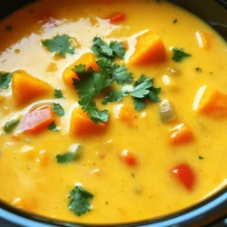 When making Crockpot Coconut Butternut Squash Soup, gather these fresh ingredients for the best taste. - 1 medium butternut squash, peeled and cubed - 1 onion, chopped - 3 cloves garlic, minced - 1 carrot, diced - 1 red bell pepper, chopped - 1 can (400ml) coconut milk - 4 cups vegetable broth - 1 tablespoon fresh ginger, grated - 1 teaspoon ground cumin - 1 teaspoon curry powder - Salt and pepper to taste - Fresh cilantro, for garnish The butternut squash brings a sweet and creamy base. The onion, garlic, and ginger add depth and warmth. Carrots and red bell pepper add color and nutrition. Coconut milk gives a rich texture, while vegetable broth enhances the flavor. Ground cumin and curry powder provide warmth and spice. Adjust salt and pepper to your taste. Finally, fresh cilantro brightens each bowl. Each ingredient plays a key role in making this soup a delightful meal. Choosing fresh produce will enhance the soup's flavor and health benefits. Start by peeling the butternut squash. Use a sharp knife for safety and ease. Cut the squash in half to make it easier to peel. Then, cube it into small pieces. Aim for uniform size to ensure even cooking. Next, chop the onion into small pieces. Mince three cloves of garlic. Dice one carrot and chop one red bell pepper. Each of these adds flavor and color to your soup. Now, layer all the prepared vegetables into your crockpot. Start with the butternut squash, followed by the onion, garlic, carrot, and red bell pepper. Pour in one can of coconut milk. Then add four cups of vegetable broth. This will create a creamy and rich base. Make sure the veggies are well-covered by the liquids. Sprinkle in one tablespoon of grated ginger, one teaspoon of ground cumin, and one teaspoon of curry powder. Season with salt and pepper to taste. Stir everything well to combine all the flavors. Cover the crockpot with its lid. You can choose to cook on low for 6-7 hours or on high for 3-4 hours. Cooking on low gives a deeper flavor but both methods work well. Check for doneness by poking the vegetables with a fork. They should be tender and easy to pierce. If they are still firm, let them cook a little longer. After cooking, use an immersion blender to puree the soup until smooth and creamy. If you prefer a chunkier soup, blend only partially. Taste the soup and adjust the seasoning if needed. To get the right texture, think about how you want your soup. Do you want it smooth or chunky? If you prefer a smooth soup, use an immersion blender. Blend until it feels creamy. If you like some texture, blend just part of the soup. You can also leave some pieces whole for a heartier bite. After blending, always taste the soup. You might want to add a bit more salt or pepper for flavor. Herbs and spices boost the soup's taste. I suggest adding a sprinkle of fresh cilantro on top when serving. You can also try adding a bit of red pepper flakes for heat. The quality of your coconut milk matters, too. A rich, creamy coconut milk will make your soup taste better. Look for brands that use natural ingredients for the best flavor. Prep can save you time later. Chop your veggies the night before. Store them in the fridge until you’re ready to cook. This way, you can just toss everything in the crockpot in the morning. For leftovers, store the soup in airtight containers. It will last for about five days in the fridge. This makes it easy to heat up for quick meals later. {{image_2}} You can switch up the vegetables for more flavor. Try sweet potatoes or carrots. These add sweetness and depth. If you need a dairy-free option, use coconut milk as the main liquid. You can also use almond milk, but it may change the taste. Want to add a kick? You can include spices like cayenne pepper or red pepper flakes. This can give your soup a nice heat. If you want to make it heartier, add proteins like beans or lentils. They blend well and add texture. To make your meal complete, pair the soup with crusty bread or a fresh salad. You can also top the soup with roasted pumpkin seeds or a swirl of coconut milk. Fresh cilantro as a garnish adds a pop of color and taste. To store leftover soup, let it cool first. Then, place it in an airtight container. This keeps the soup fresh. You can also use a glass jar. In the fridge, the soup lasts about three to four days. Make sure to label it with the date. This helps you track its freshness. For freezing, use freezer-safe containers. Leave some space at the top for expansion. This ensures the soup stays intact. The soup can last up to three months in the freezer. When you want to eat it, thaw in the fridge overnight. To reheat, warm it on the stove or in the microwave. Stir it well to make it creamy again. Portion the soup into single servings. This makes it easy for quick meals. You can also use this soup in other recipes. Try it as a sauce for pasta or a base for a grain bowl. It adds flavor and nutrition to many dishes. Yes, you can use frozen butternut squash. It saves time and is easy to use. Frozen squash is often pre-cut, so you skip the peeling and cubing. Just add it directly to your crockpot with the other ingredients. Keep in mind that the cooking time may slightly change. Check for doneness to ensure it's tender. To add heat, try these spices: - Cayenne pepper - Chili powder - Red pepper flakes Start with a small amount and adjust to your taste. You can also add fresh chopped jalapeños for a fresh kick. Mixing these spices will give your soup a nice warm flavor that balances the sweetness of the squash. This soup pairs well with: - Crusty bread - Grilled cheese sandwiches - Fresh salads Serve it with a side of crusty bread for dipping. A simple green salad adds a nice crunch. You can also enjoy it with grilled cheese for a cozy meal. Each option complements the creamy soup and enhances your dining experience. In this post, we explored how to make a delicious coconut butternut squash soup. We covered the key ingredients, preparation steps, and cooking methods. I shared tips for perfect texture and flavor, plus variations to make it your own. Proper storage practices ensure you enjoy this soup later. Enjoy cooking and personalizing this dish to fit your taste. It's a fun way to nourish yourself!