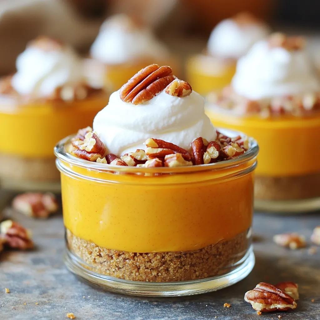 To make the No-Bake Pumpkin Cheesecake Cups, gather these simple ingredients: - 1 cup graham cracker crumbs - 4 tablespoons unsalted butter, melted - 8 oz cream cheese, softened - 1 cup pumpkin puree - 1 cup powdered sugar - 1 teaspoon vanilla extract - 1 teaspoon pumpkin pie spice - 1 cup whipped cream (store-bought or homemade) - Optional toppings: Candied pecans or walnuts Each ingredient plays an important role. The graham cracker crumbs form a crunchy base, while the melted butter binds them together. Cream cheese gives the cheesecake its rich texture. Pumpkin puree adds a warm flavor, perfect for fall. Powdered sugar sweetens the mix, and vanilla enhances the taste. Pumpkin pie spice brings that classic autumn flavor. Finally, whipped cream makes it light and fluffy. You can add candied pecans or walnuts for extra crunch and sweetness. These ingredients create a delightful treat that is easy to make. Just a few simple steps turn them into a creamy dessert. You can even customize your cups with your favorite toppings. First, gather your graham cracker crumbs and melted butter. In a bowl, combine them well. Mix until the crumbs are fully coated in butter. This will help the crust hold together. Next, take small cups or jars. Distribute the crumb mixture into each cup. Press it down firmly to form a solid base. This crust will add a nice crunch to your dessert. Now, let’s make the filling. Start with softened cream cheese in a clean bowl. Use an electric mixer to beat it until it’s smooth. This step is key for a creamy texture. Then, add the pumpkin puree, powdered sugar, vanilla extract, and pumpkin pie spice. Mix until everything is well combined and fluffy. The spices will give your cheesecake a warm flavor. Next, we’ll fold in the whipped cream. This will make the filling light and airy. Be gentle when you fold it in to keep the mixture fluffy. Once mixed, spoon the pumpkin cheesecake filling into each cup. Fill them nearly to the top, but leave a little space. Finally, chill the cups in the fridge for at least 2 hours or until set. This step is important for the best texture. Softened cream cheese is key for a smooth filling. Cold cream cheese can lead to lumps. Let it sit out for about 30 minutes before mixing. This makes it easier to blend with other ingredients. When folding in whipped cream, do it gently. This keeps the mixture light and airy. Use a spatula to lift and fold. Avoid stirring too hard, as this can deflate the cream. Chill the cheesecake cups for at least two hours. This gives the flavors time to blend and the texture to set. You can make these cups a day ahead. Just keep them in the fridge until you serve. Store the cups with plastic wrap on top. This helps keep them fresh. You can also use airtight containers if you have them. For a fun twist, top with whipped cream and sprinkle candied pecans or walnuts. You can also add a drizzle of caramel sauce for extra sweetness. Pair these cups with a warm drink, like spiced apple cider or coffee. The flavors work well together and make a cozy dessert experience. {{image_2}} You can have fun with flavors in your pumpkin cheesecake cups. One great option is to make chocolate chip pumpkin cheesecake cups. Just add mini chocolate chips to the pumpkin cheesecake mixture. The sweet chocolate pairs well with the pumpkin. If you want a twist, swap the pumpkin puree for other fruits. You can use apple or sweet potato puree instead. Both choices bring a new taste to your cups. If you need gluten-free options, use gluten-free graham crackers. They work just as well for the crust. You won’t miss the regular kind at all. For a dairy-free version, try using dairy-free cream cheese. This swap keeps your dessert creamy without any dairy. Many brands offer great alternatives that taste fantastic. You can create bite-sized versions of these cups. Use small shot glasses or mini cups for a fun twist. Layer different flavors in these tiny cups for a unique treat. Mixing flavors like pumpkin with chocolate or caramel can make them even better. Guests will enjoy the variety, and they look so cute on a dessert table! To store your pumpkin cheesecake cups, first cover them with plastic wrap or a lid. This keeps them fresh in the fridge. Place them on a flat surface to avoid spills. If you have leftovers, they will stay good for up to three days. If you want to freeze the cheesecake cups, wrap them tightly in plastic wrap. You can also use an airtight container. They can last in the freezer for up to two months. Just remember to let them thaw in the fridge before you eat them. In the fridge, expect your cheesecake cups to last about three days. After that, the texture and taste may change. Always check for signs of spoilage. Look for changes in color or an unusual smell. If the cheesecake feels watery or has mold, toss it out. These signs mean it’s not safe to eat anymore. Enjoy your treats while they’re fresh for the best taste! Yes, you can use store-bought whipped cream. It saves time and still tastes good. If you want a fresh flavor, you can make your own. Just whip heavy cream with a bit of sugar until soft peaks form. Store-bought cream is a great shortcut if you're in a rush. The cheesecake cups need at least 2 hours to chill. This time helps them set properly. If you leave them longer, they will taste even better. Just cover them to keep them fresh while they chill. Yes, you can double the recipe easily. Just use twice the ingredients and prepare more cups. This treat is great for parties or holidays. Make sure you have enough space in your fridge to chill them. This blog post shared simple steps to make tasty pumpkin cheesecake cups. We discussed the key ingredients and the easy process of making the crust, filling, and assembling your dessert. I also included tips for perfect texture and ways to customize your treats. Remember to store leftovers properly to enjoy them later. Whether you stick to the classic flavor or try new variations, you now have the tools to impress your friends and family. Dive in and let your creativity shine in the kitchen!