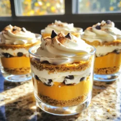 - 1 cup graham cracker crumbs - 1 (8 oz) package cream cheese, softened - 1 cup pumpkin puree - 1 cup powdered sugar To create a great base for your trifles, start with graham cracker crumbs. These give a nice crunch. Next, the cream cheese adds creaminess and richness to your dessert. Pumpkin puree brings in that warm, cozy flavor that makes this treat fall-friendly. Finally, powdered sugar adds just the right touch of sweetness. - 1 teaspoon vanilla extract - 1 teaspoon ground cinnamon - 1/2 teaspoon ground nutmeg Adding flavor is key. Vanilla extract enhances the taste and ties everything together. Ground cinnamon provides warmth, while nutmeg adds a hint of spice. These flavors make the dessert taste like autumn in a cup. - 1 cup heavy whipping cream - Whipped cream for serving - Mini chocolate chips (optional) Toppings make your trifles special. Whip heavy cream to create light, fluffy layers. Use regular whipped cream on top for that final touch. If you want, sprinkle mini chocolate chips for extra fun. This gives a nice contrast to the pumpkin flavor. To start, grab a small bowl. Combine 1 cup of graham cracker crumbs with 4 tablespoons of melted butter. Mix well until all the crumbs get coated evenly. This step gives your crust a rich flavor and good texture. Next, take a large bowl and beat 1 package of softened cream cheese until it’s smooth and creamy. Then, add 1 cup of pumpkin puree, 1 cup of powdered sugar, 1 teaspoon of vanilla extract, 1 teaspoon of ground cinnamon, and 1/2 teaspoon of ground nutmeg. Mix these ingredients until they blend well together. This mixture is the heart of your trifle. Now, it's time to layer. Use individual cups or a big trifle dish. Start with a layer of your graham cracker crust. Then, add a layer of the pumpkin cheesecake filling. Repeat these layers until you reach the top. Make sure you finish with the cheesecake layer on top. This way, it looks beautiful and inviting. Chilling is key! Cover your trifles and place them in the fridge for at least 2 hours. This helps the flavors meld and the layers set nicely. Just before serving, add a dollop of whipped cream on top. You can sprinkle ground cinnamon and mini chocolate chips for extra flair. Enjoy every delicious bite! Using fresh pumpkin puree makes a big difference. Fresh puree gives a rich, natural flavor. If you can, roast a pumpkin and blend it until smooth. Canned puree works too, but check the label for quality. When choosing cream cheese, look for full-fat options. It gives a better texture and taste. Always check for freshness. Softened cream cheese blends better into your filling. Whipping cream needs care. Start with cold cream for the best results. Use a chilled bowl and beaters to help it whip faster. Whip until you see soft peaks. This takes about 2-3 minutes. To fold whipped cream into your pumpkin mix, use a spatula. Gently scoop from the bottom and fold over the top. This keeps the air in, making your cheesecake light and fluffy. Clear glass cups are perfect for serving. They show off the beautiful layers and colors. Try to use cups that hold about 1 cup each. For garnishing, top with whipped cream and a sprinkle of ground cinnamon. Mini chocolate chips add a fun twist if you like. A sprig of mint can also brighten up the look. {{image_2}} You can easily switch up the flavors in your No Bake Pumpkin Cheesecake Trifles. Adding chocolate or caramel layers gives a sweet twist. Simply drizzle your favorite sauce between the layers. This adds richness and depth. You can also play with spices. Try ginger or allspice instead of cinnamon. These spices can create a warm, festive feel. You might even add a pinch of cayenne for a kick. Experiment and find what you love! If you need a gluten-free crust, use crushed gluten-free cookies instead of graham crackers. Many brands make tasty options. Check labels to ensure they are truly gluten-free. For vegan options, use dairy-free cream cheese and whipped coconut cream. These swaps keep the creaminess while fitting a vegan diet. You won’t miss the dairy at all! Pair your trifles with other desserts for a fun spread. Mini pies or cookies complement the pumpkin cheesecake well. You can serve them at parties or family gatherings. Seasonal ideas are great too! Serve these trifles at Thanksgiving or Halloween. Their festive colors and flavors will impress your guests. You can even add a small pumpkin decoration for a cute touch! To keep your no bake pumpkin cheesecake trifles fresh, store them in the fridge. Use an airtight container for best results. If you have leftovers, they can last up to four days. Just remember to cover them well. This helps to keep their great taste and texture. If you want to freeze leftovers, that's easy too! Scoop the trifles into freezer-safe containers. They can stay frozen for up to three months. When you're ready to enjoy them, place the containers in the fridge overnight. This helps the texture stay nice and creamy. Avoid using a microwave, as it may change the taste. It takes about 30 minutes to prepare the trifles. After that, you need to chill them for at least 2 hours. This gives the flavors time to mix. So, in total, you need about 2 hours and 30 minutes. Yes, you can make these trifles ahead of time. They stay fresh in the fridge for up to 2 days. Making them ahead helps the flavors blend well. Just add the whipped cream just before serving. If you want a different crust, try using crushed cookies like Oreos or vanilla wafers. You can also use crushed nuts for a gluten-free option. Just mix them with melted butter the same way as graham crackers. To reduce sweetness, use less powdered sugar in the filling. You can also add more pumpkin puree. This adds flavor without extra sugar. Using unsweetened whipped cream on top can also help balance the taste. You learned how to make delicious No Bake Pumpkin Cheesecake Trifles. We covered the main ingredients, flavor additions, and how to layer them beautifully. I shared tips on using fresh ingredients and perfecting whipped cream. You also learned about variations for dietary needs and perfect storage methods. Try this simple recipe for your next gathering. It's not just tasty; it will impress your guests! Enjoy your fun in the kitchen and happy eating!