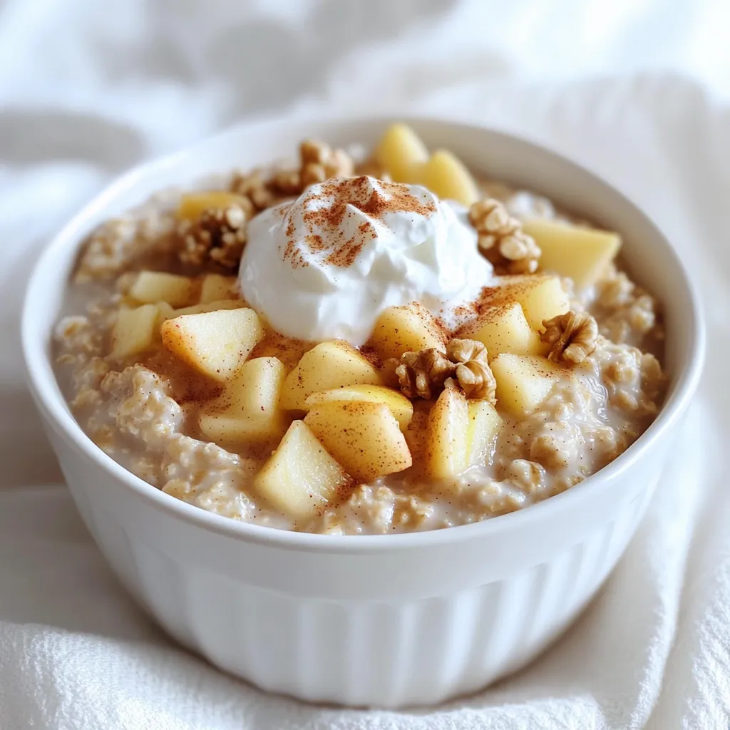 - 1 cup rolled oats - 1 ½ cups unsweetened almond milk (or milk of choice) - 1 medium apple (peeled, cored, and diced) - 1 tablespoon maple syrup (or honey) - 1 tablespoon chia seeds - ½ teaspoon cinnamon - ¼ teaspoon nutmeg - 1 tablespoon walnuts, chopped (optional) - 2 tablespoons Greek yogurt (optional for topping) - Mixing bowl - Mason jar or airtight container - Microwave (optional) The main ingredients in this recipe are simple yet effective. The rolled oats form the base, offering a hearty texture. Almond milk adds creaminess but feel free to use any milk you prefer. The apple brings natural sweetness, while maple syrup enhances that flavor. Chia seeds add healthy fats and help thicken the mix. For optional ingredients, spices like cinnamon and nutmeg give a warm, cozy feel. Chopped walnuts can add a nice crunch, and Greek yogurt is great for creaminess. You need a mixing bowl for combining the ingredients. A mason jar or airtight container is perfect for soaking them overnight. A microwave is handy if you want to warm your oats in the morning. This recipe is flexible. You can adjust it to fit your taste. Enjoy making it your own! Start with a mixing bowl. Combine 1 cup of rolled oats, 1 ½ cups of unsweetened almond milk, and 1 tablespoon of chia seeds. Add 1 tablespoon of maple syrup and ½ teaspoon of cinnamon. Sprinkle in ¼ teaspoon of nutmeg. Stir well until all ingredients mix evenly. This gives the oats great flavor and creaminess. Now, take your medium apple. Peel, core, and dice it. Gently fold the diced apple into the oat mixture. This helps the apple flavors blend into the oats. Be careful not to mash the apple pieces. You want them to stay whole for texture. Transfer the oat mixture into a mason jar or an airtight container. Seal it tightly and refrigerate overnight. Soaking allows the oats to soften and absorb the liquid. This makes the oats creamy and easy to digest. In the morning, take the container out of the fridge. If you want to warm them, place the oats in the microwave for about 1-2 minutes. Stir well after heating. Top with chopped walnuts for a nice crunch and 2 tablespoons of Greek yogurt for creaminess. Finish with a sprinkle of cinnamon. Enjoy your warm apple pie oats right away! Choosing the best type of oats is key. I recommend rolled oats for their texture. They soak up liquid well and create a creamy base. Quick oats can turn mushy, while steel-cut oats need longer soaking. Balancing sweetness and spice makes your oats shine. I use maple syrup for a natural sweetness and add cinnamon and nutmeg to mimic apple pie flavors. Adjust these amounts to suit your taste. If you prefer it sweeter, add more maple syrup or honey. Over-soaking your oats leads to a mushy mess. Aim for 8 hours of soaking for the best texture. If you soak them too long, they can lose their bite. When switching ingredients, consider the ratios. For example, if you swap almond milk for dairy milk, the taste changes. Make sure to adjust the sweetness if you use sweetened milk. Adding protein or fiber-rich ingredients boosts the health factor. Greek yogurt is a great topping choice. It adds creaminess and protein. You can also mix in some nut butter for healthy fats and protein. To make it more filling, add chia seeds or nuts. Chia seeds expand and help you feel full longer. Walnuts give a nice crunch and healthy omega-3s. These small changes can make your breakfast more satisfying and nutritious. {{image_2}} You can switch apples for other fruits in this recipe. Try using pears for a sweet twist. Berries add a nice tartness. Bananas bring a creamy texture and natural sweetness. Each option gives a unique flavor. Mix and match to find your favorite. Spices can change the taste of your oats. Use pumpkin pie spice for a cozy fall flavor. Adding vanilla extract gives the oats a warm, sweet aroma. Experiment with different spice blends to find what you love best. This recipe can fit many diets. For a vegan option, use plant-based milk and skip the yogurt. For gluten-free oats, choose certified gluten-free rolled oats. These changes keep the dish tasty while meeting your needs. To keep your warm apple pie overnight oats fresh, store them in the fridge. Use an airtight container or a mason jar. This helps to keep the oats moist and tasty. Make sure the lid is on tight. You can also layer toppings separately to keep them fresh. These oats last about 3 to 5 days in the fridge. However, the sooner you eat them, the better they taste! If you notice any strange smells or colors, it’s best to toss them out. Fresh is always best! You can freeze your oats for later, too! Prepare them as usual and put them in freezer-safe containers. Leave some space at the top to avoid spills as they freeze. When ready to eat, thaw them in the fridge overnight. You can warm them up in the microwave or on the stove. Enjoy a quick and tasty breakfast anytime! Yes, you can make warm apple pie overnight oats ahead of time. This recipe is perfect for meal prepping. You can prepare several jars and store them in the fridge. The oats will stay fresh for up to five days. This way, you have a tasty breakfast ready to go each morning. Just grab a jar, warm it up, and enjoy! If you need a substitute for almond milk, there are many options. You can use regular cow's milk or any plant-based milk. Some good alternatives are oat milk, soy milk, or coconut milk. Each option has its own taste. Choose what works best for your diet or flavor preference. You can warm the overnight oats on the stovetop. Just pour the oats into a small pot. Heat over low to medium heat, stirring often. This method takes a bit longer, but it warms the oats nicely. You can also add a splash of milk to help heat them evenly. Another option is to use a double boiler. Yes, this recipe is very kid-friendly! Kids love the sweet taste of apples and cinnamon. Plus, it has a creamy texture from the oats and yogurt. The oats are also healthy, full of fiber, and keep them full. You can even let them help mix the ingredients. This makes breakfast fun and tasty for everyone! Warm apple pie overnight oats are easy to make and delicious. We covered the key ingredients, from rolled oats to apple choices. You can boost flavor with spices or nuts. Preparing them is as simple as mixing and letting them soak overnight. We also explored common mistakes and tips to enhance nutrition. In your kitchen, you can create tasty, healthy meals. Remember, overnight oats offer flexibility in flavors and ingredients. Enjoy your warm apple pie overnight oats any time!