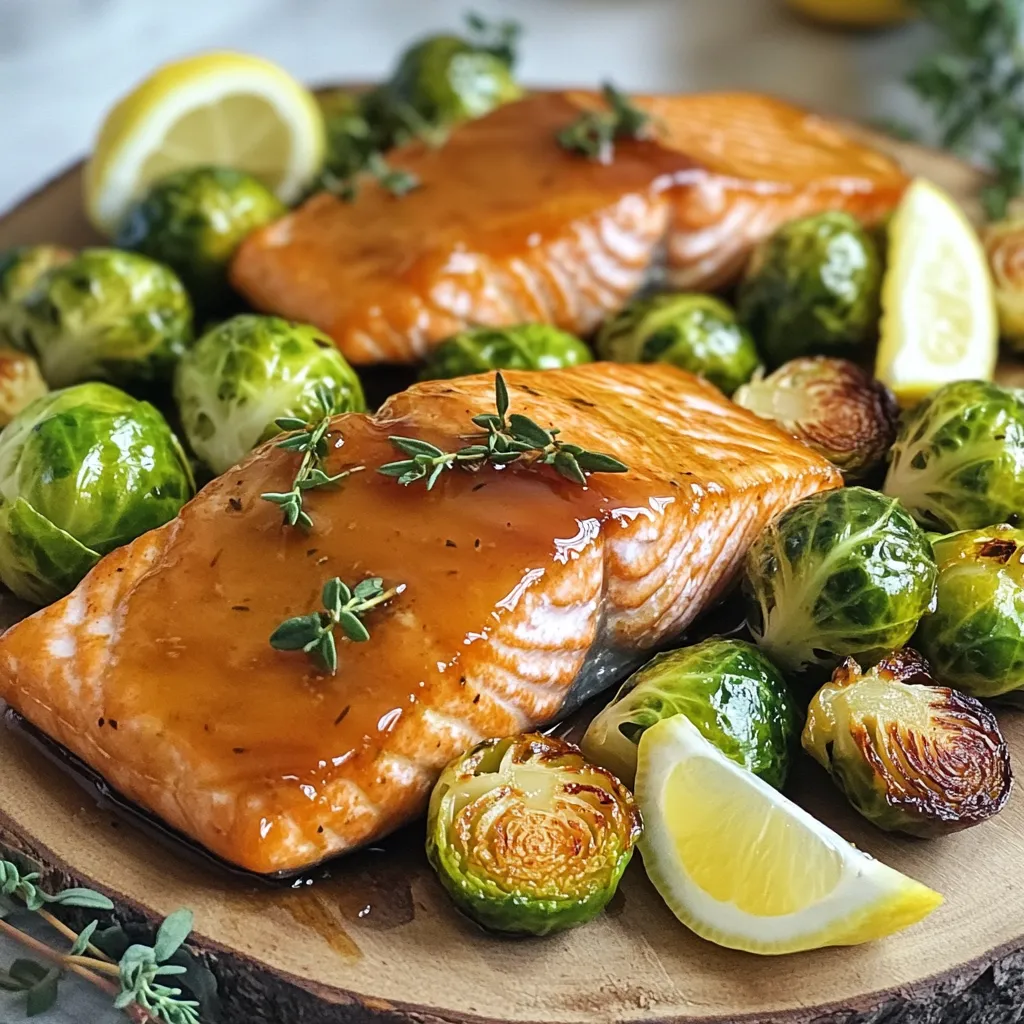 You need four salmon fillets, each about six ounces. Fresh salmon works best for flavor. Look for bright color and a clean scent. If you prefer, you can use skin-on fillets for added richness. Two cups of Brussels sprouts are perfect for this dish. Halve each sprout to help them cook evenly. Choose firm sprouts with tight leaves. They should feel heavy for their size and have a fresh green color. This mixture adds a sweet and tangy kick. You will need three tablespoons of pure maple syrup and two tablespoons of Dijon mustard. Also, add two tablespoons of olive oil for richness. For flavor, mix in one teaspoon of garlic powder, and season with salt and pepper. Finally, add one tablespoon of fresh thyme leaves, or one teaspoon if you use dried thyme. This blend enhances the salmon and sprouts beautifully. Start by gathering your ingredients. You need salmon fillets, Brussels sprouts, and the maple Dijon mix. Preheat your oven to 400°F (200°C). This temperature helps the salmon cook evenly. Line a large sheet pan with parchment paper. This makes cleanup quick and easy. In a small bowl, mix the maple syrup, Dijon mustard, olive oil, garlic powder, salt, pepper, and thyme. Whisk them together until they blend well. This mixture adds great flavor to both the salmon and Brussels sprouts. On your sheet pan, place the halved Brussels sprouts. Drizzle half of the maple Dijon mixture over them. Toss the sprouts to coat them well. Spread them evenly on one side of the pan. On the other side, lay the salmon fillets. Brush the rest of the maple Dijon mix over each fillet. Make sure they are well coated for the best taste. Now, put the pan in your preheated oven. Roast for 15 to 20 minutes. The salmon should flake easily with a fork when done. The Brussels sprouts will be tender and caramelized. When they are done, take the pan out and let it cool for a few minutes. Serve the salmon and Brussels sprouts on a large platter. For a nice touch, drizzle some extra maple syrup over the dish. Garnish with fresh thyme and lemon wedges. The lemon adds a zesty flavor that brightens the meal. Enjoy this delicious dish with family and friends! To get the best salmon, choose fresh fillets. Look for bright color and no fishy smell. Pat the salmon dry with a paper towel. This helps it sear well. Brush on the maple Dijon mix generously. This adds flavor and keeps the fish moist. Cook it until it flakes easily with a fork. This usually takes 15-20 minutes at 400°F. For crispy Brussels sprouts, start with dry ones. Rinse and pat them dry before cutting. Halve them to increase the surface area. Toss them in the maple Dijon mix well. Spread them out on the pan. Make sure they don’t touch. This allows hot air to crisp them up. Roast until golden brown, about 20 minutes. For a nice presentation, use a large platter. Place the salmon and Brussels sprouts side by side. Drizzle extra maple syrup over the top for shine. Garnish with fresh thyme leaves and lemon wedges. This adds color and freshness. Serve it warm for the best taste. This dish looks as good as it tastes! {{image_2}} You can swap salmon with other fish like trout or cod. If you want a meat option, try chicken breasts. For a vegetarian twist, use hearty tofu or tempeh. You can also replace Brussels sprouts with green beans or broccoli. Both have great flavor and cook well. If you don’t have maple syrup, honey works too. Just note that it will change the taste slightly. Feel free to mix up the herbs and spices. Instead of thyme, you can use rosemary or oregano for a different flavor. For a spicy kick, add red pepper flakes to the maple Dijon mixture. Lemon zest can also brighten up the dish. For a tangy twist, try using balsamic vinegar in place of Dijon mustard. Cooking time may change if you use different ingredients. Thicker fish or chicken may need a few extra minutes in the oven. If you choose smaller veggies, check them earlier to avoid overcooking. Always check if the salmon flakes easily with a fork or if the chicken reaches 165°F (74°C). Adjustments ensure your meal is just right every time. To keep your leftovers fresh, place them in an airtight container. Make sure to cool the salmon and Brussels sprouts before sealing. Store them in the fridge for up to three days. This way, you can enjoy the flavors later without losing taste. When you are ready to eat your leftovers, preheat your oven to 350°F (175°C). Place the salmon and Brussels sprouts on a baking sheet lined with parchment paper. Heat for about 10 to 15 minutes. This method keeps the salmon moist and the Brussels sprouts crispy. You can also use a microwave, but the oven gives better results. If you want to store the dish for a longer time, you can freeze it. First, let the salmon and Brussels sprouts cool completely. Then, wrap them tightly in plastic wrap and place them in a freezer-safe bag. Label the bag with the date. You can freeze them for up to three months. To reheat, simply thaw overnight in the fridge and follow the reheating instructions above. Yes, you can use frozen salmon fillets. Just remember to thaw them first. Place them in the fridge overnight or in cold water for a quicker thaw. Once thawed, follow the same steps in the recipe. The cooking time may be a bit longer, so check for doneness often. Keep an eye on the salmon while it cooks to ensure it is flaky and tender. You can enjoy this dish with many sides. Here are a few ideas: - Quinoa or brown rice for a hearty base - A fresh green salad for a crunchy contrast - Mashed potatoes for a creamy touch - Roasted carrots or sweet potatoes for added sweetness These sides will complement the flavors of the salmon and Brussels sprouts well. To check if salmon is done, look for a few signs. The flesh should change from translucent to opaque. It should easily flake apart when you poke it with a fork. If you have a food thermometer, aim for an internal temperature of 145°F (63°C). This way, you know your salmon is safe to eat and cooked perfectly. This blog post covered all you need for a delicious meal with salmon and Brussels sprouts. We explored the best ingredients, preparation steps, and cooking tips. You learned how to keep your Brussels sprouts crispy and present your dish well. Plus, we shared ways to substitute ingredients and store leftovers. Having this knowledge makes cooking easy and fun. Enjoy creating tasty meals with these tips!