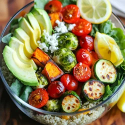 - 1 cup quinoa, rinsed - 2 cups vegetable broth - 1 medium sweet potato, diced - 1 cup Brussels sprouts, halved - 1 red bell pepper, diced - 1 zucchini, sliced - 1 cup cherry tomatoes, halved - 3 tablespoons olive oil - 1 teaspoon garlic powder - 1 teaspoon smoked paprika - 1 teaspoon dried thyme - Salt and pepper to taste - 1 cup mixed greens (spinach, arugula, or baby greens) - 1 avocado, sliced - ¼ cup feta cheese, crumbled (optional) - Lemon wedges for serving These ingredients create a colorful and healthy bowl. The quinoa works as a great base. The roasted veggies add flavor and nutrients. You can add different veggies based on your taste. Try carrots, butternut squash, or kale. Chickpeas or black beans boost protein. Nuts or seeds add crunch. Fresh herbs like parsley or cilantro can brighten the dish. This recipe serves four people. Each serving offers a good balance of carbs, protein, and fats. Quinoa is a complete protein. Sweet potatoes give fiber and vitamins. The veggies add antioxidants. If you use feta, it adds calcium. This bowl is not just tasty; it’s also nourishing. Enjoy the bright colors and flavors while knowing you're eating healthy! To start, rinse 1 cup of quinoa under cold water. This step removes any bitter taste. Then, in a medium saucepan, bring 2 cups of vegetable broth to a boil. Once it boils, add the rinsed quinoa. Lower the heat, cover, and let it simmer for about 15 minutes. The liquid should absorb, and the quinoa will become fluffy. After cooking, use a fork to fluff the quinoa and set it aside. Next, preheat your oven to 425°F (220°C). Grab a large sheet pan and spread out 1 diced sweet potato, 1 cup of halved Brussels sprouts, 1 diced red bell pepper, and 1 sliced zucchini. Drizzle 3 tablespoons of olive oil over the veggies. Season with 1 teaspoon each of garlic powder, smoked paprika, dried thyme, salt, and pepper. Toss everything well to coat the vegetables evenly. Roast them in the oven for 20-25 minutes. Check them halfway through and stir. They should become tender and caramelized. Once the veggies are roasted, let them cool slightly. To assemble your bowls, start with a base of the fluffy quinoa. Top it generously with the roasted vegetables. Then, add a handful of mixed greens, which can be spinach, arugula, or baby greens. Slice an avocado and place it on top. If you like, sprinkle ¼ cup of crumbled feta cheese over the bowl. Serve with lemon wedges on the side to add a zesty touch. Enjoy your vibrant, healthy meal! To make perfect quinoa, rinse it well. This helps remove bitter saponins. Use vegetable broth for flavor. Bring the broth to a boil before adding quinoa. Cook on low heat, covered. It should absorb all the liquid in about 15 minutes. Once done, fluff it with a fork. This makes it light and airy. Roasting gives veggies a sweet, rich flavor. Cut them into similar sizes. This helps them cook evenly. Toss them with olive oil and spices before roasting. Use a high temperature, around 425°F (220°C). Roast for 20-25 minutes, stirring halfway. This ensures they caramelize nicely. Look for a tender texture and golden edges. A beautiful bowl makes your meal special. Start with fluffy quinoa as a base. Add roasted veggies in a colorful pattern. Use mixed greens to add freshness. Place avocado slices on top for creaminess. If you like cheese, sprinkle feta for extra flavor. Finish with lemon wedges for a bright touch. {{image_2}} You can swap quinoa for other grains. Brown rice or farro works great. If you want a gluten-free option, try using millet or buckwheat. Each grain adds its own flavor and texture. Just adjust cooking times based on the grain you choose. Use fresh, seasonal veggies for the best taste. In fall, try butternut squash and parsnips. In spring, asparagus and snap peas shine in this dish. Summer brings zucchini and corn, while winter can feature root veggies like carrots and turnips. Select what looks good at your market! Dressing adds a punch to your grain bowl. A simple lemon vinaigrette works well. Mix lemon juice, olive oil, salt, and pepper. For a creamy touch, try tahini or yogurt dressing. Feel free to add herbs like dill or parsley for extra freshness. After preparing your sheet pan harvest veggie grain bowls, let them cool down. Once cooled, place them in an airtight container. They will stay fresh in the fridge for about 3 to 5 days. Make sure to separate the quinoa and veggies if you want to keep them extra fresh. This way, the quinoa won’t get soggy. You can freeze these bowls for later. First, let them cool completely. Then, pack them in freezer-safe containers. They can last up to three months in the freezer. When you are ready to eat, just thaw them overnight in the fridge before reheating. To reheat, you have a few options. You can use the microwave for quick warming. Heat in short bursts, stirring in between for even warmth. If you prefer, you can reheat in the oven. Preheat your oven to 350°F (175°C) and warm in a covered dish for about 15 minutes. This will help keep the veggies crispy. Enjoy your delicious bowls warmed up! Yes, you can use other grains. Brown rice, farro, or barley work well. Each grain offers a unique taste and texture. Adjust cooking times based on the grain you choose. For example, brown rice takes longer to cook than quinoa. To make this recipe vegan, skip the feta cheese. You can also replace the vegetable broth with water if you want. Use a vegan dressing like tahini or a lemon vinaigrette for extra flavor. Adding more veggies will keep it tasty and filling. If you need a substitute for feta cheese, try using crumbled tofu. It has a similar texture. You can also use nutritional yeast for a cheesy flavor without dairy. Another option is to use a vegan cheese alternative. Choose one that crumbles well. This blog post covered how to make a delicious grain bowl. We explored the essential ingredients and optional add-ins to suit your taste. I shared step-by-step instructions for preparation and cooking. You learned cooking tips and ways to present your bowl beautifully. We discussed variations and storage advice to keep your meal fresh. Now, go ahead and create your perfect grain bowl. Enjoy customizing your dish and impressing others with your cooking skills!