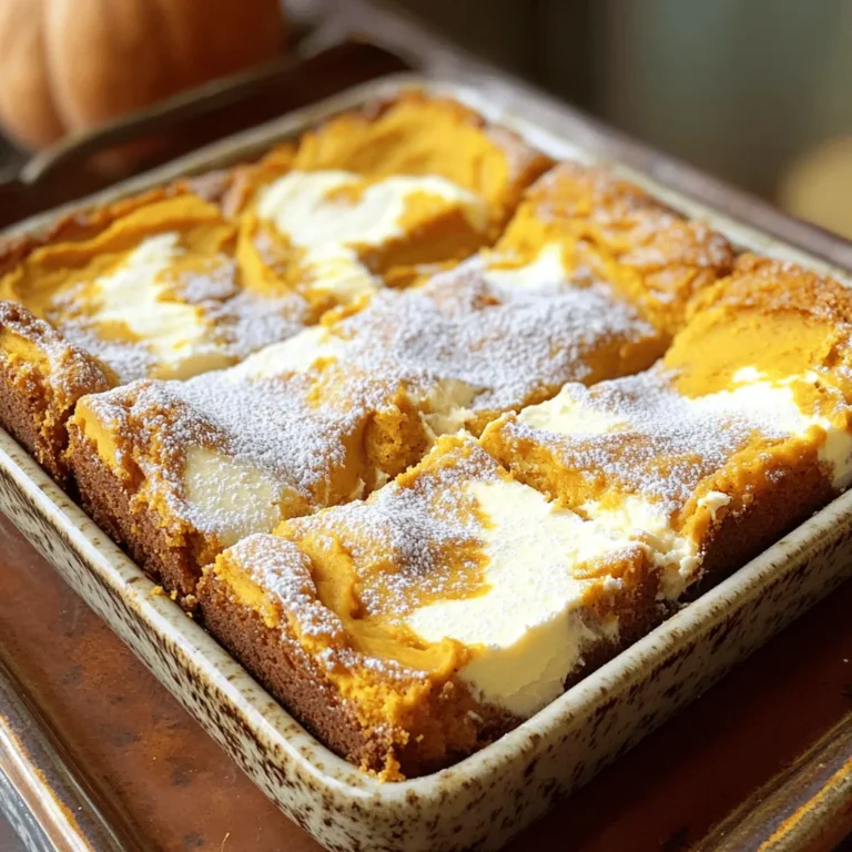 For this tasty coffee cake, gather the following items: - 1 cup all-purpose flour - 1 teaspoon baking powder - 1 teaspoon baking soda - 1/2 teaspoon salt - 1 teaspoon ground cinnamon - 1/2 teaspoon ground nutmeg - 1/4 teaspoon ground cloves - 1/2 cup pumpkin puree - 1/2 cup granulated sugar - 1/4 cup brown sugar, packed - 2 large eggs - 1/3 cup vegetable oil - 1 teaspoon vanilla extract To make the creamy filling, you will need these ingredients: - 8 oz cream cheese, softened - 1/4 cup granulated sugar - 1 large egg - 1 teaspoon vanilla extract You can swap some ingredients if needed: - Use whole wheat flour instead of all-purpose flour for a healthier option. - Replace granulated sugar with coconut sugar for a lower-glycemic option. - Swap pumpkin puree with applesauce for a different flavor. - Use Greek yogurt instead of cream cheese for a lighter filling. These simple swaps let you customize the recipe. Enjoy making this tasty pumpkin cream cheese coffee cake! First, preheat your oven to 350°F (175°C). This step is key for even baking. Next, grease and flour a 9-inch square baking pan. You can also line it with parchment paper for easy removal. In a medium bowl, whisk together the dry ingredients: - 1 cup all-purpose flour - 1 teaspoon baking powder - 1 teaspoon baking soda - 1/2 teaspoon salt - 1 teaspoon ground cinnamon - 1/2 teaspoon ground nutmeg - 1/4 teaspoon ground cloves Set this bowl aside. In a large bowl, mix together the wet ingredients. Combine: - 1/2 cup pumpkin puree - 1/2 cup granulated sugar - 1/4 cup brown sugar - 2 large eggs - 1/3 cup vegetable oil - 1 teaspoon vanilla extract Stir until the mix looks smooth. Then, gradually add the dry mix to the wet mix. Stir gently until just combined. Be careful not to overmix, as this will keep the cake light and fluffy. In a separate bowl, prepare the cream cheese filling. Beat together: - 8 oz cream cheese, softened - 1/4 cup granulated sugar - 1 large egg - 1 teaspoon vanilla extract Mix until the filling is creamy and smooth. This filling adds a rich taste to the cake. Now it's time to layer the cake. Pour half of the pumpkin batter into your prepared pan. Spread it evenly. Next, add dollops of the cream cheese filling on top of this batter. Then, spoon the remaining pumpkin batter over the cream cheese layer. Use a knife or skewer to swirl the cream cheese filling into the pumpkin batter. This creates a beautiful marbled effect that looks great and tastes even better. Place the pan in your preheated oven. Bake for 40-45 minutes. Check if it is done by inserting a toothpick into the center. It should come out clean. Once baked, allow the cake to cool in the pan for about 15 minutes. After that, transfer it to a wire rack to cool completely. This cooling process helps the cake set up nicely. To keep your coffee cake moist, use fresh ingredients. Old flour or expired baking powder can ruin your cake. Mix the wet and dry ingredients just until combined. Overmixing can make your cake dense. Adding pumpkin puree also helps keep it moist and adds flavor. Make sure your cream cheese is soft. This helps it mix smoothly. Beat it well with sugar and egg until creamy. If it's too lumpy, the filling won't spread well. Use a spoon to drop dollops of the filling. Swirl it gently into the batter for a nice marbled look. You need a 9-inch square baking pan for this recipe. A mixing bowl and whisk will help you combine the ingredients. A spatula is great for spreading the batter evenly. Lastly, a toothpick is essential to check if your cake is done. All these tools make baking easy and fun! {{image_2}} To make a gluten-free version, swap all-purpose flour for gluten-free flour. Look for a blend that works well in baking. This change keeps the texture light and fluffy. You can enjoy pumpkin cream cheese coffee cake without worry. Just ensure you check that all other ingredients are gluten-free too. You can make your coffee cake unique by adding extra spices. Try adding ginger or allspice for a warm kick. A teaspoon of vanilla can enhance the flavor too. If you love nuts, chop some walnuts or pecans and mix them into the batter. This adds a nice crunch and depth to the cake. While the cream cheese filling is delicious, you can switch it up. Top the cake with a simple glaze made from powdered sugar and milk. You can add a splash of vanilla or maple syrup for a twist. For a festive touch, sprinkle some toasted coconut or chopped nuts on top. Each option gives a new flavor and look to your cake. To keep your pumpkin cream cheese coffee cake fresh, store it in an airtight container. This will help prevent it from drying out. You can keep it at room temperature for up to two days. If you want it to last longer, place it in the fridge. It will stay good there for about a week. If you have more cake than you can eat, freezing is a great option. First, let the cake cool completely. Then, cut it into squares. Wrap each square tightly in plastic wrap. Place the wrapped pieces in a freezer-safe bag or container. This method will keep the cake fresh for up to three months. When you want a piece, just thaw it in the fridge overnight. To enjoy your coffee cake warm, you can reheat it easily. Preheat your oven to 350°F (175°C). Place a piece of cake on a baking sheet. Heat it for about 10-15 minutes. If you prefer the microwave, heat it in 10-second bursts until warm. This keeps the cake soft and tasty. Enjoying it warm brings out the flavors even more! Yes, you can make this coffee cake ahead of time. Bake it and let it cool. Once cool, cover it well. Store it in the fridge for up to three days. This way, the flavors get even better! To check if the cake is done, use a toothpick. Insert it in the center. If it comes out clean, your cake is ready! If it has wet batter, it needs more time. Bake for an extra five minutes and check again. If you can’t find pumpkin puree, you can use other options. Mashed banana or applesauce works well. You can also use sweet potato puree. Each substitute will change the flavor a bit, but it’s still yummy! Yes, you can use different fillings. Cream cheese is classic, but chocolate chips or fruit preserves can be great too. Just make sure the filling is thick enough to swirl in. You learned how to make a delicious Pumpkin Cream Cheese Coffee Cake. We covered key ingredients, the step-by-step process, and helpful tips. Variations let you customize this cake to your taste. Remember to store leftovers properly for the best flavor. Baking is fun, and this recipe is easy to follow. Enjoy your creation and share it with friends. Happy baking!