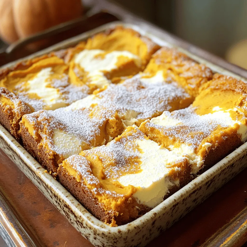 For this tasty coffee cake, gather the following items: - 1 cup all-purpose flour - 1 teaspoon baking powder - 1 teaspoon baking soda - 1/2 teaspoon salt - 1 teaspoon ground cinnamon - 1/2 teaspoon ground nutmeg - 1/4 teaspoon ground cloves - 1/2 cup pumpkin puree - 1/2 cup granulated sugar - 1/4 cup brown sugar, packed - 2 large eggs - 1/3 cup vegetable oil - 1 teaspoon vanilla extract To make the creamy filling, you will need these ingredients: - 8 oz cream cheese, softened - 1/4 cup granulated sugar - 1 large egg - 1 teaspoon vanilla extract You can swap some ingredients if needed: - Use whole wheat flour instead of all-purpose flour for a healthier option. - Replace granulated sugar with coconut sugar for a lower-glycemic option. - Swap pumpkin puree with applesauce for a different flavor. - Use Greek yogurt instead of cream cheese for a lighter filling. These simple swaps let you customize the recipe. Enjoy making this tasty pumpkin cream cheese coffee cake! First, preheat your oven to 350°F (175°C). This step is key for even baking. Next, grease and flour a 9-inch square baking pan. You can also line it with parchment paper for easy removal. In a medium bowl, whisk together the dry ingredients: - 1 cup all-purpose flour - 1 teaspoon baking powder - 1 teaspoon baking soda - 1/2 teaspoon salt - 1 teaspoon ground cinnamon - 1/2 teaspoon ground nutmeg - 1/4 teaspoon ground cloves Set this bowl aside. In a large bowl, mix together the wet ingredients. Combine: - 1/2 cup pumpkin puree - 1/2 cup granulated sugar - 1/4 cup brown sugar - 2 large eggs - 1/3 cup vegetable oil - 1 teaspoon vanilla extract Stir until the mix looks smooth. Then, gradually add the dry mix to the wet mix. Stir gently until just combined. Be careful not to overmix, as this will keep the cake light and fluffy. In a separate bowl, prepare the cream cheese filling. Beat together: - 8 oz cream cheese, softened - 1/4 cup granulated sugar - 1 large egg - 1 teaspoon vanilla extract Mix until the filling is creamy and smooth. This filling adds a rich taste to the cake. Now it's time to layer the cake. Pour half of the pumpkin batter into your prepared pan. Spread it evenly. Next, add dollops of the cream cheese filling on top of this batter. Then, spoon the remaining pumpkin batter over the cream cheese layer. Use a knife or skewer to swirl the cream cheese filling into the pumpkin batter. This creates a beautiful marbled effect that looks great and tastes even better. Place the pan in your preheated oven. Bake for 40-45 minutes. Check if it is done by inserting a toothpick into the center. It should come out clean. Once baked, allow the cake to cool in the pan for about 15 minutes. After that, transfer it to a wire rack to cool completely. This cooling process helps the cake set up nicely. To keep your coffee cake moist, use fresh ingredients. Old flour or expired baking powder can ruin your cake. Mix the wet and dry ingredients just until combined. Overmixing can make your cake dense. Adding pumpkin puree also helps keep it moist and adds flavor. Make sure your cream cheese is soft. This helps it mix smoothly. Beat it well with sugar and egg until creamy. If it's too lumpy, the filling won't spread well. Use a spoon to drop dollops of the filling. Swirl it gently into the batter for a nice marbled look. You need a 9-inch square baking pan for this recipe. A mixing bowl and whisk will help you combine the ingredients. A spatula is great for spreading the batter evenly. Lastly, a toothpick is essential to check if your cake is done. All these tools make baking easy and fun! {{image_2}} To make a gluten-free version, swap all-purpose flour for gluten-free flour. Look for a blend that works well in baking. This change keeps the texture light and fluffy. You can enjoy pumpkin cream cheese coffee cake without worry. Just ensure you check that all other ingredients are gluten-free too. You can make your coffee cake unique by adding extra spices. Try adding ginger or allspice for a warm kick. A teaspoon of vanilla can enhance the flavor too. If you love nuts, chop some walnuts or pecans and mix them into the batter. This adds a nice crunch and depth to the cake. While the cream cheese filling is delicious, you can switch it up. Top the cake with a simple glaze made from powdered sugar and milk. You can add a splash of vanilla or maple syrup for a twist. For a festive touch, sprinkle some toasted coconut or chopped nuts on top. Each option gives a new flavor and look to your cake. To keep your pumpkin cream cheese coffee cake fresh, store it in an airtight container. This will help prevent it from drying out. You can keep it at room temperature for up to two days. If you want it to last longer, place it in the fridge. It will stay good there for about a week. If you have more cake than you can eat, freezing is a great option. First, let the cake cool completely. Then, cut it into squares. Wrap each square tightly in plastic wrap. Place the wrapped pieces in a freezer-safe bag or container. This method will keep the cake fresh for up to three months. When you want a piece, just thaw it in the fridge overnight. To enjoy your coffee cake warm, you can reheat it easily. Preheat your oven to 350°F (175°C). Place a piece of cake on a baking sheet. Heat it for about 10-15 minutes. If you prefer the microwave, heat it in 10-second bursts until warm. This keeps the cake soft and tasty. Enjoying it warm brings out the flavors even more! Yes, you can make this coffee cake ahead of time. Bake it and let it cool. Once cool, cover it well. Store it in the fridge for up to three days. This way, the flavors get even better! To check if the cake is done, use a toothpick. Insert it in the center. If it comes out clean, your cake is ready! If it has wet batter, it needs more time. Bake for an extra five minutes and check again. If you can’t find pumpkin puree, you can use other options. Mashed banana or applesauce works well. You can also use sweet potato puree. Each substitute will change the flavor a bit, but it’s still yummy! Yes, you can use different fillings. Cream cheese is classic, but chocolate chips or fruit preserves can be great too. Just make sure the filling is thick enough to swirl in. You learned how to make a delicious Pumpkin Cream Cheese Coffee Cake. We covered key ingredients, the step-by-step process, and helpful tips. Variations let you customize this cake to your taste. Remember to store leftovers properly for the best flavor. Baking is fun, and this recipe is easy to follow. Enjoy your creation and share it with friends. Happy baking!