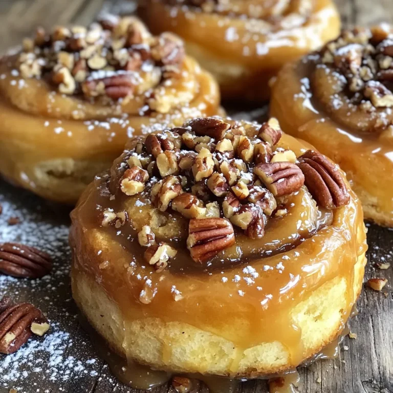 To make your caramel pecan sticky buns, gather these simple ingredients: - 4 cups all-purpose flour - 1 packet (2 ¼ teaspoons) active dry yeast - ½ cup whole milk, warmed - ½ cup granulated sugar - ¼ cup unsalted butter, melted - 2 large eggs - 1 teaspoon salt - 1 teaspoon ground cinnamon - 1 cup chopped pecans - 1 cup brown sugar, packed - ½ cup unsalted butter (for the glaze) - ½ cup light corn syrup - 1 teaspoon vanilla extract These ingredients work together to create soft, sweet buns. The flour gives structure, while the yeast helps them rise. Warm milk activates the yeast, and sugar adds sweetness. Butter makes them rich, and eggs add moisture. Salt balances the flavors, while cinnamon adds warmth. Chopped pecans add crunch and flavor. Brown sugar makes the glaze sticky and sweet. Light corn syrup keeps the glaze smooth, and vanilla enhances the taste. Together, they create a delicious treat you will love. First, warm the milk. Combine the warm milk, yeast, and a tablespoon of sugar in a bowl. Let it sit until it gets frothy. This will take about five minutes. Frothy yeast means it is ready to work its magic. In a large bowl, mix the flour, remaining sugar, salt, and cinnamon. Then, add the melted butter, eggs, and the frothy yeast mixture. Stir until it forms a dough. Knead this dough on a floured surface for about eight to ten minutes. You want it smooth and elastic. After kneading, place it in a greased bowl. Cover it with a damp cloth and let it rise for one hour or until it doubles in size. After the dough has risen, punch it down gently. Roll it out on a floured surface into a rectangle about a quarter of an inch thick. Spread about two tablespoons of softened butter over the surface. Next, sprinkle the brown sugar, chopped pecans, and a bit of cinnamon evenly across the dough. This will make it sweet and nutty. Starting from one edge, tightly roll the dough into a log shape. Cut the log into twelve equal pieces. Place these pieces in a greased 9x13 inch baking pan. Cover the pan with plastic wrap and let them rise for about thirty minutes. They will puff up nicely. In a saucepan, melt half a cup of butter over medium heat. Keep an eye on it, as you want it to turn golden brown. This takes about five to seven minutes. Once it’s golden, add the corn syrup and vanilla extract. Stir well to combine. Pour this glaze evenly over the rolls in the pan. Preheat your oven to 350°F (175°C). Bake the buns for twenty-five to thirty minutes. They should be golden brown when done. The smell will fill your kitchen and make everyone excited to eat! Check your dough for elasticity and smoothness. When you knead, it should stretch without breaking. If it feels too sticky, add a little flour. If it’s too dry, add a bit of warm milk. Let it rise in a warm place. It should double in size. This helps create soft, fluffy buns. To get the best brown butter flavor, watch your butter closely. Melt it on medium heat. Stir often until it turns a golden brown. This takes about 5-7 minutes. The nutty aroma means it’s ready. Remove it from heat and add corn syrup and vanilla. This adds sweetness and a rich flavor. Serve these sticky buns warm for the best taste. Garnish with extra chopped pecans. A light dusting of powdered sugar adds a nice touch. You can also drizzle any leftover glaze over the top. This makes each bite extra special. Enjoy them as a sweet breakfast treat or a delightful dessert. {{image_2}} You can swap pecans for walnuts or almonds. Walnuts give a strong flavor, while almonds add a nice crunch. Both nuts work well with the sweet glaze. Try toasting the nuts first to boost their flavor. You can even mix nuts for a unique taste. Want to change things up? Try adding chocolate chips or dried fruit. Chocolate chips melt into the buns and create a rich taste. Dried fruit, like raisins or cranberries, adds a sweet and chewy texture. Adjust the amount based on your taste. These changes make the sticky buns fun and new every time. If you're looking for a healthier option, consider using whole wheat flour. This flour adds fiber and nutrients. You can also try sugar alternatives like honey or maple syrup. These substitutes can lower the sugar content while still keeping the buns sweet. Experiment with these options to find what you enjoy the most. To keep your caramel pecan sticky buns fresh, store them properly. First, let the buns cool completely. Then, wrap them in plastic wrap or place them in an airtight container. This helps prevent them from drying out. You can refrigerate the buns for up to four days. If you want to store them longer, freezing is the best option. Place the wrapped buns in a freezer bag. This way, they can last up to three months. For the best taste, warm the sticky buns before serving. Preheat your oven to 350°F (175°C). Place the buns in an oven-safe dish and cover them with foil. Heat for about 10-15 minutes. This warms them through without drying them out. If you prefer a quicker option, microwave them. Heat one bun on high for about 20-30 seconds. This will give you that fresh-baked taste quickly. When stored correctly, caramel pecan sticky buns can last for about four days in the fridge. If frozen, they can hold their quality for three months. Remember, the flavor and texture are best when enjoyed fresh. So, try to eat them within the first few days for a delightful experience! Yes, you can make the dough ahead of time. This helps save time on baking day. After kneading, place the dough in a greased bowl. Cover it and chill in the fridge. This slows down the rise. You can use it the next day. Just let it come to room temperature before rolling it out. Yes, you can use instant yeast. The main difference is that instant yeast does not need proofing. Just mix it with your dry ingredients. You can skip the waiting time. This speeds up your process. However, the flavor may be a bit different, so keep that in mind. If your buns are too dry, try a few fixes. First, check your oven temperature. Too hot can dry them out. Next, make sure you knead just enough. Over-kneading can make them tough. Also, brush melted butter on top after baking. This adds moisture and flavor. If they are still dry, serve them with a warm glaze. Yes, you can use other types of milk. Almond milk or oat milk work well. They can add different flavors too. Just make sure they are warm before mixing. This helps with yeast activation. Avoid using milk that is too cold or too hot. This will ensure your dough rises well. You learned how to make delicious sticky buns from scratch. We discussed the key ingredients, step-by-step instructions, and clever tips. You can also try variations or explore storage options. The joy of baking lies in creativity and sharing. Baking these buns is a fun experience. Enjoy your sticky buns fresh or as a tasty treat later.