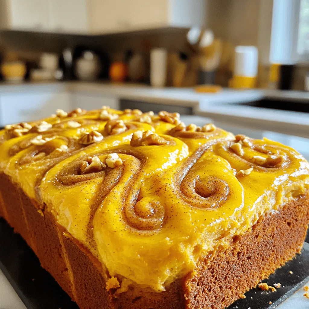 For the best Bakery Style Cinnamon Swirl Pumpkin Bread, you need some key ingredients. Each one adds flavor and texture. Here’s what you will need: - 1 ½ cups pumpkin puree (canned or fresh) - ½ cup vegetable oil - 1 cup brown sugar, packed - ½ cup granulated sugar - 3 large eggs - 1 teaspoon vanilla extract - 2 cups all-purpose flour - 1 teaspoon baking soda - ½ teaspoon baking powder - 1 teaspoon salt - 2 teaspoons cinnamon - ½ teaspoon nutmeg - ½ teaspoon ginger - ½ cup chopped walnuts or pecans (optional) - ½ cup cinnamon-sugar mixture (to swirl) (¼ cup granulated sugar + 2 tablespoons ground cinnamon) Each ingredient plays a role. The pumpkin puree gives moisture and flavor. The oils keep it soft. The sugars sweeten and help with browning. Using fresh pumpkin adds a nice touch, but canned is quick and easy. The eggs bind the mix and add richness. Don't skip the spices! They add warmth and depth. The cinnamon-sugar swirl makes this bread stand out. If you like nuts, toss some in for crunch. Each bite will be packed with deliciousness. Enjoy the process of gathering your ingredients and the joy they will bring in the kitchen! Start by preheating your oven to 350°F (175°C). This step is key for even baking. Grease and flour a 9x5-inch loaf pan, or use parchment paper for easy removal. In a large bowl, mix the pumpkin puree, vegetable oil, brown sugar, and granulated sugar. Stir until smooth. Next, add in three eggs one by one. Mix well after each egg. Finally, stir in the vanilla extract for a hint of sweetness. In a different bowl, whisk together the all-purpose flour, baking soda, baking powder, salt, cinnamon, nutmeg, and ginger. Make sure everything is evenly mixed to avoid clumps in your bread. Slowly add the dry ingredients to the wet mixture. Stir gently until just combined. Be careful not to overmix, as this can make your bread tough. If you want, fold in the chopped nuts for added crunch and flavor. Pour half of the batter into the loaf pan. Sprinkle half of the cinnamon-sugar mixture evenly over the top. Then, add the rest of the batter and spread it out. Finally, sprinkle the remaining cinnamon-sugar on top. Use a butter knife to swirl it gently, creating a beautiful marbled look. Place your loaf in the preheated oven. Bake for 60-70 minutes. Check for doneness by inserting a toothpick into the center. If it comes out clean, your bread is ready. If not, let it bake a bit longer. Always check around the 50-minute mark to prevent overbaking. Use pumpkin puree from a can for ease. It is smooth and rich. If you prefer fresh, roast the pumpkin first. This adds a natural sweetness. Make sure to blend it well to avoid lumps. The right puree makes a big difference in flavor. Mix the batter gently. Overmixing adds air and can make the bread tough. Stir until just combined. It’s okay if there are a few small lumps. This keeps the bread soft and moist. Remember, gentle hands lead to better bread. Preheat your oven to 350°F (175°C). Baking at the right temperature is key. An oven thermometer can help ensure accuracy. Place the loaf pan in the center of the oven. This allows even heat distribution. To make the best swirl, use a butter knife. After layering the cinnamon-sugar mix, gently swirl it in. Don’t overdo it; you want a pretty marbled look. Too much mixing can blend it all away. A perfect swirl adds a nice touch to each slice. {{image_2}} You can make this bread even better by adding nuts. I like using walnuts or pecans. They add crunch and flavor. Simply chop them up and fold them into the batter. Use about half a cup for a nice texture. If you want a different taste, try almonds or hazelnuts too. Want a kick of flavor? You can change the spices. Add more cinnamon for warmth. If you like it spicy, increase the nutmeg or ginger. You can also try cardamom for a unique twist. Play with the amounts until you find what you love best. If you want a healthier option, use different sweeteners. Maple syrup or honey can replace sugar. Use about three-quarters of a cup if you're swapping. Just keep in mind that this might change the texture of your bread. Need a gluten-free version? It's easy! Substitute all-purpose flour with a gluten-free blend. Many brands work well in baking. Make sure to check that the blend contains xanthan gum for the right texture. This way, everyone can enjoy your delicious pumpkin bread! To keep your cinnamon swirl pumpkin bread fresh, store it in an airtight container. This will help keep moisture in and prevent the bread from drying out. You can also wrap it tightly in plastic wrap before placing it in the container. Store it at room temperature for up to three days. If you want to keep it longer, consider the freezer. If you have leftover pumpkin bread, you can easily reheat it. Preheat your oven to 350°F (175°C). Place the slices on a baking sheet. Heat for about 10-15 minutes, until warm. You can also use a microwave. Heat for 10-15 seconds for one slice. Avoid overcooking, as this can make the bread tough. To freeze your pumpkin bread, let it cool completely first. Wrap each loaf tightly in plastic wrap, then in aluminum foil. This double wrapping prevents freezer burn. You can freeze it for up to three months. To thaw, place it in the fridge overnight. For quick thawing, leave it at room temperature for a few hours. Enjoy it fresh as if it just came out of the oven! Yes, you can use fresh pumpkin. Just cook and puree it first. Make sure it is smooth. Fresh pumpkin can add a nice flavor. However, the moisture content may vary. Adjust the liquid in your recipe if needed. You can use melted butter or coconut oil instead of vegetable oil. Both will add great flavor. If you want a lighter taste, try applesauce. This will change the texture slightly but keeps it moist. Check for doneness with a toothpick. Insert it into the center of the bread. If it comes out clean, the bread is done. You can also gently press the top. It should spring back. Yes, chocolate chips work well in this bread. You can also use dried fruit or seeds. Just fold them into the batter gently. Keep in mind that this will change the flavor and texture a bit. The bread stays fresh for about 3 to 5 days at room temperature. Store it in an airtight container. You can also freeze it for up to 3 months. Just wrap it tightly in plastic wrap and foil. We explored how to make a delicious pumpkin bread. We covered ingredients, step-by-step instructions, and handy tips. You can try variations to suit your taste, like adding nuts or sweeteners. Lastly, we discussed how to store and reheat this yummy bread. With these details, I hope you feel ready to bake and enjoy your pumpkin bread. Remember, the best part is sharing it with others. Happy baking!