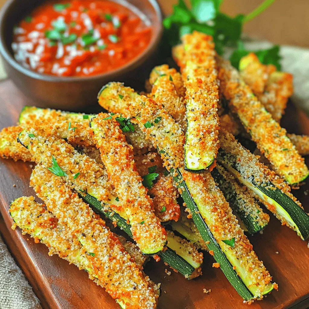 To make Air Fryer Parmesan Zucchini Fries, you need just a few key ingredients. Here’s the list: - 2 medium zucchinis, cut into thick matchsticks - 1 cup breadcrumbs (use panko for extra crunch) - ½ cup grated Parmesan cheese - 1 teaspoon garlic powder - 1 teaspoon Italian seasoning - Salt and pepper to taste - 2 large eggs, beaten - Cooking spray These ingredients create a tasty and crispy treat. Fresh zucchinis give a nice crunch. Panko breadcrumbs add extra texture, while Parmesan cheese gives a rich flavor. Garlic powder and Italian seasoning boost the taste. The eggs help the coating stick well. Salt and pepper are essential for seasoning. Cooking spray keeps everything from sticking and aids in crisping. Each ingredient plays a role in making this dish a delicious delight! First, set your air fryer to 400°F (200°C). Let it heat for about 3 to 5 minutes. This step helps the fries cook evenly and get crispy. Take 2 medium zucchinis and cut them into thick matchsticks. Make sure they are all similar in size. This will help them cook at the same rate. In a shallow bowl, mix 1 cup of breadcrumbs, ½ cup of grated Parmesan cheese, 1 teaspoon of garlic powder, 1 teaspoon of Italian seasoning, and a pinch of salt and pepper. In another bowl, beat 2 large eggs. Dip each zucchini stick into the egg, letting the excess drip off. Then roll it in the breadcrumb mix, pressing lightly to coat well. Spray the air fryer basket lightly with cooking spray. Place the zucchini fries in a single layer. Do not overlap them; this ensures they crisp up nicely. Lightly spray the tops of the fries with more cooking spray. Cook for 8 to 10 minutes, flipping halfway through. They should turn golden brown and crispy. Once cooked, take them out and let them cool for a minute. Serve your zucchini fries on a platter. Pair them with marinara sauce or ranch dressing for a tasty dip. Garnish with fresh parsley for a pop of color! To make your zucchini fries super crispy, use panko breadcrumbs. They add a nice crunch. Be sure to spray the fries with cooking spray before cooking. This helps them brown and crisp up well. Flip them halfway through cooking for even crispiness. I recommend using medium zucchinis for this recipe. They have the right size and moisture. Look for firm zucchinis with smooth skin. Avoid ones that are soft or have blemishes. Fresh zucchinis give the best taste and texture. If you have leftover fries, store them in an airtight container. Place a paper towel inside to absorb excess moisture. Keep them in the fridge for up to two days. When ready to eat, reheat in the air fryer for 3-5 minutes to regain their crispiness. {{image_2}} Want a kick? Add red pepper flakes to the breadcrumb mix. Start with 1 teaspoon. Adjust based on your spice preference. The heat will balance well with the cheese and zucchini. You’ll enjoy a new depth of flavor that’s exciting. While Parmesan is tasty, you can switch it up. Try using Pecorino Romano for a sharper taste. Or, go with mozzarella for a melty surprise. Mix cheeses too for a unique twist. Feel free to experiment with what you have on hand. You can make these fries vegan without losing flavor. Replace eggs with a mix of ground flaxseed and water. Use plant-based cheese to keep it rich. This way, everyone can enjoy crispy zucchini fries, regardless of diet. To keep your Air Fryer Parmesan Zucchini Fries fresh, store them in an airtight container. Place them in the fridge for up to three days. Make sure they cool down first. This helps keep their texture. If you want to enjoy them later, refrigerate them right after cooking. You can freeze these fries for later use. First, let them cool completely. Then, arrange them in a single layer on a baking sheet. Place the sheet in the freezer for about an hour. Once frozen, transfer the fries to a freezer bag. They can last up to three months in the freezer. When you’re ready, cook them straight from the freezer. Just add a few extra minutes to the cooking time. To reheat the fries, use the air fryer for the best results. Preheat the air fryer to 400°F (200°C). Arrange the fries in a single layer in the basket. Heat them for about 5-7 minutes. This will help restore their crispiness. You can also use an oven as an alternative. Place them on a baking sheet and heat at 375°F (190°C) for about 10 minutes. Enjoy your crispy snacks just like they were freshly made! Yes, you can use regular breadcrumbs. However, panko gives a crispier texture. Panko is lighter and crunchier. If you prefer a softer fry, regular breadcrumbs work. To keep your zucchini fries crispy, follow these tips: - Remove excess moisture: Pat the zucchini dry with a towel. - Don’t overcrowd the air fryer: Arrange fries in a single layer. - Use enough cooking spray: A light spray helps them crisp up. Zucchini fries taste great with many dips. Here are some favorites: - Marinara sauce - Ranch dressing - Garlic aioli - Spicy ketchup You can store leftover zucchini fries in the fridge for up to 2 days. Place them in an airtight container. Reheat in the air fryer for best results. This keeps them crispy. Yes, you can bake zucchini fries! Preheat your oven to 425°F (220°C). Arrange fries on a baking sheet. Bake for about 20-25 minutes, flipping halfway. The texture will be less crispy but still delicious. You now know how to make air fryer zucchini fries. We covered the key ingredients, step-by-step instructions, and tips for the best results. Don’t forget the flavor twists and storage options to keep your fries tasty. With these easy steps, you can impress anyone with a healthy snack. Embrace your creativity by trying different spices or cheeses. Enjoy your cooking and make these fries part of your meal routine!