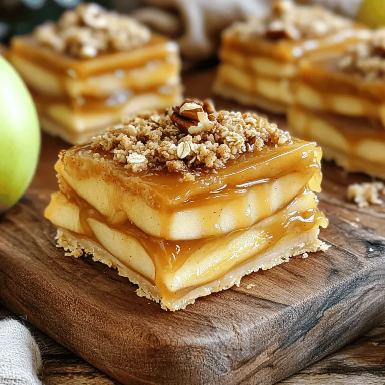To make these tasty bars, you need a few key ingredients. Here's what you'll need: - 2 cups all-purpose flour - 1/2 cup granulated sugar - 1/2 teaspoon salt - 1 teaspoon baking powder - 1/2 cup cold unsalted butter, cubed - 1 large egg - 1 teaspoon vanilla extract - 4 medium apples, peeled, cored, and thinly sliced (preferably Granny Smith) - 1 teaspoon ground cinnamon - 1/4 teaspoon ground nutmeg - 1 cup caramel sauce (store-bought or homemade) - 1/2 cup oats - 1/2 cup chopped walnuts (optional) These ingredients work together to create a sweet and gooey experience. The apples provide a tart crunch, while the buttery crust holds everything together. You can add optional ingredients to enhance the taste. Consider using: - Chopped walnuts for texture and crunch - Pecans for a different nutty flavor - Brown sugar instead of white sugar for a deeper sweetness - A splash of lemon juice to brighten the apple flavor These extras make the bars even more special and fun. If you have dietary needs, you can make some easy swaps. Here are a few ideas: - Use gluten-free flour to make the bars gluten-free. - Replace the butter with coconut oil for a dairy-free option. - Use maple syrup instead of sugar for a healthier sweetener. These substitutions allow everyone to enjoy these delicious bars, no matter their diet. Start by preheating your oven to 350°F (175°C). Grab a 9x13 inch baking pan. Line it with parchment paper. Make sure to leave some paper hanging over the edges. This helps you lift the bars out later. In a large bowl, mix together 2 cups of flour, 1/2 cup of granulated sugar, 1/2 teaspoon of salt, and 1 teaspoon of baking powder. Next, add 1/2 cup of cold, cubed butter. Use a pastry cutter or your fingers to blend until it looks like coarse crumbs. In a separate bowl, whisk 1 large egg and 1 teaspoon of vanilla extract. Pour this into the crumb mixture and stir until just combined. Press about two-thirds of the crust mixture into the bottom of your pan. This forms the base. In another bowl, toss 4 sliced apples with 1 teaspoon of ground cinnamon and 1/4 teaspoon of ground nutmeg. Spread these apples evenly over the crust. Drizzle half of the caramel sauce on top of the apples. In the same bowl from the crust, mix in 1/2 cup of oats and 1/2 cup of chopped walnuts if you want. Sprinkle this over the caramel apple layer. Finally, crumble the rest of the crust mixture on top. Place the pan in your preheated oven and bake for 30-35 minutes. Look for a golden brown top and tender apples. Once baked, let the bars cool in the pan for about 10 minutes. Drizzle the remaining caramel sauce over the cooled bars. Allow them to cool completely before lifting them out. Use the parchment paper to pull the bars out and cut them into squares. Enjoy! To get the best crust for your caramel apple pie bars, keep your butter cold. Cold butter makes the crust flaky and tender. Use a pastry cutter or your fingers to mix the butter into the dry ingredients quickly. You want a crumbly texture, not a smooth dough. Press the mixture firmly into the pan, but don’t overdo it. A light touch keeps it tender. For baking, I love using Granny Smith apples. They are tart and hold their shape well. You can also mix in Honeycrisp or Fuji apples for added sweetness. Aim for a balance of sweet and tart flavors. This mix creates a more complex taste in your bars. Always peel and core your apples for the best texture. When drizzling caramel, warm it slightly. Warm caramel flows easier and gives a nice look. Use a spoon or a squeeze bottle for better control. Start from the edges and work your way to the center. This helps cover all the apples evenly. For extra flair, you can sprinkle a bit of sea salt on top after drizzling. It adds a rich flavor contrast to the sweetness. {{image_2}} You can easily make gluten-free caramel apple pie bars. Replace the all-purpose flour with a gluten-free flour blend. Look for a blend that works well in baking. This will keep the texture light and delicious. The rest of the recipe stays the same. Don’t worry; your bars will still taste amazing! Adding nuts or dried fruits can bring new flavors to your bars. Consider using chopped walnuts or pecans for a nice crunch. You can also mix in dried cranberries or raisins. Just sprinkle them over the apple layer before adding the caramel. This extra touch adds texture and richness. To make your caramel apple pie bars even more special, try adding spices or zests. A bit of ginger or cloves can give a warm flavor. You can also add lemon or orange zest for a bright taste. Just mix these into the apple filling before baking. This small change makes a big difference! To keep your caramel apple pie bars fresh, store them in an airtight container. You can stack the bars with parchment paper between them. This prevents sticking. Keep them at room temperature for up to three days. If you want them to last longer, try refrigerating them. They will stay good for about a week in the fridge. Freezing is a great way to save some bars for later. Let the bars cool completely first. Then, wrap each bar in plastic wrap. Place the wrapped bars in a freezer bag or container. They can stay frozen for up to three months. When you crave a sweet treat, just thaw them in the fridge overnight. Reheating your caramel apple pie bars can bring back that fresh-baked taste. Preheat your oven to 350°F (175°C). Place the bars on a baking sheet and cover them with foil. Heat for about 10-15 minutes. You can also use the microwave for a quick fix. Heat a bar for about 15-20 seconds. Just watch that it doesn’t get too hot! Yes, you can make the crust ahead of time. Just prepare the crust mixture and store it in the fridge for up to two days. When you are ready to bake, take it out and press it into your pan. This helps save time when you want to whip up these caramel apple pie bars. The bars are done when the top turns golden brown. You can also check if the apples are tender by poking them with a fork. If they’re soft, the bars are ready. Keep an eye on them during the last few minutes to avoid over-baking. Absolutely! Homemade caramel sauce adds a special touch. Just make sure it's thick enough so it doesn’t soak the crust. If your sauce is thin, let it cool a bit before drizzling over the apples. This way, your bars will stay nice and firm. Caramel apple pie bars are easy to make and packed with flavor. We covered key ingredients, and how to prepare and bake them. I shared tips for a perfect crust and which apples work best. You can even customize these bars for different diets or tastes. Keep these bars stored well, and enjoy their deliciousness later. Try these steps, and you’ll impress everyone with your baking skills. Enjoy your journey in making these tasty treats!