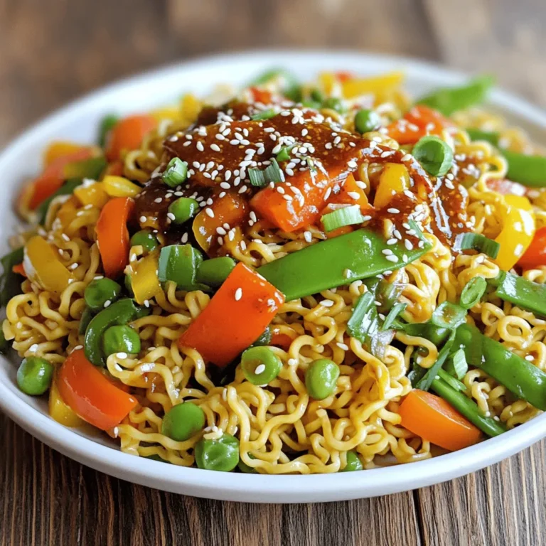 - 2 packets instant ramen noodles - 2 tablespoons chili crisp sauce (or to taste) - 1 tablespoon soy sauce - 1 tablespoon sesame oil - 1 cup mixed vegetables (such as bell peppers, carrots, and snow peas) You need to start with some main ingredients. Instant ramen noodles are quick and easy. The chili crisp sauce adds a spicy kick. Soy sauce gives depth, while sesame oil brings nuttiness. Mixed vegetables add color and crunch. - 2 cloves garlic, minced - 1 inch ginger, minced - 2 green onions, sliced - Salt and pepper to taste Aromatics make your dish smell great. Garlic and ginger are key for flavor. Green onions add a fresh taste. Don’t forget salt and pepper. They help bring all the flavors together. - Sesame seeds Garnishing adds a nice touch to your dish. Sesame seeds give a bit of crunch. They also look nice on top of your stir fry. - Start by cooking the instant ramen noodles according to the package instructions. - Drain the noodles and toss them with a little sesame oil to keep them from sticking. This simple step adds a nice flavor and helps the noodles stay separate. - In a large non-stick skillet or wok, heat the vegetable oil over medium-high heat. - Once the oil is hot, add the minced garlic and ginger. Stir-fry them for about 30 seconds until they smell great. This step adds a burst of flavor to your dish. - Next, add the mixed vegetables to the pan. Stir-fry them for about 3 to 4 minutes. You want them to be tender but still crisp. - Push the vegetables to the side of the skillet, then add the cooked noodles to the center. - Pour the soy sauce and chili crisp sauce over the noodles. Mix everything well and cook for another 2 to 3 minutes. This helps all the flavors blend together. - Stir in the sliced green onions. Season your dish with salt and pepper to taste. - Stir-fry for one more minute to make sure everything is well combined. - Remove the skillet from the heat and transfer your stir fry to a serving plate. - Finally, garnish your dish with sesame seeds before serving. This adds a nice crunch and a pop of flavor. To make your Minute Chili Crisp Ramen Stir Fry shine, adjust the chili crisp sauce to match your spice level. If you love heat, add more. For a milder taste, use less. Fresh vegetables add a great crunch. I love using bell peppers, carrots, and snow peas. They pair well with the noodles and sauces. When stir-frying, keep the heat high. This helps veggies stay crisp and colorful. Use a non-stick skillet or wok for best results. My go-to oils are vegetable oil and sesame oil. They both enhance flavor and help with cooking. To make this dish a full meal, pair it with proteins. Chicken, shrimp, or tofu all work great. You can also add extra garnishes. Try sliced green onions or sesame seeds to make it look fancy. Enjoy your colorful and tasty creation! {{image_2}} You can easily add protein to your Minute Chili Crisp Ramen Stir Fry. Here are some great options: - Chicken: Cook diced chicken in the skillet before adding vegetables. - Shrimp: Use peeled shrimp for a quick and tasty addition. - Tofu: For a vegan choice, add cubed tofu for protein. Each option brings a unique flavor and texture to the dish. Cook the protein first, then follow the rest of the stir fry steps. If you want a vegetarian or vegan option, it's simple! Replace animal products with plant-based ingredients. Use: - Plant-based sauces: Try soy sauce or tamari for a gluten-free option. - Vegetables: Load up on your favorites like broccoli, zucchini, or mushrooms. These swaps keep the dish tasty and satisfying. You can mix and match veggies to suit your taste! To enhance the flavors in your stir fry, consider these tips: - Different sauces: Add hoisin, oyster, or teriyaki sauce for more depth. - Herbs and spices: Experiment with basil, cilantro, or chili flakes for added zest. These additions offer new tastes and can transform your dish. Don't be afraid to get creative and find your favorite combinations! To keep your Minute Chili Crisp Ramen Stir Fry fresh, store it in an airtight container. Glass or plastic containers work well. Make sure the stir fry is cool before sealing the container. This helps prevent condensation, which can make the dish soggy. Store it in the fridge for up to three days. When you're ready to enjoy leftovers, use the stove or microwave. For the stove, heat a skillet over medium heat. Add a splash of water or oil to keep it moist. Stir for about 5 minutes until hot. In the microwave, place the stir fry in a bowl. Cover it loosely with a lid or plastic wrap. Heat for 1-2 minutes, stirring halfway through. You can freeze the stir fry if you want to save it longer. Place it in a freezer-safe container. Make sure to leave some space for expansion. It stays good for up to three months. When you're ready to eat, thaw it overnight in the fridge. Reheat it on the stove or microwave, just like the leftovers. Chili crisp is a spicy sauce made with chili oil, crispy garlic, and spices. It adds heat and texture to dishes. You can use it in stir fries, noodles, or as a topping for rice. It brings a tasty crunch and a kick of flavor to your meals. Yes, you can make this dish gluten-free. Use gluten-free instant ramen noodles. For soy sauce, swap it with tamari, which is gluten-free. Check all ingredient labels to ensure they meet your needs. To reduce spice, use less chili crisp sauce. You can also add more vegetables or a splash of coconut milk. Mixing in some sugar can balance the heat, too. Taste as you go to find your perfect level of spice. You can use many vegetables in this stir fry. Bell peppers, carrots, and snow peas are great choices. Other options include broccoli, zucchini, or bok choy. Feel free to mix and match based on what you have! This dish combines easy steps with bold flavors using simple ingredients. You learned how to cook ramen noodles and stir-fry mixed veggies. Adding aromatics like garlic and ginger brings out the taste. Remember to adjust spice levels to fit your preference. For extra crunch, use fresh veggies or pair with proteins. There are many ways to personalize this recipe, so don’t hesitate to experiment. Enjoy your tasty creation and share it with others!