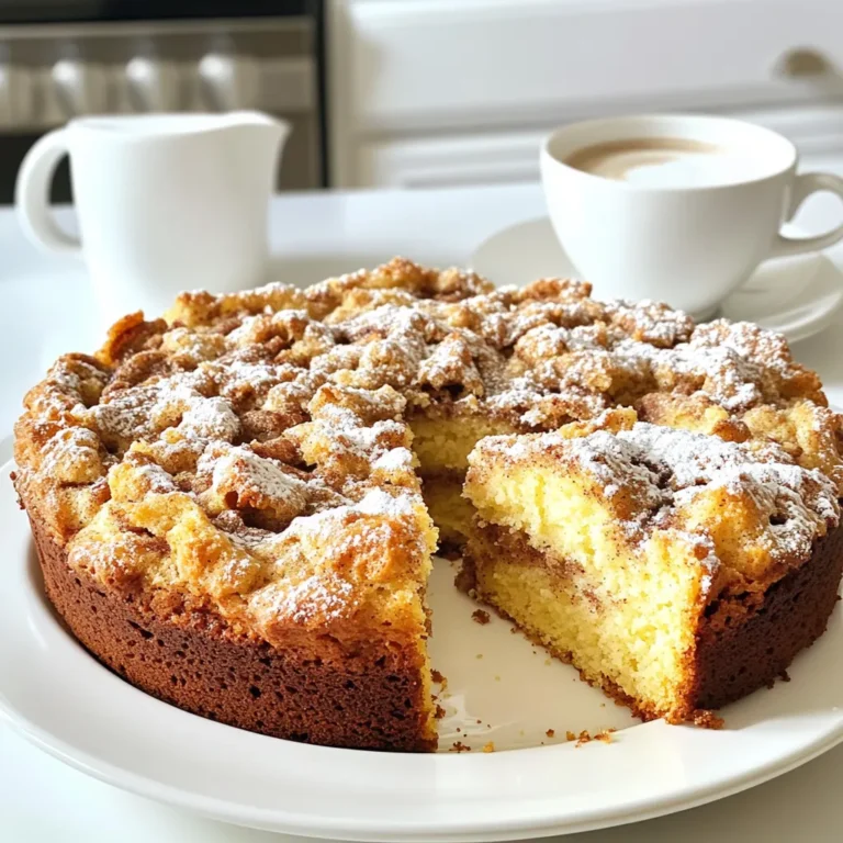 To make a delicious cinnamon streusel coffee cake, you need these key ingredients: - 2 cups all-purpose flour - 1 cup granulated sugar - 1/2 cup unsalted butter, softened - 3/4 cup milk - 2 large eggs - 1 tablespoon baking powder - 1 teaspoon vanilla extract - 1 teaspoon ground cinnamon - 1/2 teaspoon salt These ingredients work together to create a moist and tasty cake. The butter and sugar blend brings sweetness and richness. The eggs help bind everything, while the baking powder makes the cake rise. The topping adds a crunchy, sweet layer. You will need: - 1/2 cup all-purpose flour - 1/2 cup brown sugar, packed - 1/4 cup unsalted butter, melted - 1 tablespoon ground cinnamon This topping creates a delightful contrast to the soft cake. The brown sugar adds a deep flavor, and the cinnamon gives it that warm taste. You can easily swap some ingredients if needed: - Use whole wheat flour for a nuttier flavor. - Replace granulated sugar with coconut sugar for a lower glycemic option. - Swap milk for almond or oat milk if you want a dairy-free cake. - Try using applesauce instead of butter for a lighter option. These swaps can change the taste and texture. Feel free to experiment while keeping the core flavors intact. First, preheat your oven to 350°F (175°C). This step is key for even baking. While the oven heats, grab a 9-inch round cake pan or a 9x13 inch baking dish. Grease it well with butter. Then, dust it with flour. This helps the cake come out easily after baking. In a large bowl, add the softened butter and granulated sugar. Mix them together. You want this mixture to be light and fluffy. Next, add the eggs one at a time. Stir in the vanilla extract. In another bowl, whisk together the flour, baking powder, ground cinnamon, and salt. Gradually add this dry mix into the wet mix. Alternate this with the milk. Mix just until everything combines. For the streusel, use a small bowl. Mix together the flour, brown sugar, melted butter, and ground cinnamon. Use a fork to blend until it looks crumbly. This will give your coffee cake a nice texture and sweet flavor. Pour half of the batter into your prepared pan. Then, sprinkle half of the streusel topping over this layer. Add the rest of the batter on top. Finally, sprinkle the remaining streusel over the last layer. Bake in the oven for 30-35 minutes. Check if it’s done by inserting a toothpick into the center. If it comes out clean, your cake is ready! Let it cool for 10 minutes in the pan. After that, move it to a wire rack to cool completely. Enjoy the lovely smell of your fresh coffee cake! To keep your coffee cake moist, use fresh ingredients. Old flour or eggs can dry it out. Mix the batter just until combined. Over-mixing makes the cake dense. Adding a bit of extra milk can also help. If you want a richer taste, use whole milk instead of low-fat. Bake the cake until a toothpick comes out clean but don't overbake. For a crumbly streusel, use cold butter. Cut it into small pieces before mixing. This keeps the streusel from becoming too wet. Use your fingers to mix the streusel topping. It helps break up the butter and creates clumps. Aim for a sandy texture with some larger chunks. This adds a nice crunch on top of the cake. Serve your coffee cake warm or at room temperature. Dust it with powdered sugar for a pretty look. A cup of coffee or tea pairs well with it. You can also add a side of fresh fruit. Berries or sliced apples work great. For a sweet twist, try a scoop of vanilla ice cream on top. Enjoy your coffee cake in any way you like! {{image_2}} You can add fruits or nuts to your coffee cake. Fresh blueberries, sliced strawberries, or chopped apples work well. Mix them into the batter for extra flavor. Nuts like walnuts or pecans add a nice crunch. Just remember to adjust your baking time if you add more ingredients. You can switch up the flavors in your coffee cake. For a chocolate twist, add cocoa powder to the batter. Use half a cup to start. If you want to try pumpkin, mix in half a cup of pumpkin puree. This change makes it moist and delicious. Spice it up by adding nutmeg or ginger for a fall vibe. For gluten-free options, use a gluten-free flour blend. Look for one that replaces all-purpose flour 1:1. To make it dairy-free, swap regular milk for almond or oat milk. You can also use coconut oil instead of butter. These changes keep the cake tasty while meeting dietary needs. To keep your coffee cake fresh, cover it tightly with plastic wrap or foil. You can also place it in an airtight container. Store it at room temperature for up to three days. If you want it to last longer, refrigeration is an option, but it may dry out. Freezing coffee cake is easy. Once it cools, slice it into pieces. Wrap each piece in plastic wrap. Then, place the wrapped slices in a freezer bag. This keeps them safe from freezer burn. You can freeze the cake for up to three months. When ready to eat, take out the slices you want and let them thaw overnight in the fridge. To enjoy your coffee cake warm, preheat the oven to 350°F (175°C). Place the slices on a baking sheet. Heat for about 10-15 minutes. You can also use the microwave for quick reheating. Just warm each slice for about 15-20 seconds. Enjoy your delicious coffee cake! Yes, you can make this coffee cake ahead of time. Bake it and let it cool. After cooling, wrap it tightly in plastic wrap. Store it at room temperature for up to three days. For longer storage, keep it in the fridge for about a week. You can also freeze it for up to three months. Just make sure to thaw it overnight in the fridge before serving. All-purpose flour works best for this coffee cake. It gives a nice balance of fluffiness and structure. You can also use cake flour if you want a lighter texture. However, all-purpose flour is the most common choice and will yield great results. To check if your coffee cake is done, insert a toothpick into the center. If it comes out clean or with a few crumbs, it is ready. The edges will also start to pull away from the pan. Baking usually takes about 30-35 minutes, but always check for doneness. Yes, you can substitute brown sugar for granulated sugar. This swap will add a richer flavor and moisture to your cake. Use the same amount of brown sugar as granulated sugar in the recipe. Keep in mind that the cake may have a darker color due to the brown sugar. This blog covered how to make a delicious Cinnamon Streusel Coffee Cake. We explored key ingredients, detailed step-by-step instructions, and shared helpful tips. You now know how to keep your cake moist and create the perfect streusel. We also discussed tasty variations and storage methods to keep your cake fresh. Whether you bake it for yourself or share it with friends, this recipe is sure to impress. Enjoy baking, and savor each bite of your wonderful creation!