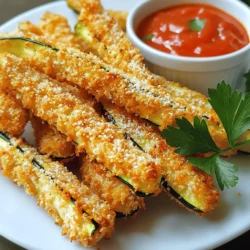 To make crispy air fryer Parmesan zucchini fries, gather these items: - 2 medium zucchinis, cut into fries - 1 cup breadcrumbs (use Panko for extra crunch) - 1/2 cup grated Parmesan cheese - 1 teaspoon garlic powder - 1/2 teaspoon onion powder - 1/2 teaspoon dried oregano - 1/2 teaspoon salt - 1/4 teaspoon black pepper - 1 large egg, beaten - Olive oil spray for a light coating You can add more flavors with these options: - A pinch of cayenne for heat - A teaspoon of Italian seasoning for extra herbs - A sprinkle of smoked paprika for a smoky taste - Fresh herbs like thyme or basil for freshness Serve your crispy zucchini fries with tasty dips, like: - Marinara sauce for a classic touch - Garlic aioli for a creamy kick - Ranch dressing for a cool flavor - A sprinkle of fresh parsley for a pop of color Start by preheating your air fryer to 400°F (200°C). This step is key for crispiness. A hot air fryer cooks the fries evenly and makes them nice and crunchy. Preheating takes just a few minutes, so be patient. Next, grab two medium zucchinis. Cut them into fry shapes. Aim for uniform sizes. This helps them cook evenly. You want them about the size of regular fries. Place the cut zucchini in a bowl to keep them handy for the next steps. In one bowl, beat one large egg. In another bowl, mix one cup of breadcrumbs, 1/2 cup of grated Parmesan cheese, and spices. Add one teaspoon of garlic powder, 1/2 teaspoon of onion powder, 1/2 teaspoon of dried oregano, 1/2 teaspoon of salt, and 1/4 teaspoon of black pepper. Mix it well. Dip each zucchini fry in the egg first. Make sure it's coated fully. Then, roll it in the breadcrumb mixture. Press lightly so the crumbs stick well. Now it’s time to air fry. Place the coated zucchini fries in a single layer in the air fryer basket. Don’t let them overlap; this ensures even cooking. Lightly spray the tops with olive oil spray for that extra crunch. Cook for 10 to 12 minutes. Flip the fries halfway through to get both sides crispy. They should turn golden brown when ready. Carefully take them out and let them cool a bit before serving. Enjoy your tasty snack! To make your zucchini fries extra crispy, use Panko breadcrumbs. They are coarser and create a better crunch. Lightly spray the fries with olive oil before cooking. This spray helps them brown nicely. Avoid overloading the air fryer basket. Give each fry space to breathe. Make sure the zucchini fries are cut evenly. This helps them cook at the same rate. Arrange them in a single layer in the air fryer. If they overlap, they won’t cook evenly. Flip the fries halfway through cooking. This ensures both sides get crispy and golden. One common mistake is not drying the zucchini first. Moisture can make them soggy. Another mistake is skipping the egg wash. The egg helps the breadcrumbs stick. Don’t skip the spices in the breadcrumb mix. They add flavor that makes the fries delicious. {{image_2}} You can easily add more flavor to your zucchini fries. Try adding different spices. A pinch of smoked paprika gives a nice kick. You can also use cayenne for heat. If you love herbs, add dried thyme or basil. Mix any of these into the breadcrumb mixture for a tasty twist. Dipping sauces can take your zucchini fries to the next level. Marinara sauce is a classic choice, perfect for a rich flavor. Garlic aioli adds creaminess and a hint of garlic. You can also try ranch dressing for a cool dip. For a spicy kick, sriracha mayo works wonders too. Feel free to mix and match your favorite sauces. To make these fries gluten-free, swap the breadcrumbs. Use gluten-free breadcrumbs or crushed nuts. Almond flour works great too. Just make sure to check the labels. Also, ensure your other ingredients are gluten-free. This way, everyone can enjoy a crispy snack! To keep your leftover zucchini fries fresh, place them in an airtight container. You can store them in the fridge for up to three days. Make sure the fries are cool before sealing the container. This helps avoid moisture buildup that can make them soggy. When reheating, I recommend using the air fryer again. Set it to 350°F (175°C). Air fry the fries for about 5-7 minutes. This will help restore their crispiness. You can also use an oven, but the air fryer works best for that crunch. If you want to freeze zucchini fries, place them on a baking sheet in a single layer. Freeze them for 1-2 hours until solid. Then, transfer the fries to a freezer bag. They can last up to three months in the freezer. When ready to eat, cook them from frozen in the air fryer. No need to thaw! You should cook zucchini fries in the air fryer for 10 to 12 minutes. Flip them halfway through. This helps them cook evenly. You want them golden brown and crispy. Keep an eye on them toward the end. Cooking times can vary based on your air fryer model. Yes, you can use regular breadcrumbs instead of Panko. However, Panko gives extra crunch. If you want a crispier fry, stick with Panko. Regular breadcrumbs can be softer. They might not hold up as well during cooking. You can use many vegetables in the air fryer. Some great options are carrots, bell peppers, and sweet potatoes. They all become tasty and crispy. Just cut them into similar sizes for even cooking. Season them the same way as zucchini fries for added flavor. Yes, zucchini fries are a healthy snack option. Zucchini is low in calories and high in nutrients. They contain vitamins C and A. The air frying method uses less oil than frying. This keeps the fries lighter. Plus, you can control the amount of cheese and seasoning. Enjoy them guilt-free! In this post, we covered how to make delicious air fryer zucchini fries. I shared the main ingredients and optional seasonings to inspire your taste. You learned step-by-step instructions for the cooking process. We also discussed tips to ensure crispiness and avoid common mistakes. Variations let you customize flavors and dips. Lastly, you gained useful storage and reheating advice. Now, you have all the tools to create tasty zucchini fries at home! Enjoy experimenting with this recipe, and share your results!